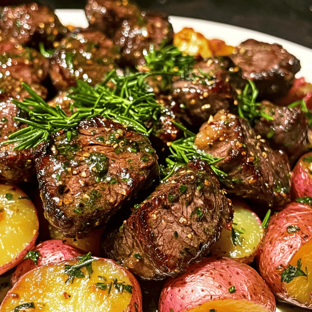 The key to great garlic butter steak bites and potatoes lies in the ingredients. For the steak bites, I use one pound of sirloin steak cut into small pieces. Sirloin has rich flavor, and it cooks well in a short time.