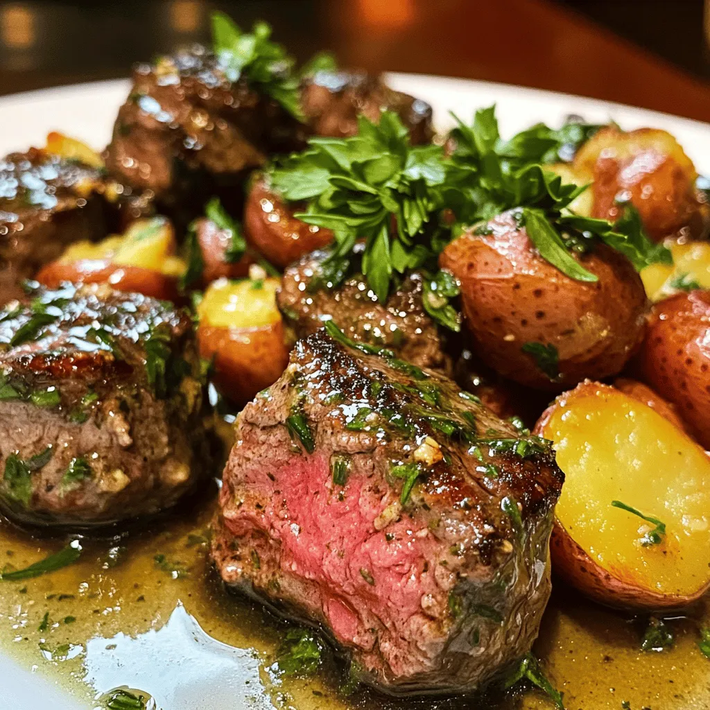 The key to great garlic butter steak bites and potatoes lies in the ingredients. For the steak bites, I use one pound of sirloin steak cut into small pieces. Sirloin has rich flavor, and it cooks well in a short time.