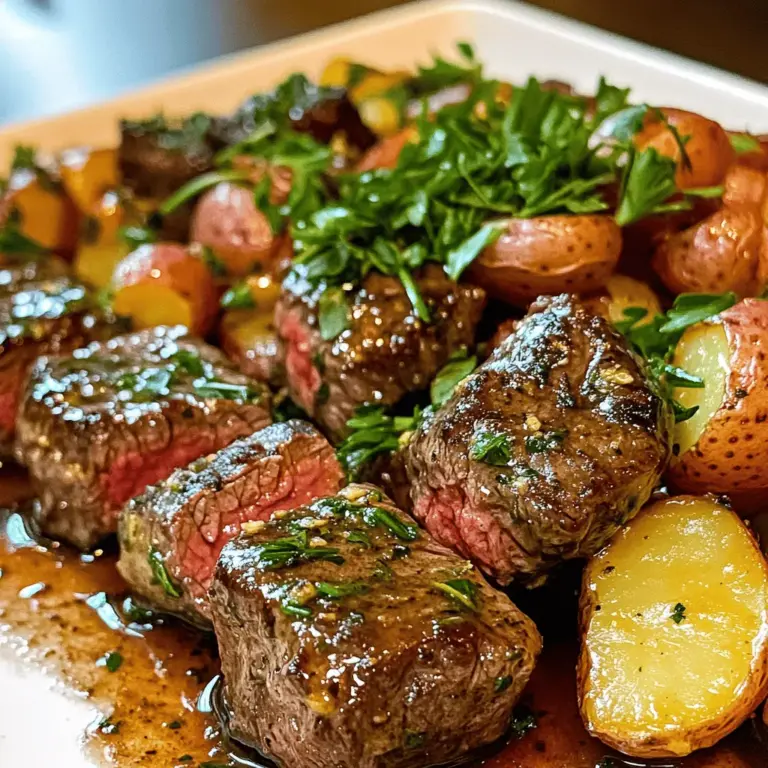 The key to great garlic butter steak bites and potatoes lies in the ingredients. For the steak bites, I use one pound of sirloin steak cut into small pieces. Sirloin has rich flavor, and it cooks well in a short time.