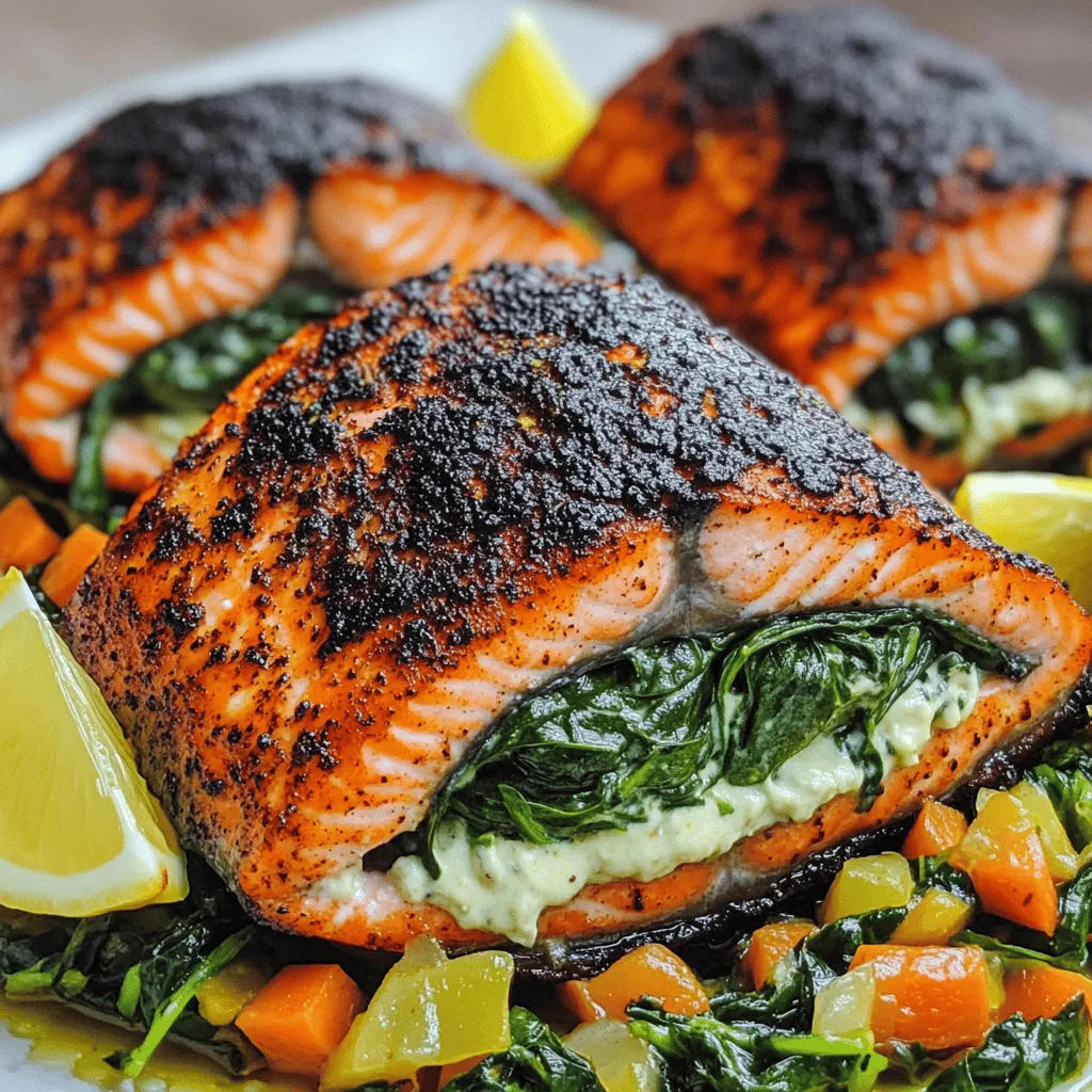 To make the blackened salmon recipe, you need a few key items. First, grab four salmon fillets. Make sure the skin is removed for easy cooking. Next, you’ll need two cups of fresh spinach, chopped fine. This will be the base for your creamy spinach filling. You also need half a cup of cream cheese. This adds richness to the dish. A quarter cup of grated Parmesan cheese gives it a nice, sharp flavor. Don’t forget two cloves of minced garlic, onion powder, paprika, and cayenne pepper. These spices will create that delicious blackened crust. Lastly, have some salt, pepper, and olive oil ready for cooking.