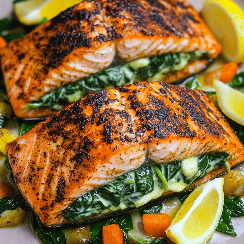 To make the blackened salmon recipe, you need a few key items. First, grab four salmon fillets. Make sure the skin is removed for easy cooking. Next, you’ll need two cups of fresh spinach, chopped fine. This will be the base for your creamy spinach filling. You also need half a cup of cream cheese. This adds richness to the dish. A quarter cup of grated Parmesan cheese gives it a nice, sharp flavor. Don’t forget two cloves of minced garlic, onion powder, paprika, and cayenne pepper. These spices will create that delicious blackened crust. Lastly, have some salt, pepper, and olive oil ready for cooking.