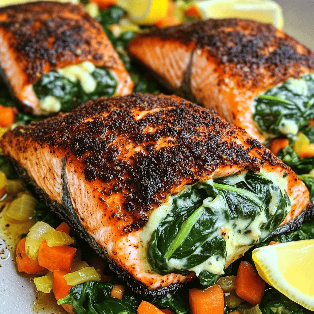 To make the blackened salmon recipe, you need a few key items. First, grab four salmon fillets. Make sure the skin is removed for easy cooking. Next, you’ll need two cups of fresh spinach, chopped fine. This will be the base for your creamy spinach filling. You also need half a cup of cream cheese. This adds richness to the dish. A quarter cup of grated Parmesan cheese gives it a nice, sharp flavor. Don’t forget two cloves of minced garlic, onion powder, paprika, and cayenne pepper. These spices will create that delicious blackened crust. Lastly, have some salt, pepper, and olive oil ready for cooking.