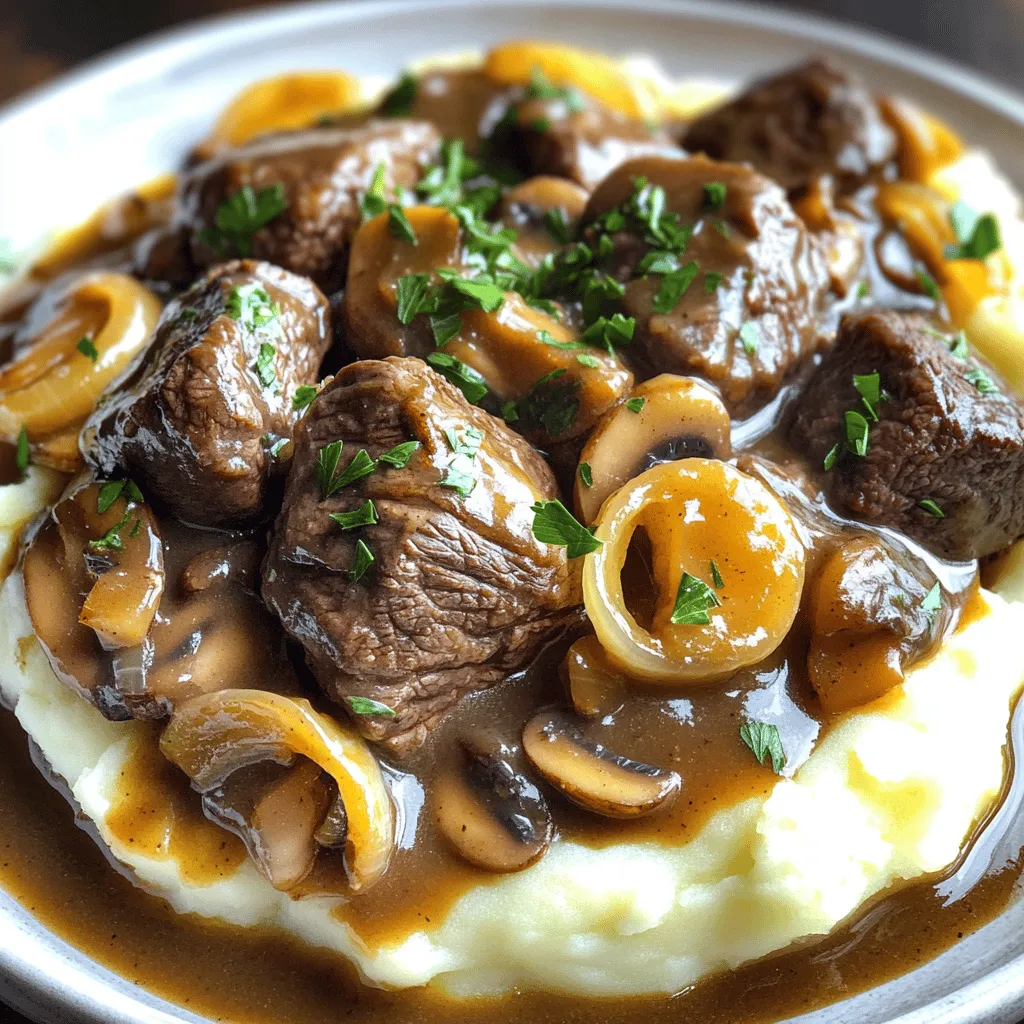 To make beef tips with gravy, you need some key ingredients. First, choose good beef. I recommend using beef sirloin. It has great flavor and tenderness. You will need about 1.5 lbs of beef, cut into 1-inch cubes. This beef tips with gravy recipe shines when you use quality meat.