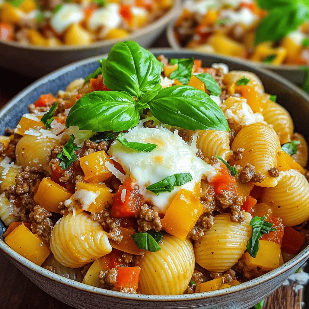 To make Savory Beef & Shell Pasta Bliss, you need a few key ingredients. First, you will use 300g of large shell pasta, which holds the sauce well. Next, you need 500g of ground beef for the protein base. One medium onion, finely chopped, adds sweetness and depth. Two cloves of minced garlic give the dish a nice kick. You will also need one cup of diced bell peppers to add color and crunch.