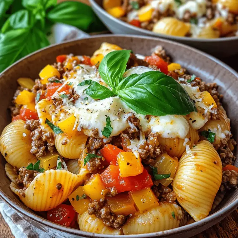 To make Savory Beef & Shell Pasta Bliss, you need a few key ingredients. First, you will use 300g of large shell pasta, which holds the sauce well. Next, you need 500g of ground beef for the protein base. One medium onion, finely chopped, adds sweetness and depth. Two cloves of minced garlic give the dish a nice kick. You will also need one cup of diced bell peppers to add color and crunch.