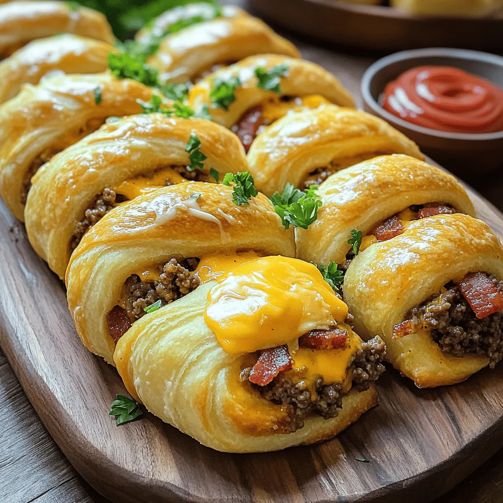 To create garlic butter bacon cheeseburger rollups, you need a few key ingredients. The star of this dish is <strong>ground beef</strong>. Use about one pound for a rich flavor. Next, grab <strong>shredded cheddar cheese</strong>. One cup will add creaminess and melt beautifully. You also need <strong>cooked bacon</strong>, about four slices, crumbled into bits for that crispy touch.” /></p>
</p>
<h2>What Variations Can I Try for This Rollup Recipe?</h2>
</p>
<p>You can make many fun rollup variations. Start by swapping the ground beef for ground turkey. This gives a lighter taste but keeps it juicy. For a kick, add jalapeños or hot sauce to the beef mix. You can also try different cheeses, like pepper jack or mozzarella. Each cheese will change the flavor nicely.</p>
</p>
<h3>What Are Some Creative Flavor Combinations to Explore?</h3>
</p>
<p>Think outside the box with flavors! Try adding BBQ sauce for a smoky twist. You could also mix in some ranch dressing for a creamy touch. If you love veggies, add some diced bell peppers or onions to the beef mix. These add crunch and freshness. You can even use leftover chili as a filling for a hearty meal.</p>
</p>
<h3>How Can I Make These Rollups Vegetarian or Gluten-Free?</h3>
</p>
<p>To make these rollups vegetarian, swap the ground beef for black beans or lentils. Use spices to add depth, like cumin or smoked paprika. For a gluten-free option, look for gluten-free crescent roll dough. You can even use rice paper wrappers for a fun twist. Just be sure to follow the package instructions for best results.</p>
</p>
<h3>What Are Unique Serving Suggestions for Different Occasions?</h3>
</p>
<p>Serve these rollups at parties with fun dips like salsa or guacamole. They make great finger foods for game day. For a fancy touch, sprinkle some fresh herbs on top before serving. You can arrange them on a platter with colorful veggies for a pop of color. If you want a quick dinner, pair them with a salad or soup. These options keep your meal fun and fresh.</p>
</p>
<p>For the full recipe, check out the details above.</p>
</p>
<h2>How Can I Serve Garlic Butter Bacon Cheeseburger Rollups?</h2>
</p>
<p>Garlic butter bacon cheeseburger rollups make great party appetizers. You can serve them as finger food. These rollups are easy to eat and full of flavor.</p>
</p>
<h3>What Are the Best Dipping Sauces to Pair?</h3>
</p>
<p>Ketchup and mustard are classic choices. They add a nice tang to the rich flavors. You can also try ranch dressing or barbecue sauce. Both are tasty and fun for dipping. For a twist, serve with a spicy sriracha mayo. It adds a kick that many guests will love.</p>
</p>
<h3>How Can I Present Rollups for a Party?</h3>
</p>
<p>Presentation is key for any party. Serve the rollups on a large platter. Place them in a circle for a nice look. You can add small bowls of dipping sauces around them. For a fun touch, use toothpicks for easy grabbing. Sprinkle some chopped parsley on top for color and flair.</p>
</p>
<h3>What Are Some Quick Dinner Ideas Involving Rollups?</h3>
</p>
<p>These rollups can be a quick dinner too. Pair them with a simple salad for a balanced meal. You can also serve them with sweet potato fries. This adds a nice crunch. If you have leftover rollups, they make great snacks. Just reheat them in the oven for a few minutes. For the full recipe, check out the detailed instructions above.</p>
</p>
<p><img decoding=