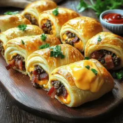 To create garlic butter bacon cheeseburger rollups, you need a few key ingredients. The star of this dish is ground beef. Use about one pound for a rich flavor. Next, grab shredded cheddar cheese. One cup will add creaminess and melt beautifully. You also need cooked bacon, about four slices, crumbled into bits for that crispy touch.