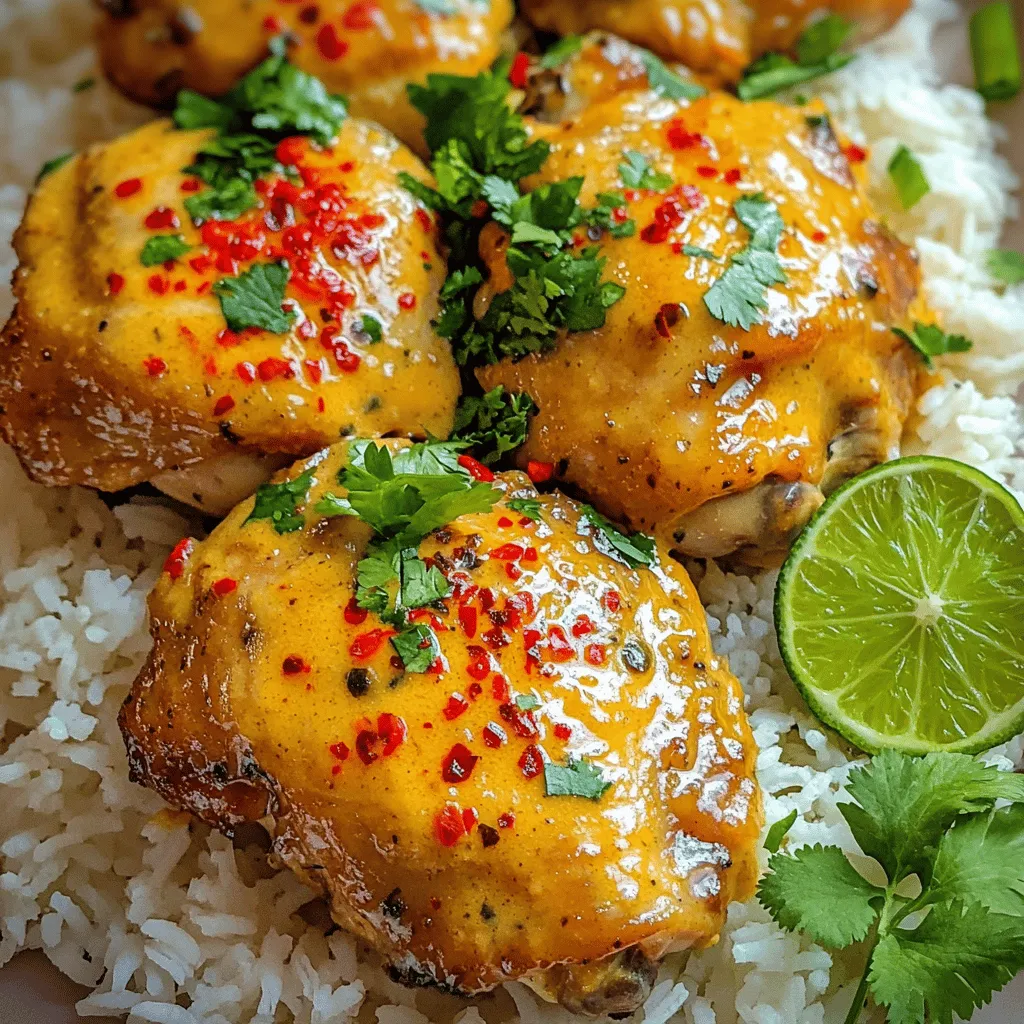 To make a great coconut chicken recipe, you need simple, fresh items. You will need 4 boneless, skinless chicken thighs. These thighs are juicy and great for flavor. A can of coconut milk adds creaminess. You also need a medium onion and three cloves of minced garlic for depth. A red bell pepper gives color and sweetness. Fresh red chilies add spice, so use 1-2 based on your heat preference. Ginger and tomato paste add extra flavor. Olive oil helps cook the chicken, while cumin and smoked paprika add warmth. Salt and pepper balance the dish. Finally, fresh cilantro is a must for garnish, and jasmine rice is perfect for serving.