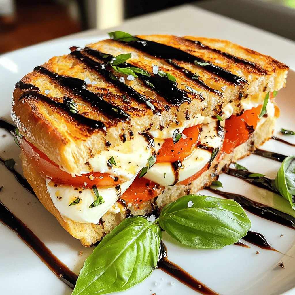 To make a great Caprese panini, you need a few key ingredients. First, <strong>fresh mozzarella</strong> is a must. It should be creamy and soft. Look for mozzarella that is stored in water or whey for the best flavor.” /></p>
</p>
<h2>What Cooking Techniques Should I Use for This Panini?</h2>
</p>
<p>To make a great Caprese panini, you need proper cooking techniques. The best way to cook a panini is by using a panini press. It heats evenly and gives a nice crunch. If you don’t have a press, you can use a skillet instead.</p>
</p>
<h3>What is the Best Way to Cook a Panini?</h3>
</p>
<p>Using a panini press is simple and effective. Preheat the press, then place the filled sandwich inside. Close the lid and let it cook for about 3-4 minutes. The heat will melt the cheese and toast the bread perfectly. This method ensures even cooking and a nice golden color.</p>
</p>
<h3>How Can I Use a Skillet to Make a Caprese Panini?</h3>
</p>
<p>If you choose a skillet, start by preheating it over medium heat. Place the sandwich in the skillet, then use a heavy pan to press it down. This will help to compress the sandwich and create a crispy crust. Cook each side for about 4-5 minutes. Keep an eye on it to avoid burning.</p>
</p>
<h3>What Should I Do to Ensure Even Cooking and Toasting?</h3>
</p>
<p>To ensure even cooking, make sure the heat is not too high. Start at medium heat and adjust if needed. If using a skillet, press down gently but firmly. This helps the heat reach all parts of the sandwich. Flip it carefully to keep the filling intact. No one wants a mess!</p>
</p>
<p>With these techniques, your Caprese panini will turn out delicious every time. You can find the full recipe for this tasty treat and impress your friends and family.</p>
</p>
<h2>What Are Some Delicious Variations of Caprese Panini?</h2>
</p>
<p>Caprese panini are fun to make! You can easily switch up the ingredients for a new taste. Here are some great ideas.</p>
</p>
<h3>What Alternative Ingredients Can I Use?</h3>
</p>
<p>While fresh mozzarella, tomatoes, and basil are classic, you can change things up. Try using burrata cheese instead of mozzarella. It adds a creamy texture. Roasted red peppers can replace fresh tomatoes. They bring a sweet flavor. You could also add arugula for a peppery bite. Swap out basil for pesto for a zesty kick.</p>
</p>
<h3>How Can I Create a Heartier Version of the Caprese Panini?</h3>
</p>
<p>Want a filling meal? Add some protein! Sliced chicken or turkey works great. Grilled eggplant is another option for a hearty touch. You can also add avocado for creaminess. Just layer these on with your classic ingredients. This makes a more filling panini that still tastes amazing.</p>
</p>
<h3>What are Some Creative Caprese-Inspired Dishes?</h3>
</p>
<p>Caprese flavors are great in many dishes. Think about a Caprese pasta salad. Mix cooked pasta with mozzarella, tomatoes, and basil. Drizzle with balsamic glaze for flavor. How about a Caprese flatbread? Use flatbread instead of a panini. Top it with the same ingredients and bake until crispy. You can even make a Caprese skewers appetizer. Just thread mozzarella balls, tomatoes, and basil onto skewers for easy eating.</p>
</p>
<p>For a detailed recipe and more ideas, check out the Full Recipe.</p>
</p>
<p><img decoding=