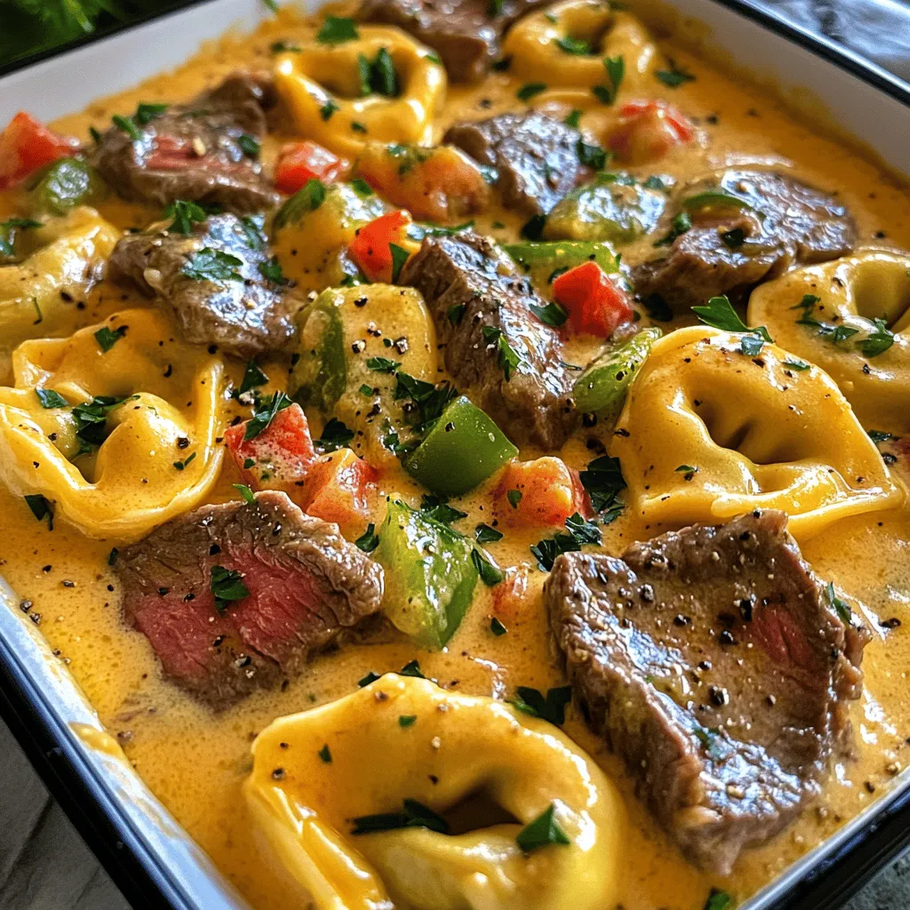 Cheesesteak tortellini mixes classic flavors from a cheesesteak with pasta. This dish stands out in comfort food recipes. It brings warmth and joy to the table. You get the rich taste of ribeye steak, tender pasta, and creamy cheese.