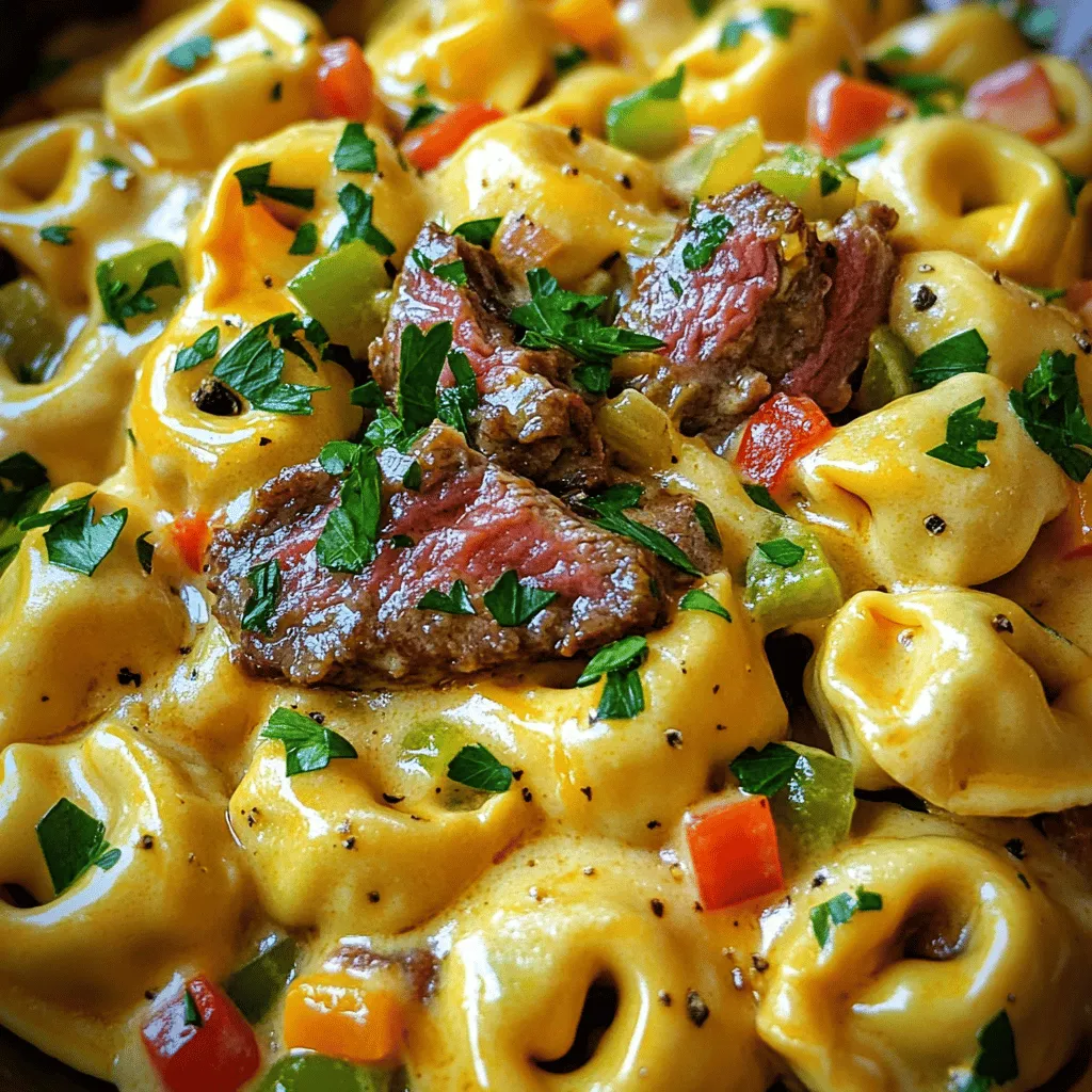 Cheesesteak tortellini mixes classic flavors from a cheesesteak with pasta. This dish stands out in comfort food recipes. It brings warmth and joy to the table. You get the rich taste of ribeye steak, tender pasta, and creamy cheese.