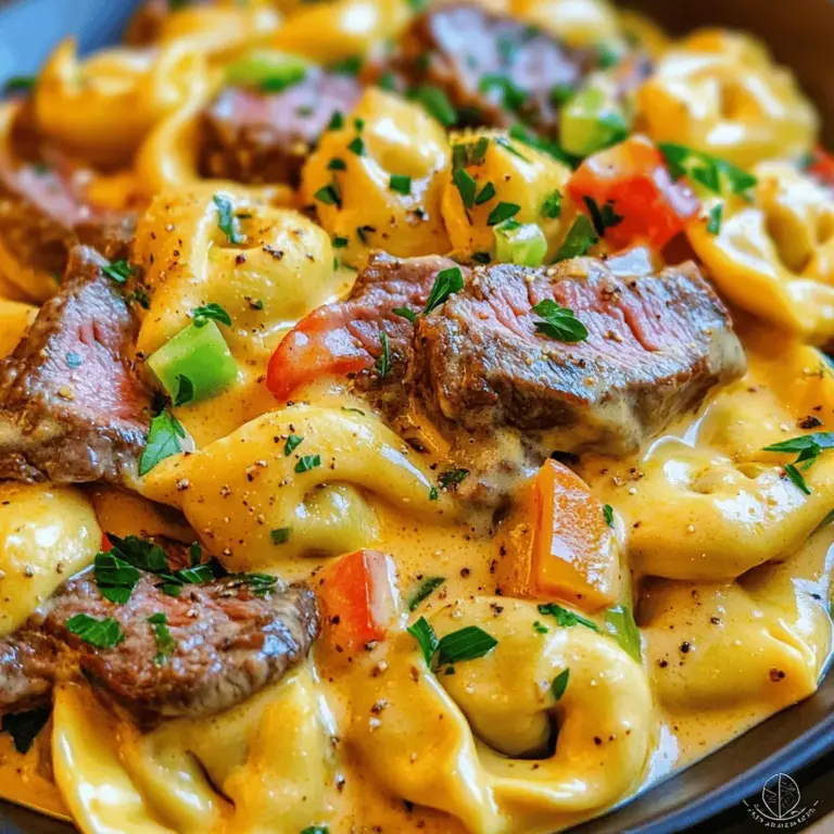 Cheesesteak tortellini mixes classic flavors from a cheesesteak with pasta. This dish stands out in comfort food recipes. It brings warmth and joy to the table. You get the rich taste of ribeye steak, tender pasta, and creamy cheese.