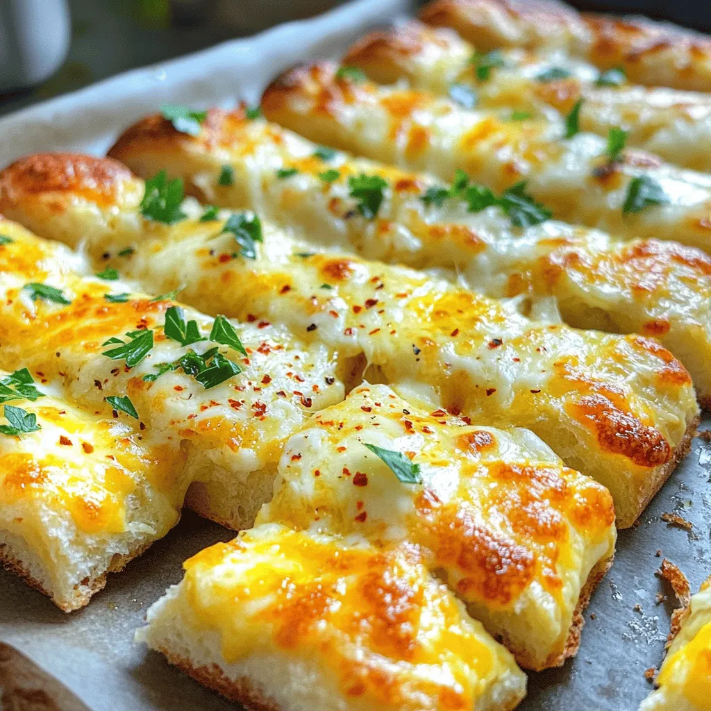 - 1 package (1 lb) refrigerated pizza dough - 4 tablespoons unsalted butter, melted - 4 cloves garlic, minced - 1 teaspoon Italian seasoning - 1 cup shredded mozzarella cheese - 1/2 cup grated Parmesan cheese - 1/4 teaspoon red pepper flakes (optional) - Salt to taste - Fresh parsley, chopped for garnish - Baking sheet - Parchment paper - Rolling pin - Pizza cutter or sharp knife When making cheesy garlic breadsticks, you need the right ingredients. The list above includes everything for this tasty treat. I always choose fresh garlic because it adds the best flavor. If you like a bit of heat, add those red pepper flakes. You can adjust the salt to fit your taste. For equipment, use a baking sheet lined with parchment paper. It makes cleanup easy. A rolling pin helps shape the dough. A pizza cutter or sharp knife will help cut the breadsticks into perfect strips. This recipe is simple and perfect for any meal. You can even make it for a party. For the full recipe, just check out the link above. - Preheat your oven to 400°F (200°C). Line a baking sheet with parchment paper. - Take the refrigerated pizza dough out of the package. Roll it out on a floured surface until it’s about 1/4 inch thick. - In a small bowl, mix the melted butter and minced garlic. - Add the Italian seasoning, red pepper flakes (if using), and a pinch of salt. Stir well to combine. - Brush the dough with the garlic butter mixture. Make sure to cover it evenly. - Sprinkle the shredded mozzarella and grated Parmesan on top of the dough. - Use a pizza cutter or knife to cut the dough into 1-inch wide strips. You can cut them straight or in a fun zigzag pattern. - Carefully transfer the sliced breadsticks onto the prepared baking sheet. - Bake them in the oven for 12-15 minutes until golden and the cheese bubbles. - Once baked, let them cool for a few minutes. Garnish with freshly chopped parsley before serving. Follow the [Full Recipe] for a detailed guide to these cheesy delights. To get the best garlic taste, use fresh garlic. Mince it finely for strong flavor. You can also roast garlic for a sweeter, milder taste. Adjust the amount based on your preference. If you want it stronger, add more garlic. If you prefer it lighter, use less. Don't forget to add a pinch of salt, as it enhances the garlic. For crispy edges, roll the dough thin. Aim for about 1/4 inch thick. If you like soft centers, keep the dough a bit thicker. Bake at 400°F for 12-15 minutes. Keep an eye on them. If the edges turn golden, they’re ready. Letting them bake longer makes them crunchier, while less time keeps them chewy. Dips make great companions for cheesy garlic breadsticks. Marinara sauce is a classic choice. You can also try ranch or a creamy garlic dip. For a fun twist, serve them in a basket lined with parchment paper. This makes it look nice and keeps them warm. Sprinkle some extra cheese or herbs on top before serving for a pop of color. {{image_2}} You can change the cheese for your breadsticks. Mozzarella is great, but you can try other cheeses too. Cheddar adds a sharp taste. Gouda gives a rich, creamy flavor. For a twist, use pepper jack for some heat. Mix and match cheeses to find your favorite blend. Each choice adds a new spin to the classic recipe. Adding herbs or spices makes your breadsticks special. Try fresh basil for a sweet taste. Oregano adds an earthy flavor that pairs well with garlic. You can also mix in some Italian seasoning for a bold kick. For a spicy touch, add crushed red pepper flakes. Experiment with flavors to match your mood or meal. If you need gluten-free options, use gluten-free pizza dough. Many brands offer this now. For a vegan version, swap the butter for olive oil. Use plant-based cheese instead of mozzarella and Parmesan. These swaps keep the taste delicious while fitting your diet. Enjoy your cheesy garlic breadsticks guilt-free! To keep your cheesy garlic breadsticks fresh, place them in an airtight container. Make sure they are cool before storing. They will stay good in the fridge for about 3 to 4 days. If you want to keep them longer, consider freezing them. Always check for any signs of spoilage before eating. To reheat your cheesy garlic breadsticks, you want to keep them crispy. Preheat your oven to 350°F (175°C). Place the breadsticks on a baking sheet. Heat them for about 5 to 10 minutes. This will help revive their crisp texture. You can also use a toaster oven for this step. Avoid the microwave, as it can make them soggy. If you want to freeze your cheesy garlic breadsticks, here’s what to do. First, let them cool completely. Then, wrap each breadstick in plastic wrap or aluminum foil. Place them in a freezer bag or airtight container. They can last in the freezer for about 2 to 3 months. To defrost, simply take them out and let them sit in the fridge overnight. Reheat them as mentioned earlier to enjoy them again. For the full recipe, check out the entire article! Cheesy garlic breadsticks last about three to four days in the fridge. To store them properly, place them in an airtight container. Make sure they cool down first to keep them fresh. You can also wrap them in plastic wrap before putting them in the container. This helps keep moisture in and prevents them from drying out. Yes, you can make cheesy garlic breadsticks ahead of time. You can prepare the dough and let it rest in the fridge for up to 24 hours. This makes it easy to bake them fresh later. For added flavor, let the garlic butter mixture sit for a bit before using it. This allows the garlic and herbs to blend well. Many local restaurants serve tasty cheesy garlic breadsticks. Pizzerias often have their own twist on this dish, using fresh herbs or unique toppings. Some Italian restaurants serve them as part of their appetizer menu. Places like these typically use high-quality cheese and fresh ingredients, making their breadsticks a favorite among customers. You can try them and find your own favorite version! You now have a complete guide to making cheesy garlic breadsticks. We covered the key ingredients and equipment you need, as well as step-by-step instructions to make them mouthwatering. I shared tips for achieving great flavor and texture. You can even try different cheeses or herbs for fun variations. Whether you serve them with dips or enjoy them plain, these breadsticks will impress. Store or freeze leftovers using the best methods to keep them fresh. Enjoy baking these treats and sharing them with friends and family!
