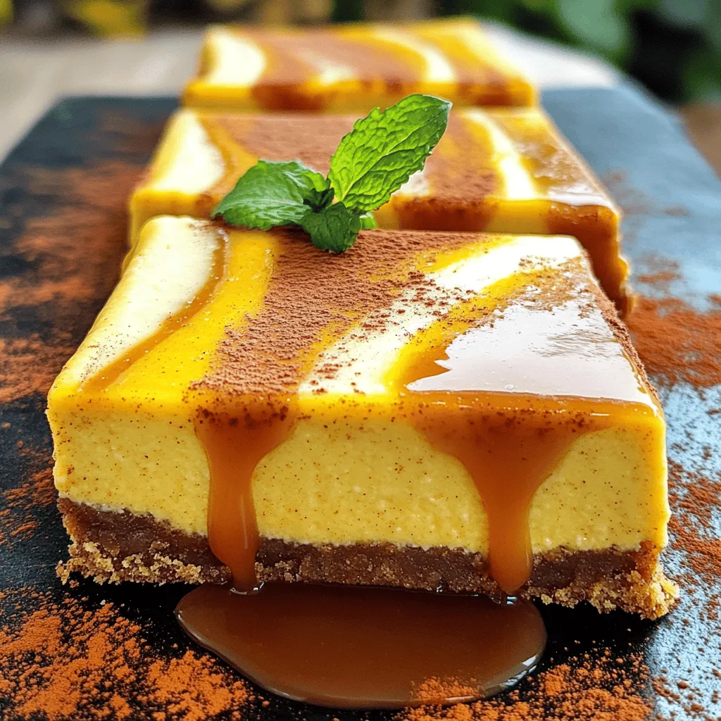 - <strong>Cream Cheese, Pumpkin Puree, and Spices</strong> Cream cheese makes the bars creamy. Pumpkin puree adds rich flavor. Spices like cinnamon and nutmeg give warmth.” /></p>
</p>
<h2>Variations</h2>
</p>
<h3>Gluten-Free Version</h3>
<p>To make a gluten-free version, swap regular graham cracker crumbs with gluten-free crumbs. You can find these at most stores. Use a gluten-free butter substitute if needed. This keeps the crust firm and tasty.</p>
</p>
<p>For texture, ensure you press the crust well. This helps it hold together while baking. You may also add a bit of almond flour for extra flavor and crunch.</p>
</p>
<h3>Vegan Adaptations</h3>
<p>For a vegan version, replace cream cheese with cashew cream or a vegan cream cheese. Use a plant-based butter for the crust. Instead of eggs, you can use flax eggs or applesauce. This keeps the bars moist and adds sweetness.</p>
</p>
<p>To maintain creaminess, blend all filling ingredients until smooth. This ensures a rich and satisfying flavor that everyone will love.</p>
</p>
<h3>Flavor Combinations</h3>
<p>Add chocolate chips or chopped nuts for a fun twist. These toppings enhance the flavor and add texture. You can also try using maple syrup or honey instead of brown sugar. This change offers a unique sweetness to your bars.</p>
</p>
<p>Feel free to experiment! Each variation gives a fresh take on the classic recipe. For the full recipe, check out the earlier section.</p>
</p>
</p>
<h2>Storage Info</h2>
</p>
<h3>Short-Term Storage</h3>
</p>
<p>To keep your caramelized pumpkin cheesecake bars fresh, store them in the refrigerator. Place the bars in an airtight container. This method helps maintain their creamy texture. You can also cover the pan tightly with plastic wrap. The ideal storage duration is up to five days. After that, the quality may decrease, but they will still be safe to eat.</p>
</p>
<h3>Long-Term Freezing</h3>
</p>
<p>If you want to save some for later, freezing works well. To properly freeze the cheesecake bars, let them cool completely first. Then, cut the bars into squares. Wrap each piece tightly in plastic wrap. Place the wrapped bars in a freezer-safe bag or container. This helps avoid freezer burn. You can freeze them for up to three months.</p>
</p>
<p>When you’re ready to enjoy, thaw the bars in the fridge overnight. For a quick option, you can leave them at room temperature for about an hour. If you want to reheat them, do so gently in the oven at a low temperature. This method keeps them soft and creamy. Enjoy your delicious treat any time! For the full recipe, refer to the earlier section.</p>
</p>
<h2>FAQs</h2>
</p>
<h3>How long do caramelized pumpkin cheesecake bars last?</h3>
<p>Caramelized pumpkin cheesecake bars can last in the fridge for about 5 to 7 days. Store them in an airtight container to keep them fresh. If you want to enjoy them longer, you can freeze them. They will stay good in the freezer for up to 3 months.</p>
</p>
<h3>Can I make these cheesecake bars ahead of time?</h3>
<p>Yes, you can make these cheesecake bars ahead of time. In fact, making them a day before serving enhances their flavor. After baking, let them cool and then refrigerate. This allows the bars to set well and makes cutting easier.</p>
</p>
<h3>What can I serve with pumpkin cheesecake bars?</h3>
<p>You can serve these bars with whipped cream for extra creaminess. A scoop of vanilla ice cream also pairs well. For drinks, consider coffee or spiced cider to complement the flavors. Adding nuts or fresh fruit on the side can brighten the plate.</p>
</p>
<h3>Can I substitute fresh pumpkin for canned pumpkin puree?</h3>
<p>Yes, you can use fresh pumpkin instead of canned pumpkin puree. To do this, roast a pumpkin until soft, then scoop out the flesh and puree it. Fresh pumpkin gives a nice taste but may have more water content. You might need to drain it a bit to avoid a soggy texture.</p>
</p>
<p>These caramelized pumpkin cheesecake bars combine rich flavors and easy steps. You learned key ingredients like cream cheese and pumpkin puree, as well as how to make a delicious crust. We covered baking tips and tricks to elevate your dish.</p>
</p>
<p>Whether you want a gluten-free option or a vegan twist, there’s something for everyone. Don’t forget to store leftovers properly for the best taste. Enjoy your baking journey!</p>
</div>