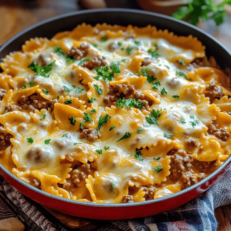 To make Cheesy Beef and Bowtie Pasta, you need some key ingredients. Here’s the list: - 8 oz bowtie pasta - 1 lb ground beef - 1 medium onion, finely chopped - 2 cloves garlic, minced - 1 can (14 oz) diced tomatoes with herbs - 1 cup beef broth - 1 cup shredded cheddar cheese - 1 cup shredded mozzarella cheese - 1 teaspoon Italian seasoning - Salt and pepper to taste - 2 tablespoons olive oil