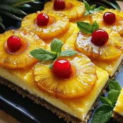 - 1 cup graham cracker crumbs - 1/4 cup unsalted butter, melted - 1/2 cup brown sugar - 1 can (20 oz) pineapple slices in juice, drained - 1/2 cup maraschino cherries, drained - 16 oz cream cheese, softened - 1 cup granulated sugar - 1 teaspoon vanilla extract - 2 large eggs - 1 cup sour cream - 1 tablespoon lemon juice - 1/4 teaspoon salt