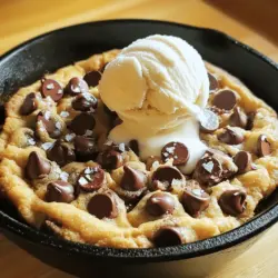 - 1 cup unsalted butter, softened - 3/4 cup brown sugar, packed - 1/2 cup granulated sugar - 1 large egg - 1 teaspoon vanilla extract - 2 1/4 cups all-purpose flour - 1 teaspoon baking soda - 1/2 teaspoon salt - 1 cup semi-sweet chocolate chips - 1/2 cup chopped walnuts (optional) - Sea salt for sprinkling The butter gives the cookie its rich, creamy flavor. I prefer unsalted butter to control the salt level. The brown sugar adds moisture and a slight caramel taste. Granulated sugar helps the cookie rise and adds sweetness. The egg binds everything together, making it soft and chewy. Vanilla extract brings out the cookie's flavor. Flour gives structure, while baking soda helps it rise. Salt enhances all the flavors, and chocolate chips provide that gooey goodness. Walnuts add a nice crunch, but they are optional. If you need to substitute, here are some ideas: - Use coconut oil in place of butter for a dairy-free option. - Swap brown sugar for coconut sugar to make it less sweet. - Use a flax egg instead of a regular egg for a vegan version. - Try almond flour instead of all-purpose flour for a gluten-free cookie. - You can use dark chocolate chips or even white chocolate chips if you prefer. First, preheat your oven to 350°F (175°C). This step gets your oven ready for baking. Next, grab a large mixing bowl. Cream together the softened butter, brown sugar, and granulated sugar. Mix until it looks light and fluffy, about 2-3 minutes. This makes your dough soft and sweet. Now, beat in one large egg and a teaspoon of vanilla extract. Make sure everything is well mixed. In another bowl, whisk together 2 1/4 cups of flour, 1 teaspoon of baking soda, and 1/2 teaspoon of salt. This mix is your dry ingredients. Slowly add the dry mix to your wet mix. Stir gently until it looks just combined. Now fold in 1 cup of semi-sweet chocolate chips. If you like, add 1/2 cup of chopped walnuts for a crunchy texture. Take your cast-iron skillet and grease it with some butter or cooking spray. Spread the cookie dough evenly in the skillet. Use your fingers to press it down gently. This helps it bake evenly. Next, sprinkle a pinch of sea salt over the top. This adds a nice flavor contrast. Place the skillet in your preheated oven. Bake for 20-25 minutes. Look for golden brown edges and a chewy center. It should not be too firm. When it's ready, carefully remove it from the oven. Let the skillet cool for about 10 minutes. This makes it easier to slice. You can serve it straight from the skillet. For a fun touch, add a scoop of vanilla ice cream on top. You can also sprinkle extra chocolate chips for more sweetness. Enjoy your warm chocolate chip cookie skillet! To get the perfect cookie skillet, focus on the butter. Make sure it is softened but not melted. Creaming it well with sugars gives you that light, airy base. Also, don’t over-mix your dough. Mix until just combined for a chewy texture. Bake until the edges are golden brown but the center is still soft. This will give you that perfect gooey bite. You can enhance the flavor in many ways. Try adding a pinch of cinnamon for warmth. A splash of almond extract can bring a nice twist. If you love nuts, use different ones like pecans or hazelnuts. Feel free to mix in white chocolate chips or peanut butter chips too. Don’t forget the sea salt on top. It adds a lovely contrast to the sweet cookie. Many people make a few common errors. First, don’t skip the sea salt. It’s a key player in flavor. Also, be careful not to over-bake. This can lead to a dry cookie. Keep an eye on the time, and check it a few minutes early. Lastly, avoid using cold butter. It won’t blend well with the sugars, affecting the final texture. Follow these tips, and you’ll love your chocolate chip cookie skillet! {{image_2}} You can make this cookie skillet gluten-free easily. Use a gluten-free flour blend instead of all-purpose flour. Look for blends that contain xanthan gum for the best results. This will help maintain the right texture. Your cookie will still be soft and chewy, just like the classic version. To make a vegan chocolate chip cookie skillet, swap the butter for coconut oil or vegan butter. Replace the egg with a flax egg by mixing one tablespoon of flaxseed meal with three tablespoons of water. Let it sit until thickened. Use dairy-free chocolate chips to keep it all plant-based. Get creative with your add-ins! You can mix in peanut butter chips or white chocolate chips. Dried fruits like cranberries or cherries add a nice twist. For a crunchy touch, try adding crushed pretzels or nuts. Top your cookie with whipped cream, caramel sauce, or fresh fruit. These extras will elevate your dessert and make it even more enjoyable. To keep your chocolate chip cookie skillet fresh, store any leftovers in an airtight container. Make sure it cools completely before sealing it. You can keep it at room temperature for up to 3 days. If you want to enjoy it longer, move it to the fridge. When you're ready to eat the cookie skillet again, preheat your oven to 350°F (175°C). Place the skillet in the oven for about 10-15 minutes. This makes the cookie warm and gooey again. If you want it faster, you can use the microwave. Just heat it for 30 seconds at a time until warm. If you want to save some for later, freezing works well. Let the cookie cool completely, then cut it into slices. Wrap each slice in plastic wrap and place them in a freezer-safe bag. You can freeze them for up to 3 months. To enjoy later, let it thaw in the fridge overnight and reheat as mentioned. You can tell the cookie skillet is done when the edges are golden brown. The center should look set but still soft. A toothpick inserted in the center should come out with a few moist crumbs. This means it is ready to enjoy! Yes, you can make the dough ahead of time. Once mixed, cover it tightly and chill it in the fridge. This helps the flavors to blend nicely. Just remember to bring the dough back to room temperature before baking for the best results. I love serving this skillet with a scoop of vanilla ice cream on top. The warm cookie and cold ice cream create a perfect blend of flavors. You can also add whipped cream or chocolate sauce for extra sweetness. Fresh berries add a nice touch too! Yes, you can easily double the full recipe. Just use a larger skillet or bake it in two separate skillets. Keep an eye on the baking time, as it may change slightly. This makes it perfect for parties or gatherings! In this post, we explored the main ingredients, preparation steps, and helpful tips for your cookie skillet. We broke down how to make it perfect, from baking to serving. Use substitutions to fit your needs and try variations for more flavor. Proper storage and reheating keep your dessert fresh. Remember, avoiding common mistakes helps you create a treat everyone loves. With these insights, you can confidently bake and enjoy your cookie skillet. Happy baking!