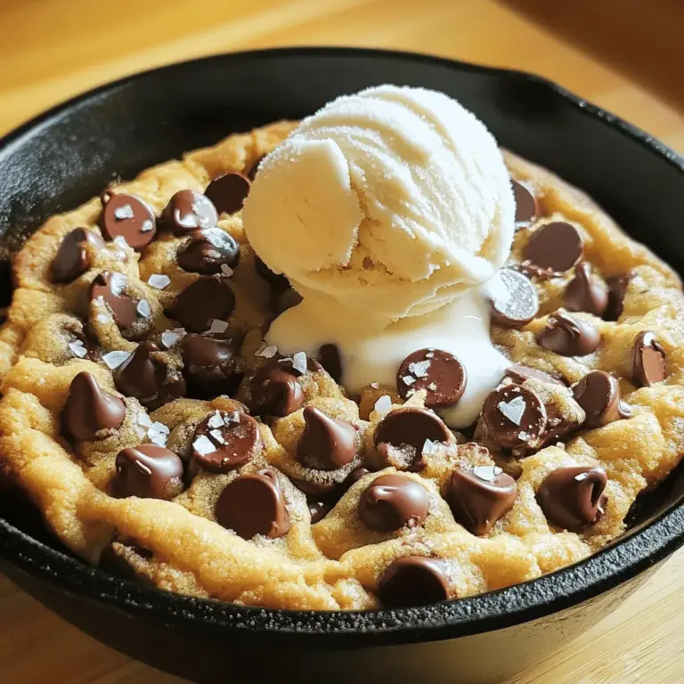 - 1 cup unsalted butter, softened - 3/4 cup brown sugar, packed - 1/2 cup granulated sugar - 1 large egg - 1 teaspoon vanilla extract - 2 1/4 cups all-purpose flour - 1 teaspoon baking soda - 1/2 teaspoon salt - 1 cup semi-sweet chocolate chips - 1/2 cup chopped walnuts (optional) - Sea salt for sprinkling The butter gives the cookie its rich, creamy flavor. I prefer unsalted butter to control the salt level. The brown sugar adds moisture and a slight caramel taste. Granulated sugar helps the cookie rise and adds sweetness. The egg binds everything together, making it soft and chewy. Vanilla extract brings out the cookie's flavor. Flour gives structure, while baking soda helps it rise. Salt enhances all the flavors, and chocolate chips provide that gooey goodness. Walnuts add a nice crunch, but they are optional. If you need to substitute, here are some ideas: - Use coconut oil in place of butter for a dairy-free option. - Swap brown sugar for coconut sugar to make it less sweet. - Use a flax egg instead of a regular egg for a vegan version. - Try almond flour instead of all-purpose flour for a gluten-free cookie. - You can use dark chocolate chips or even white chocolate chips if you prefer. First, preheat your oven to 350°F (175°C). This step gets your oven ready for baking. Next, grab a large mixing bowl. Cream together the softened butter, brown sugar, and granulated sugar. Mix until it looks light and fluffy, about 2-3 minutes. This makes your dough soft and sweet. Now, beat in one large egg and a teaspoon of vanilla extract. Make sure everything is well mixed. In another bowl, whisk together 2 1/4 cups of flour, 1 teaspoon of baking soda, and 1/2 teaspoon of salt. This mix is your dry ingredients. Slowly add the dry mix to your wet mix. Stir gently until it looks just combined. Now fold in 1 cup of semi-sweet chocolate chips. If you like, add 1/2 cup of chopped walnuts for a crunchy texture. Take your cast-iron skillet and grease it with some butter or cooking spray. Spread the cookie dough evenly in the skillet. Use your fingers to press it down gently. This helps it bake evenly. Next, sprinkle a pinch of sea salt over the top. This adds a nice flavor contrast. Place the skillet in your preheated oven. Bake for 20-25 minutes. Look for golden brown edges and a chewy center. It should not be too firm. When it's ready, carefully remove it from the oven. Let the skillet cool for about 10 minutes. This makes it easier to slice. You can serve it straight from the skillet. For a fun touch, add a scoop of vanilla ice cream on top. You can also sprinkle extra chocolate chips for more sweetness. Enjoy your warm chocolate chip cookie skillet! To get the perfect cookie skillet, focus on the butter. Make sure it is softened but not melted. Creaming it well with sugars gives you that light, airy base. Also, don’t over-mix your dough. Mix until just combined for a chewy texture. Bake until the edges are golden brown but the center is still soft. This will give you that perfect gooey bite. You can enhance the flavor in many ways. Try adding a pinch of cinnamon for warmth. A splash of almond extract can bring a nice twist. If you love nuts, use different ones like pecans or hazelnuts. Feel free to mix in white chocolate chips or peanut butter chips too. Don’t forget the sea salt on top. It adds a lovely contrast to the sweet cookie. Many people make a few common errors. First, don’t skip the sea salt. It’s a key player in flavor. Also, be careful not to over-bake. This can lead to a dry cookie. Keep an eye on the time, and check it a few minutes early. Lastly, avoid using cold butter. It won’t blend well with the sugars, affecting the final texture. Follow these tips, and you’ll love your chocolate chip cookie skillet! {{image_2}} You can make this cookie skillet gluten-free easily. Use a gluten-free flour blend instead of all-purpose flour. Look for blends that contain xanthan gum for the best results. This will help maintain the right texture. Your cookie will still be soft and chewy, just like the classic version. To make a vegan chocolate chip cookie skillet, swap the butter for coconut oil or vegan butter. Replace the egg with a flax egg by mixing one tablespoon of flaxseed meal with three tablespoons of water. Let it sit until thickened. Use dairy-free chocolate chips to keep it all plant-based. Get creative with your add-ins! You can mix in peanut butter chips or white chocolate chips. Dried fruits like cranberries or cherries add a nice twist. For a crunchy touch, try adding crushed pretzels or nuts. Top your cookie with whipped cream, caramel sauce, or fresh fruit. These extras will elevate your dessert and make it even more enjoyable. To keep your chocolate chip cookie skillet fresh, store any leftovers in an airtight container. Make sure it cools completely before sealing it. You can keep it at room temperature for up to 3 days. If you want to enjoy it longer, move it to the fridge. When you're ready to eat the cookie skillet again, preheat your oven to 350°F (175°C). Place the skillet in the oven for about 10-15 minutes. This makes the cookie warm and gooey again. If you want it faster, you can use the microwave. Just heat it for 30 seconds at a time until warm. If you want to save some for later, freezing works well. Let the cookie cool completely, then cut it into slices. Wrap each slice in plastic wrap and place them in a freezer-safe bag. You can freeze them for up to 3 months. To enjoy later, let it thaw in the fridge overnight and reheat as mentioned. You can tell the cookie skillet is done when the edges are golden brown. The center should look set but still soft. A toothpick inserted in the center should come out with a few moist crumbs. This means it is ready to enjoy! Yes, you can make the dough ahead of time. Once mixed, cover it tightly and chill it in the fridge. This helps the flavors to blend nicely. Just remember to bring the dough back to room temperature before baking for the best results. I love serving this skillet with a scoop of vanilla ice cream on top. The warm cookie and cold ice cream create a perfect blend of flavors. You can also add whipped cream or chocolate sauce for extra sweetness. Fresh berries add a nice touch too! Yes, you can easily double the full recipe. Just use a larger skillet or bake it in two separate skillets. Keep an eye on the baking time, as it may change slightly. This makes it perfect for parties or gatherings! In this post, we explored the main ingredients, preparation steps, and helpful tips for your cookie skillet. We broke down how to make it perfect, from baking to serving. Use substitutions to fit your needs and try variations for more flavor. Proper storage and reheating keep your dessert fresh. Remember, avoiding common mistakes helps you create a treat everyone loves. With these insights, you can confidently bake and enjoy your cookie skillet. Happy baking!