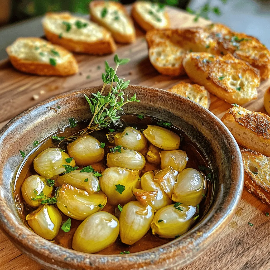 Garlic confit is a simple yet tasty starter. It gives a rich, sweet flavor. To make it, gather two cups of peeled garlic cloves. You will also need one cup of olive oil. If you want to add more taste, include two sprigs of fresh thyme and one bay leaf.
