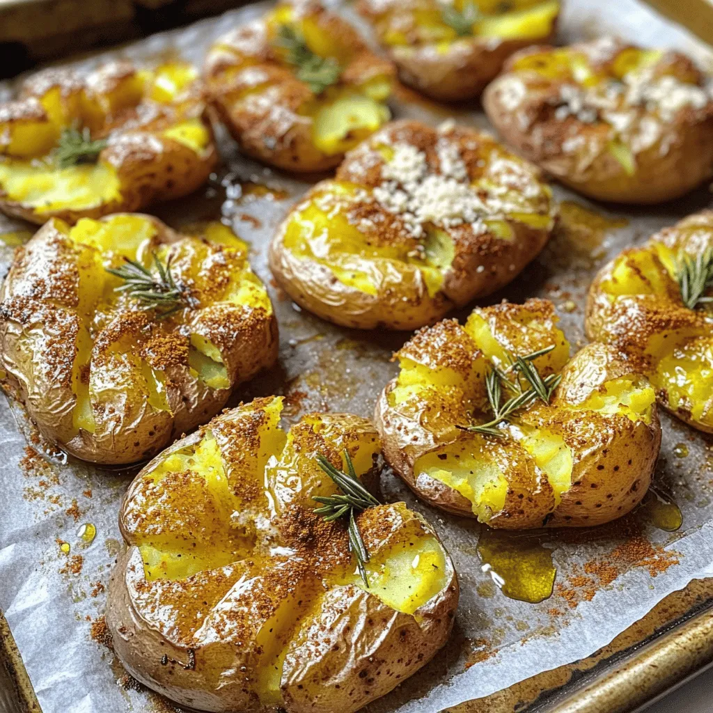 To make crispy smashed potatoes, you need just a few simple ingredients. First, gather 1.5 pounds of baby or small Yukon gold potatoes. You will also need olive oil, garlic powder, smoked paprika, salt, pepper, fresh rosemary, and optional vegan Parmesan cheese. These ingredients combine to create a tasty dish.