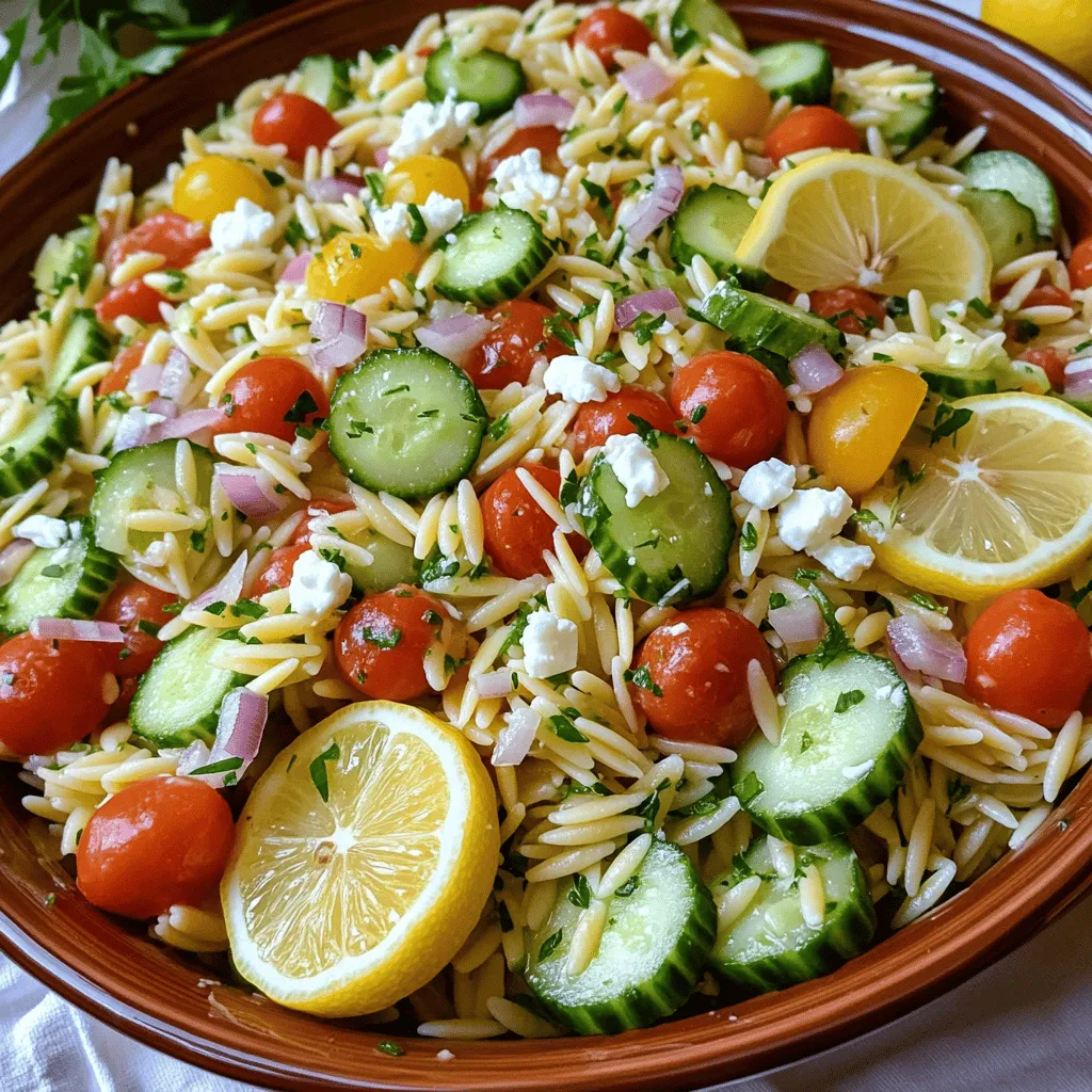 To make lemon orzo pasta salad with cucumbers, you need fresh ingredients. First, gather 1 cup of orzo pasta. This tiny pasta cooks quickly and adds texture. You will also need 1 large cucumber, diced into small pieces. The cucumber gives a cool crunch to the salad. Next, add 1 cup of halved cherry tomatoes for sweetness and color. Then, include 1/4 of a red onion, finely chopped, to add a bit of zing.