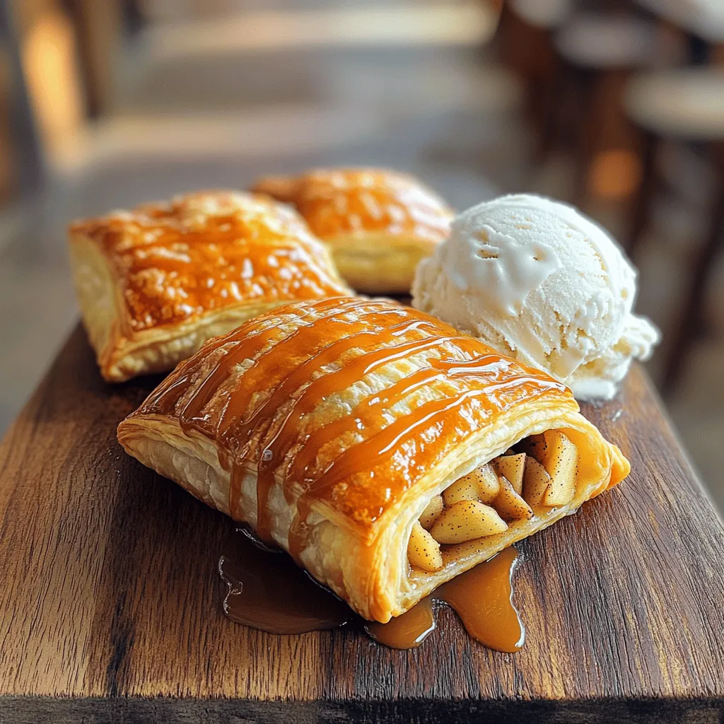 What makes warm apple turnovers so great? It’s the warm, gooey filling and the flaky crust. You get sweet apples, rich caramel, and creamy vanilla ice cream all in one bite.