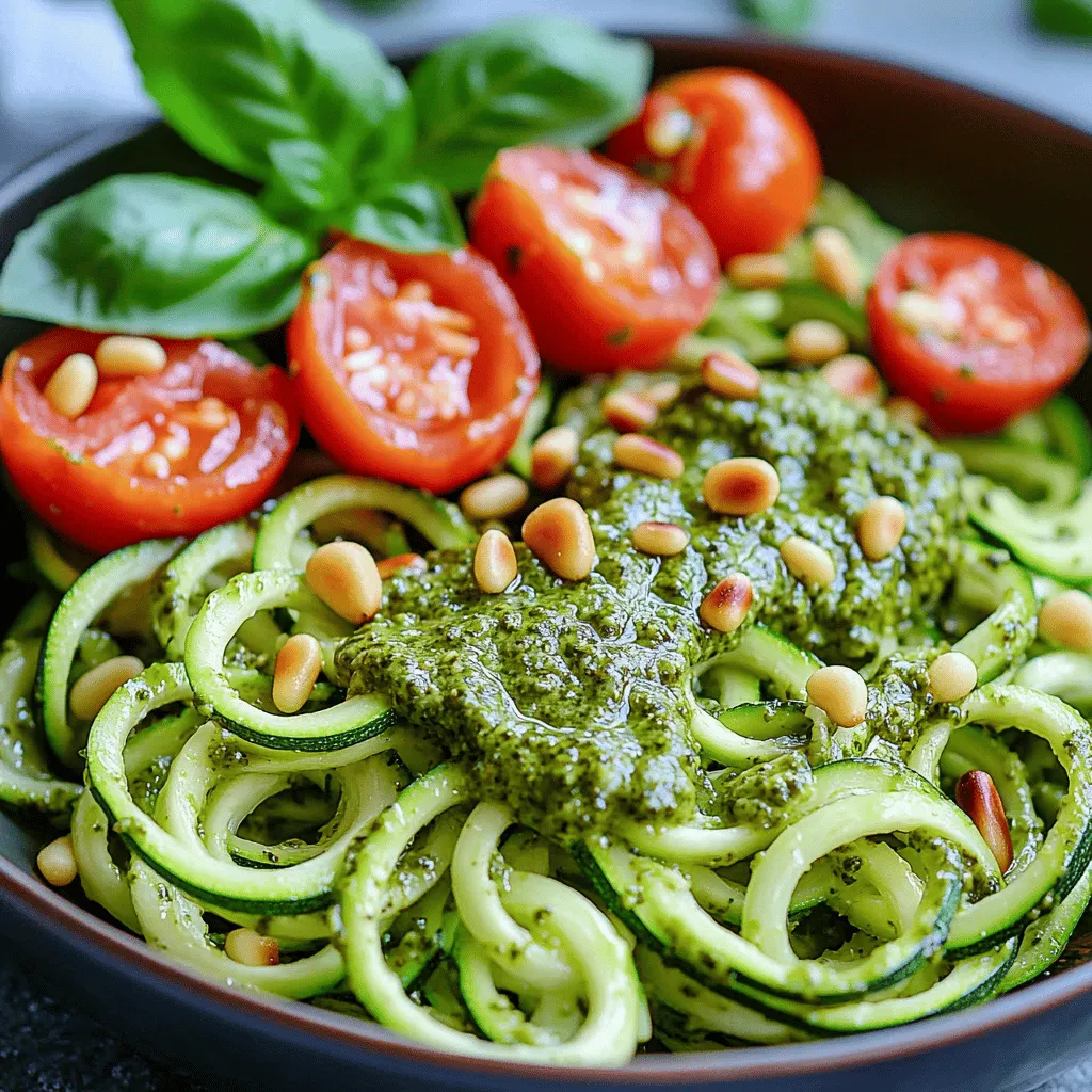 - Zucchini: You'll need 3 medium zucchinis. Start by washing them well. Then, use a spiralizer to make long, thin noodles. If you lack a spiralizer, a vegetable peeler works too. Slice the zucchinis into thin strips. After cutting, place them in a colander. Sprinkle with a little salt and let them sit for about 15 minutes. This step helps to draw out excess moisture. - Fresh Basil: Always use fresh basil for the best flavor. Fresh basil adds a bright taste that dried herbs just can't match. Plus, fresh basil gives your dish a lovely green color. You will need 1 cup of fresh basil leaves. - Pesto Components: The pesto requires a few key ingredients: - Pine nuts: Use 1/3 cup, but walnuts are a great substitute if you prefer. - Garlic: You’ll need 2 cloves, minced for a strong flavor. - Parmesan cheese: Add 1/4 cup. This gives the pesto a creamy texture. For a vegan option, use nutritional yeast instead. - Olive oil: A half cup of extra virgin olive oil makes the pesto smooth and rich. - Cherry tomatoes: Halved cherry tomatoes not only add a pop of color but also a sweet flavor. They pair well with the savory pesto and zucchini. - Extra basil leaves: A few fresh basil leaves on top make for a beautiful presentation. They also enhance the aroma and flavor. - Alternative nuts: You can use walnuts or sunflower seeds if you want to mix things up. Both options add a nice crunch and flavor to your dish. For the full recipe, check out the [Full Recipe]. To start, you need to make the zucchini noodles. You can use a spiralizer to create long, thin noodles. If you don’t have a spiralizer, a vegetable peeler works too. Just peel the zucchini into thin strips. Next, we need to draw out moisture from the zucchini. Place the noodles in a colander and sprinkle them with a little salt. Let them sit for about 15 minutes. This helps keep your dish from getting soggy. Now, let’s make the pesto. Use a food processor for this step. Add fresh basil leaves, pine nuts, minced garlic, and Parmesan cheese. Pulse the mixture until it is coarsely chopped. As you pulse, slowly drizzle in the olive oil. This creates a creamy texture. Make sure to taste and adjust the seasoning with salt and pepper. You want a nice balance of garlic, cheese, and nuts. Once your pesto is ready, it’s time to cook the noodles. Heat a large skillet over medium heat. Add the zucchini noodles and sauté them for about 2-3 minutes. You want them to be soft but still firm. Keep an eye on the temperature to avoid sogginess. Cooking them too long can cause them to lose their nice texture. After cooking, remove the skillet from heat. Toss the warm zucchini noodles with the prepared pesto. Make sure every noodle gets a nice coat of the sauce. For serving, plate the zucchini noodles in a shallow bowl. You can top them with halved cherry tomatoes and fresh basil leaves. This adds color and makes your dish look beautiful. For the full recipe, check out the Zucchini Noodle Delight with Pesto. To avoid wateriness in your zucchini noodles, follow these steps: - Salt the Zucchini: After spiralizing, sprinkle salt on the noodles. Let them sit in a colander for about 15 minutes. This helps draw out excess moisture. - Pat Dry: After draining, use a paper towel to pat the noodles dry. This extra step ensures they stay firm and not soggy. To maintain crunch, cook the zucchini noodles quickly. - Sauté Briefly: Keep the cooking time to just 2-3 minutes. This way, the noodles soften but still hold their shape. - Avoid High Heat: Cooking over high heat can make them mushy. Medium heat is best to keep that nice texture. For storing pesto and keeping it fresh, try these tips: - Use an Airtight Container: Pour the pesto into a container and cover it tightly. This helps prevent air from making it brown. - Add Olive Oil: Drizzle a thin layer of olive oil on top of the pesto before sealing it. This keeps it vibrant and tasty. When it comes to reheating zucchini noodles, here’s how to do it right: - Use Low Heat: Gently heat the noodles in a pan with a little olive oil. This warms them without overcooking. - Mix with Fresh Pesto: Toss the leftover noodles with fresh pesto right before serving. This keeps the flavors bright. To enhance your dish, consider adding proteins: - Grilled Chicken: Slice and add grilled chicken for extra flavor and protein. - Shrimp: Quickly sauté shrimp in olive oil. Toss them in with the noodles. - Chickpeas: For a plant-based option, add chickpeas for a nice crunch. Complement your dish with seasonings: - Red Pepper Flakes: If you like some heat, sprinkle red pepper flakes on top. - Lemon Zest: A touch of lemon zest brightens the flavors beautifully. These tips will help you create a delicious Zucchini Noodle Delight with Pesto. For the full recipe, check out the details in the article. {{image_2}} Substituting pasta: You can use other vegetable noodles if you want a change. Consider using spaghetti squash or carrot noodles. Both options keep the dish light and fresh. Keto-friendly options: If you follow a low-carb diet, adjust the ingredients. Use nutritional yeast instead of cheese. This swap adds a cheesy flavor without the carbs. Nutritional yeast: This ingredient works well as a cheese substitute in pesto. It gives your sauce a savory taste that most people love. Choosing plant-based proteins: You can add chickpeas or lentils for protein. They blend well with the flavors and boost nutrition. Experimenting with other greens: You don’t have to stick to basil. Try spinach, arugula, or kale for a twist. Each green brings its unique taste and color. Nut substitutions: If you have allergies, swap pine nuts for sunflower seeds or pumpkin seeds. These nuts provide crunch and flavor without any risk. To keep your zucchini noodles fresh, store them in the fridge. They last about 2-3 days. Place them in an airtight container or a resealable bag. Adding a paper towel can help absorb extra moisture. Freezing zucchini noodles is also an option. However, they may lose some texture. If you choose to freeze, blanch them first. This helps keep their color and taste. After blanching, cool them quickly in ice water. Then, drain and pack them in freezer bags. They can last up to 3 months in the freezer. To keep your pesto vibrant, store it in an airtight container. Cover the surface with a thin layer of olive oil. This prevents oxidation and keeps the green color. Pesto stays fresh in the fridge for about 5-7 days. If you see any browning, simply stir it before using. For longer storage, consider freezing pesto in ice cube trays. Once frozen, transfer the cubes to a freezer bag. This way, you can use small amounts whenever you want. You can make zucchini noodles using a vegetable peeler or a sharp knife. First, wash the zucchini. Then, use the peeler to create long, thin strips. If you prefer, you can slice the zucchini into long, thin strips with a knife. These methods give you great noodles without needing a spiralizer. Yes, zucchini noodles can be eaten raw. They taste mild and fresh. Eating them raw keeps all the nutrients intact. They pair well with pesto, adding a nice crunch and flavor. You can also add cherry tomatoes for a pop of sweetness. If your zucchini noodles are too watery, sprinkle them with salt. Let them sit for about 15 minutes. This helps draw out excess moisture. Afterward, you can pat them dry with a towel. Sautéing them briefly can also help reduce water content. To prep zucchini noodles ahead of time, spiralize them and store them in an airtight container. Keep them in the fridge for up to three days. You can also make the pesto ahead and store it separately. When ready to eat, just sauté the noodles and mix in the pesto. This keeps your meal fresh and tasty. Check out the Full Recipe for more details! In this blog post, we explored how to make delicious zucchini noodles with homemade pesto. I shared essential ingredients and step-by-step instructions for creating this healthy dish. You learned about tips for perfecting the noodles, variations for different diets, and storage methods to keep your ingredients fresh. This meal is easy to customize and great for any occasion. Enjoy experimenting with flavors and make this dish your own!