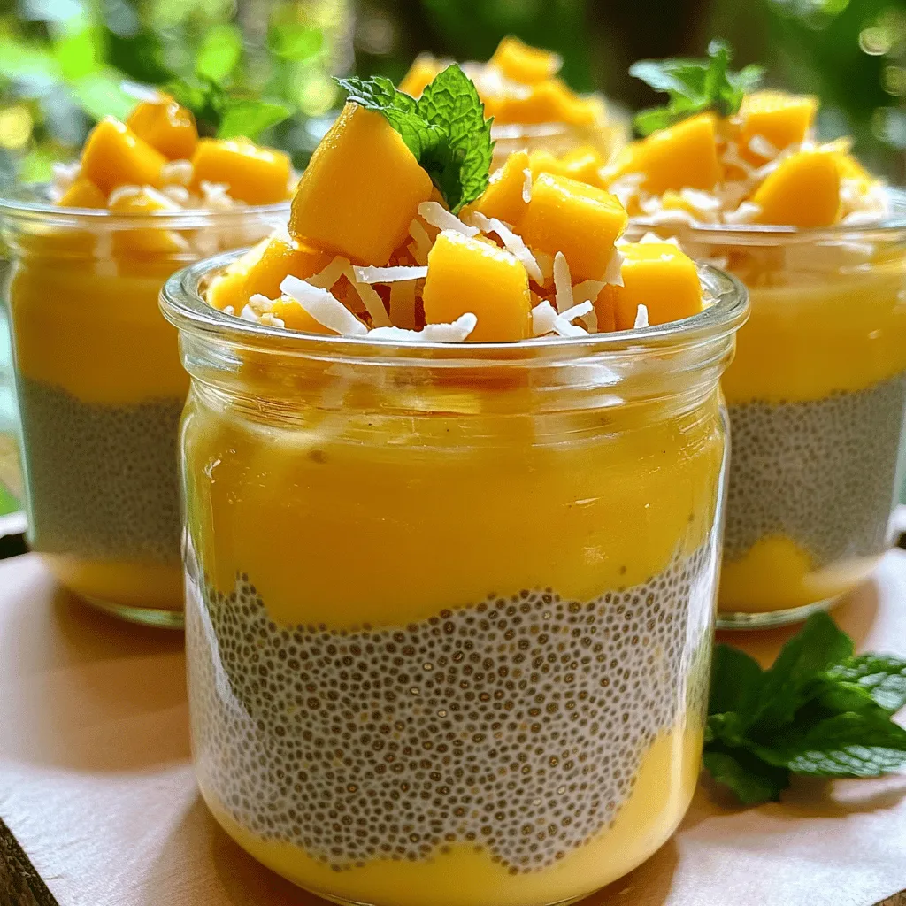 To make Mango Coconut Chia Pudding, you need simple ingredients that blend well. Here’s what you’ll need: - 1 cup coconut milk (canned or refrigerated) - 1/4 cup chia seeds - 2 tablespoons honey or maple syrup (adjust to taste) - 1 teaspoon vanilla extract - 1 ripe mango, peeled and diced These main ingredients create a creamy base and a fresh flavor that sings of summer. To make your pudding even better, consider these garnishes: - Toasted coconut flakes - Fresh mint leaves These add texture and a pop of color to your dish. They make it look pretty too! You can switch out some ingredients based on what you have or prefer: - Dairy alternatives: Use almond or oat milk if you want a non-dairy option. - Sweetener options: Use agave syrup or stevia if you want something different. - Fruit variations: Try using berries, bananas, or even peaches for a twist. These easy swaps let you customize your pudding to fit your taste. For the full recipe, check out the details above. 1. In a mixing bowl, whisk together the coconut milk, honey or maple syrup, vanilla extract, and a pinch of salt. Make sure it is well combined. This step is key for a smooth base. 2. Now, stir in the chia seeds. Ensure they are evenly distributed throughout the mixture. This helps them absorb the liquid. 3. Cover the bowl and refrigerate the mixture for at least 4 hours or overnight. Chilling is essential for the seeds to expand and create that pudding-like texture. 1. To serve, divide the pudding into bowls or jars. Layer the diced mango on top for a bright look and fresh taste. 2. You can also use fun serving vessels like mason jars or small glasses. They add a nice touch to any table setting. 3. For added flavor, sprinkle toasted coconut flakes on top. Fresh mint leaves can also enhance the dish's appeal. - For the ideal chia seed consistency, make sure you whisk well and stir after chilling. This prevents clumps from forming. - Chilling time is crucial. It allows the chia seeds to soak up the liquid fully. Aim for at least 4 hours, but overnight is best for great results. This easy recipe for Mango Coconut Chia Pudding is quick to make and tastes amazing. Enjoy every creamy bite! To make your Mango Coconut Chia Pudding even better, try adding spices. A pinch of cinnamon adds warmth and depth. You can also infuse the coconut milk with vanilla beans. Just heat the milk gently with the beans, then cool it down. This makes the milk sweeter and richer. If you want to save time, make your pudding ahead. Mix it up the night before, so it’s ready in the morning. For best results, store it in a sealed container. This keeps it fresh and tasty for up to five days in the fridge. Chia seeds are tiny powerhouses. They are high in fiber, protein, and omega-3 fatty acids. This makes them great for your digestion and heart health. Coconut milk is also beneficial. It’s rich in healthy fats, which can give you energy. Plus, it adds a delicious creaminess to your pudding. For the Full Recipe, check out the detailed steps to make this delightful dish! {{image_2}} You can mix things up with fun flavors. Add tropical fruits like pineapple or kiwi. Both will give a bright taste. They pair well with mango. You can also try different nut milks. Almond or cashew milk can make it creamy. Each milk choice will change the taste slightly. Experimenting can lead to your favorite combo. Make this pudding into a parfait for a treat. Layer the pudding with yogurt for a creamy texture. It makes a great breakfast or snack. You can add granola between layers too. This adds crunch and flavor. Top it with fruits for a colorful dessert. Kids will love it! You can change this recipe for the seasons. Use spices like cinnamon or nutmeg for a warm touch. For fall, try a pumpkin spice version. Just add pumpkin puree to the mix. It gives a cozy feel and is fun for holidays. Adjust your toppings to match the season too. Store your Mango Coconut Chia Pudding in the fridge. Use a sealed jar for best results. Jars keep the pudding fresh and tasty. Bowls work too, but they may not seal as well. If you use a bowl, cover it tightly with plastic wrap. This keeps out air and moisture. Your pudding lasts about five days in the fridge. After five days, the taste and texture may change. You can freeze the pudding, but it may alter the texture. If you freeze it, use a freezer-safe jar. Let it thaw in the fridge overnight before eating. Check for a sour smell or off-color. If it looks watery or clumpy, it may not be good. Always trust your senses. When in doubt, throw it out. Enjoy your Mango Coconut Chia Pudding fresh for the best taste. For the full recipe, please refer to the earlier sections. Chia pudding is a simple dish made from chia seeds soaked in liquid. The seeds absorb the liquid and swell, creating a thick and creamy texture. You can use various liquids like coconut milk, almond milk, or dairy milk. This pudding is healthy and often includes sweeteners and flavors. Yes, you can use almond milk instead of coconut milk. Almond milk will change the flavor a bit, but it still tastes great. Make sure to pick unsweetened almond milk for a healthier version. This swap keeps the dish light and dairy-free. To make this recipe vegan, simply use maple syrup instead of honey. Maple syrup is a perfect sweetener for vegan diets. The rest of the ingredients in the Mango Coconut Chia Pudding are already vegan-friendly. Absolutely! This Mango Coconut Chia Pudding is perfect for meal prep. You can make it ahead and store it in the fridge for up to five days. Just divide it into jars or cups. Grab one whenever you need a quick snack or breakfast! Yes, you can use frozen mango in this recipe. Just thaw the mango before adding it to the pudding. Frozen mango can be a great option when fresh mango is out of season. It still brings great flavor and sweetness to your dish. One serving of Mango Coconut Chia Pudding has about 200 calories. This can vary based on the sweetener and toppings you choose. It’s a nutritious snack or breakfast that keeps you full and satisfied! For the complete recipe, check the Full Recipe. This blog post covered how to make Mango Coconut Chia Pudding. We discussed key ingredients like coconut milk, chia seeds, and fresh mango. You learned about steps for preparation, serving tips, and ways to enhance flavor. I shared storage tips to keep your pudding fresh and ideas for variations. In closing, this healthy dessert is simple and fun. Try out different flavors and ingredients to make it your own. Enjoy the tasty benefits of chia seeds and coconut milk in every bite!