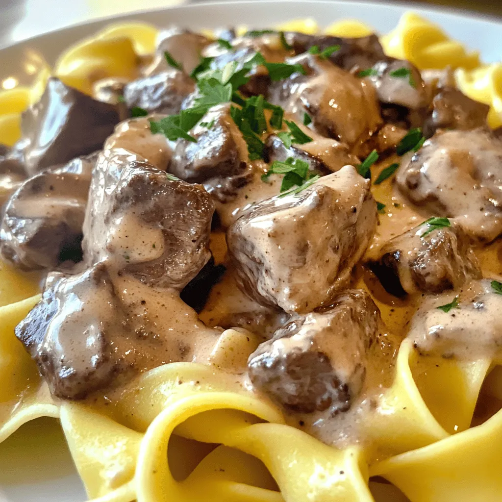 - 1 pound beef chuck, cut into 1-inch cubes - 12 ounces egg noodles - 8 ounces mushrooms, sliced - 2 tablespoons all-purpose flour - 1 teaspoon salt - 1/2 teaspoon black pepper - 1 tablespoon Dijon mustard - 1 tablespoon Worcestershire sauce - 1/2 cup sour cream - 1 tablespoon fresh parsley, chopped for garnish When I cook beef stroganoff, I focus on quality ingredients. Beef chuck adds great flavor and tenderness. The egg noodles soak up the rich sauce. Mushrooms give a lovely umami taste that enhances every bite. I keep some pantry staples on hand. All-purpose flour helps thicken the sauce. Salt and black pepper add basic seasoning. A touch of Dijon mustard elevates the flavor without being too strong. Optional enhancements are fun to play with. Worcestershire sauce brings extra depth. Sour cream makes the dish creamy and rich. Fresh parsley adds a pop of color and freshness at the end. If you want to try this dish, check out the Full Recipe for detailed steps! - Coating with flour Start by cutting the beef chuck into 1-inch cubes. In a large bowl, add the beef, flour, salt, and black pepper. Toss the beef until it is well coated. This step helps create a nice crust. - Browning in the Instant Pot Set your Instant Pot to Sauté mode. Heat the olive oil until it shimmers. Add the beef in batches. Brown the cubes on all sides, which takes about 4-5 minutes per batch. Once browned, remove the beef and set it aside. - Sautéing onions and garlic In the same pot, add the diced onion. Sauté for 2-3 minutes until the onion is soft and translucent. Then, stir in the minced garlic. Cook for about 30 seconds, just until fragrant. - Adding mushrooms and flavors Now, add the sliced mushrooms to the pot. Cook them for about 3-4 minutes, until they are tender. The mushrooms will soak up all the delicious flavors from the onions and garlic. - Combining ingredients in the Instant Pot Return the browned beef to the pot. Pour in the beef broth and Worcestershire sauce. Stir everything well to mix. This will create a rich and tasty base for your stroganoff. - Setting cooking time and pressure Lock the lid on the Instant Pot. Set it to Manual or Pressure Cook on high for 10 minutes. This allows the beef to become tender and soak up all the flavors. After cooking, let the pressure release naturally for 5 minutes, then switch to a quick release. Carefully open the lid. Now, you’re ready to add the sour cream and Dijon mustard for that creamy finish. Enjoy your meal! For a complete guide, refer to the Full Recipe. Browning the meat is key. It adds flavor and depth to your dish. When you brown the beef, do it in batches. This helps each piece cook evenly. I love using beef chuck for this recipe. It has great flavor and becomes tender during cooking. You can change the creaminess with sour cream. Adding more sour cream makes it richer. If you want a different flavor, try using a mix of sauces. Adding mustard or even barbecue sauce can create a fun twist. Timing is important when cooking egg noodles. Make sure to start them after the beef is cooked. This way, they will be fresh and hot when you serve. To avoid sticky noodles, stir them while cooking. You can also rinse them with cold water after draining to keep them separate. For the full recipe, check the details above. {{image_2}} You can make your beef stroganoff even better by adding vegetables. Peas and carrots work well. They add color and nutrition. You can also try bell peppers or spinach for more flavor. If you add peas, put them in during the last few minutes of cooking. For carrots, chop them small and add them with the beef. This keeps them firm and tasty. Cooking times change based on what veggies you choose. Just keep an eye on them so they don’t get too soft. If you want a change, try chicken or pork instead of beef. Chicken breast cooks faster, so cut it into smaller pieces. Use about 8 minutes of pressure cooking for chicken. Pork can add a nice flavor too. Use pork shoulder or tenderloin for the best results. Adjust the cooking time to about 10-12 minutes for pork. This way, you can still enjoy a creamy dish that fits your taste. For a gluten-free meal, swap the egg noodles for gluten-free pasta. Look for rice noodles or corn-based noodles at the store. They cook quickly and taste great. Adjust the sauce by using gluten-free flour to thicken it. You might need a little more broth to keep it creamy. Test it out and find the right mix for your taste. With these changes, everyone can enjoy this dish, no matter their diet. For the full recipe, see the previous section. To keep your beef stroganoff fresh, use airtight containers. Glass or plastic containers work well. Make sure to let the dish cool before sealing. Store it in the fridge for up to three days. This helps keep flavors intact. When you are ready to enjoy leftovers, the microwave is a quick option. Place the stroganoff in a microwave-safe bowl. Heat it for one minute, then stir and heat again until warm. For stovetop reheating, use a pan over low heat. Stir often to keep it smooth. Add a splash of beef broth or water if it seems thick. This helps maintain creaminess and flavor. If you want to save some for later, freezing works well. First, let the dish cool completely. Then, portion it into freezer-safe bags or containers. Remove as much air as possible to avoid freezer burn. You can freeze it for up to three months. When you are ready to eat, thaw it overnight in the fridge. Reheat it on the stovetop or in the microwave. Enjoy your beef stroganoff just like when it was fresh! For the recipe, refer to the Full Recipe. Making Instant Pot beef stroganoff is quick and easy. It takes about 15 minutes to prep. The cooking time is just 10 minutes in the Instant Pot. After cooking, let it sit for 5 minutes to release pressure. The total time from start to finish is around 45 minutes. You will love how fast this dish comes together! Yes, you can prepare this dish ahead of time. Cook the beef stroganoff as directed. Let it cool before storing. Place it in an airtight container. It can stay in the fridge for up to three days. When you are ready to eat, reheat in the microwave or on the stovetop. Add a splash of beef broth to keep it creamy. Absolutely! This dish is great for kids. To make it more appealing, cut down on the spices. You can use less black pepper or even skip the Dijon mustard. Serve it over egg noodles, which kids often enjoy. It’s a hearty meal that the whole family will love. You now know how to make Instant Pot Beef Stroganoff easily and quickly. We covered the key ingredients, cooking techniques, and helpful tips. You can customize the dish to suit your taste and dietary needs. Remember to store and reheat leftovers carefully to keep them tasty. This recipe is great for family meals or meal prep. I hope you enjoy making and sharing this dish with others. Happy cooking!