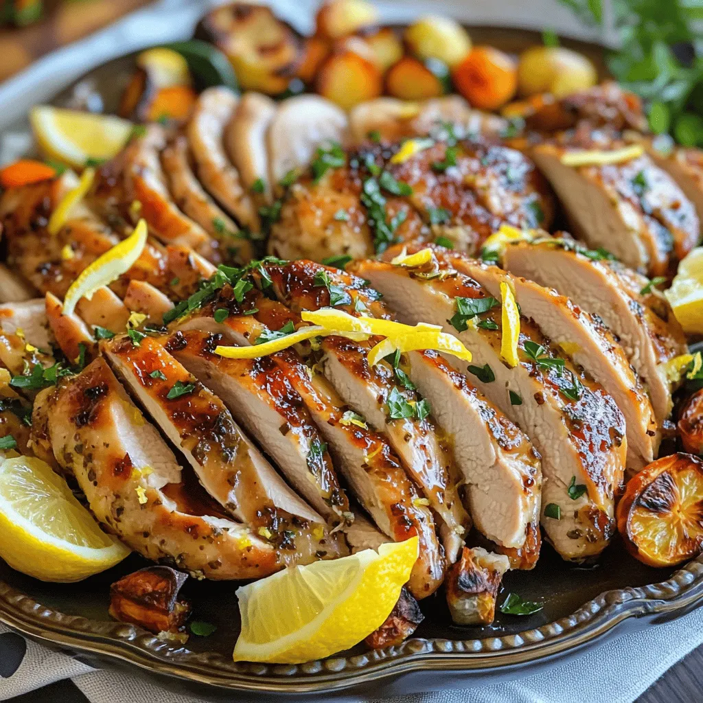 Zesty Lemon Herb Chicken is a bright and tasty dish. It brings a fresh taste to dinner. This recipe serves four and takes about 30 minutes to prep and cook. You can enjoy juicy chicken that bursts with flavor. Here are the key ingredients you need: - 4 boneless, skinless chicken breasts - 1/4 cup fresh lemon juice (about 2 lemons) - 3 tablespoons olive oil - 4 cloves garlic, minced - 1 tablespoon honey - 2 teaspoons Dijon mustard - 1 tablespoon fresh thyme leaves (or 1 teaspoon dried thyme) - 1 tablespoon fresh rosemary, chopped (or 1 teaspoon dried rosemary) - Salt and pepper to taste - Zest of 1 lemon - Fresh parsley, chopped (for garnish) These ingredients work together to create a great balance of zest and herb flavors. You can add your own twist with these options: - Red pepper flakes for heat - Lemon slices for a stronger citrus taste - Spinach or arugula for a fresh side These add-ins allow you to customize the dish to your liking. Enjoy creating your perfect Zesty Lemon Herb Chicken! Start by making the marinade. In a bowl, mix fresh lemon juice, olive oil, minced garlic, honey, and Dijon mustard. Add thyme, rosemary, lemon zest, salt, and pepper. Whisk until it is well blended. Next, take the chicken breasts and place them in a large resealable bag or a shallow dish. Pour the tasty marinade over the chicken. Make sure all the pieces are coated well. Seal the bag or cover the dish. Let it sit in the fridge for at least 30 minutes. For the best flavor, let it marinate for up to 2 hours. When you are ready to cook, heat your grill or a large skillet over medium-high heat. If you choose to use a skillet, add a little oil to keep the chicken from sticking. Remove the chicken from the marinade. Let any extra marinade drip off before cooking. Discard the rest of the marinade. If grilling, place the chicken on the grill. Cook for about 6-7 minutes on each side. You want the chicken to be fully cooked and no longer pink inside. The internal temperature should reach 165°F (75°C). If using a skillet, follow the same cooking time and check for doneness. After cooking, let the chicken rest for about 5 minutes. This resting time helps keep the chicken juicy. Slice the chicken and place it on a serving platter. For a bright finish, sprinkle chopped parsley on top. You can make the dish even more appealing by serving it with seasonal roasted vegetables or a fresh salad. Arrange the chicken slices in a fan shape on the platter. Drizzle any leftover juices over the chicken for extra flavor. Adding lemon wedges around the plate also gives a nice touch. For the full recipe, check out the details above. Enjoy your Zesty Lemon Herb Chicken! To make the best marinade, mix the right flavors. Start with fresh lemon juice and olive oil. These two add brightness. Add minced garlic for depth. Honey brings sweetness, while Dijon mustard gives a nice kick. Fresh herbs like thyme and rosemary make the flavor pop. Use salt and pepper to balance everything out. Let the chicken soak for at least 30 minutes. For the best results, marinate for up to 2 hours. This lets the chicken absorb all the yummy flavors. To keep your chicken juicy, start with high-quality chicken breasts. They should be fresh and not frozen. After marinating, let excess liquid drip off. This helps avoid steaming when cooking. Cook on medium-high heat, either on a grill or in a skillet. Aim for about 6-7 minutes on each side. Check the internal temperature; it should reach 165°F. After cooking, let the chicken rest for 5 minutes. This step helps the juices settle back in. You will love the moist, tender chicken this way! Some tools can make cooking easier and more fun. A good meat thermometer helps check the chicken's doneness. Use a whisk to mix the marinade well. A large resealable plastic bag is perfect for marinating. It keeps the chicken coated and saves space in your fridge. Finally, have a sharp knife ready for slicing. This way, you get nice, clean cuts. These tools will help you make the best zesty lemon herb chicken. For the full recipe, check out the detailed steps above! {{image_2}} If you want to switch things up, try using different proteins. Chicken is great, but other meats work well too. You can use turkey breasts for a leaner option. Pork chops also soak up the lemon herb flavors nicely. For a plant-based choice, consider marinating tofu or tempeh. They absorb the marinade well and offer a tasty alternative. Feel free to play with the herbs in this recipe. If you don’t have fresh thyme, use dried oregano or basil. Both bring a nice flavor twist. You can also mix in some dill or cilantro for a fresh taste. Want a spicy kick? Add a pinch of red pepper flakes to the marinade. It gives the chicken a warm heat that balances the lemon. To make your meal shine, serve the chicken with sides that complement its zesty flavor. Roasted vegetables like carrots and asparagus pair beautifully. A light salad with mixed greens, cherry tomatoes, and a lemon vinaigrette adds freshness. For a heartier option, try serving it with quinoa or rice. These sides soak up the lemony juices and enhance your meal experience. For more inspiration, check out the Full Recipe for Zesty Lemon Herb Chicken. After enjoying your zesty lemon herb chicken, store any leftovers in an airtight container. Make sure to let the chicken cool down first. Place it in the fridge within two hours of cooking. Proper storage keeps the chicken fresh for up to three days. It’s important to keep the chicken in the coldest part of your fridge. When you’re ready to eat the leftovers, reheating is key. You can use the oven or a skillet. If using the oven, preheat it to 350°F (175°C). Place the chicken on a baking sheet and cover it with foil to keep moisture in. Heat for about 10-15 minutes. For a skillet, add a splash of broth or water to keep it juicy. Heat on medium until warmed through. If you want to save your chicken for later, freezing is a great option. Wrap the cooled chicken tightly in plastic wrap. Then, place it in a freezer-safe bag or container. This helps prevent freezer burn. You can freeze it for up to three months. When you’re ready to use it, thaw the chicken in the fridge overnight before reheating. Enjoy this tasty dish again with ease! If you don’t have Dijon mustard, try using yellow mustard or whole grain mustard. Both options work well and add a nice tang. You can also mix honey with a bit of vinegar for a different taste. Each choice brings its own flavor, so feel free to experiment! Yes, you can prepare Zesty Lemon Herb Chicken ahead of time. Marinate the chicken in the fridge for up to two hours before cooking. If you want to make it even earlier, marinate it the night before for deeper flavor. Just remember to keep it covered in the fridge until you’re ready to cook. Absolutely! Zesty Lemon Herb Chicken is great for meal prep. Cook a batch and store it in airtight containers. It will stay fresh for about four days in the fridge. You can also freeze it for longer storage. Just reheat and enjoy it throughout the week. This makes for quick, tasty meals whenever you need them! To sum it up, we explored the Zesty Lemon Herb Chicken recipe. We covered the essential ingredients, steps for marinating, cooking methods, and tips for perfecting your dish. Remember, you can customize flavors with optional add-ins and variations. Proper storage helps keep leftovers fresh. Use the FAQs for quick answers to common questions. This dish is easy, tasty, and great for any meal. Dive into cooking this delightful dish and enjoy your culinary success!
