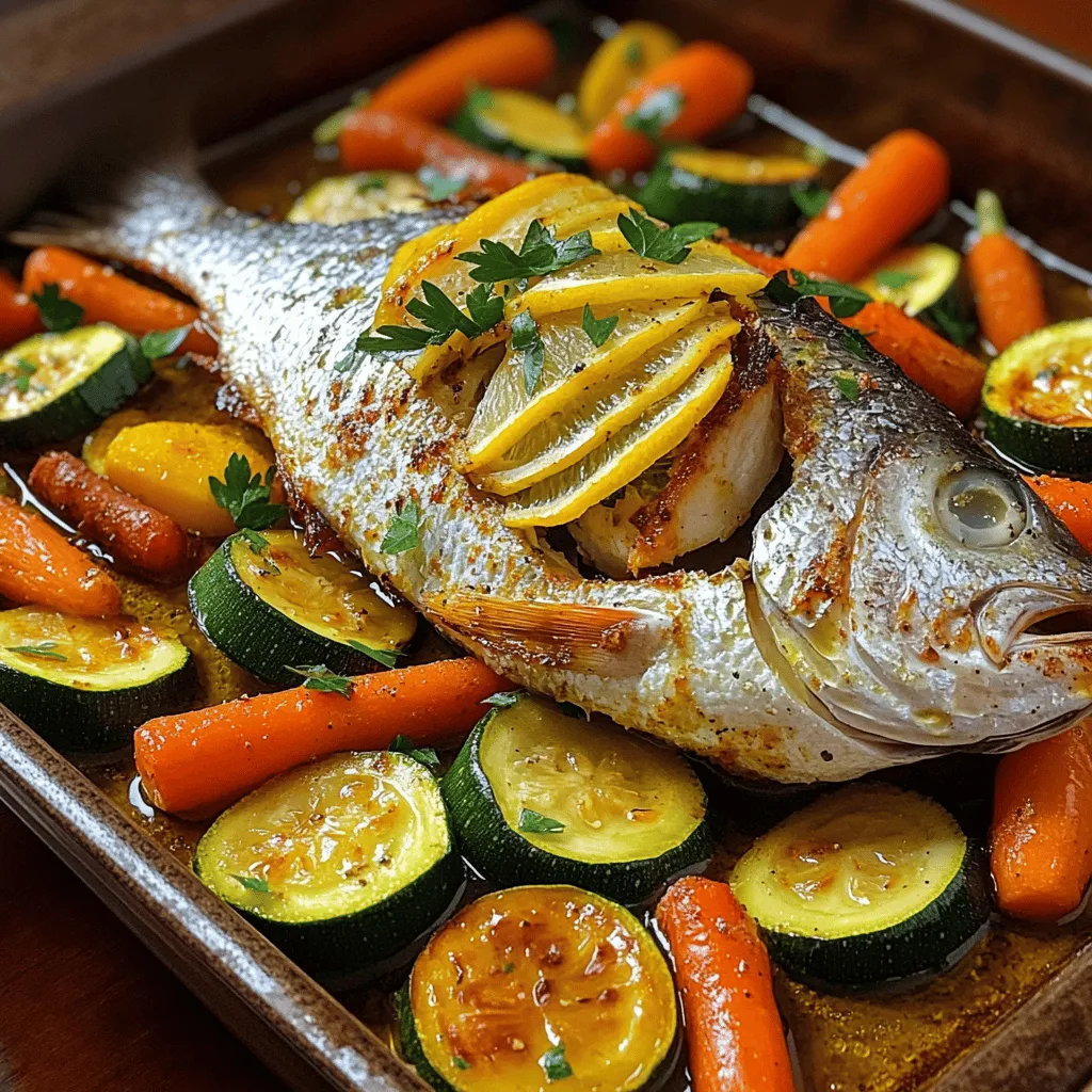 Oven-roasting sea bream is a simple way to bring out its great taste. First, you need to gather your ingredients. You will need two whole sea bream, carrots, zucchini, bell pepper, red onion, garlic, lemon, olive oil, thyme, smoked paprika, salt, and pepper. Fresh parsley adds a nice touch at the end.