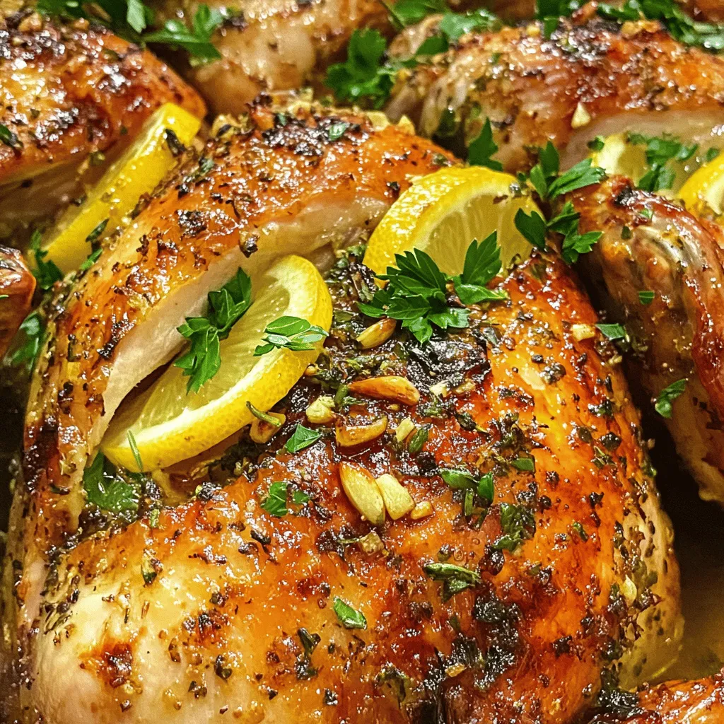 - 1 whole chicken (3-4 lbs) - 4 tablespoons olive oil - 4 cloves garlic, minced - Juice and zest of 2 large lemons - 2 teaspoons fresh rosemary, chopped (or 1 teaspoon dried) - 2 teaspoons fresh thyme, chopped (or 1 teaspoon dried) - Salt and pepper to taste - 1 teaspoon paprika - 1 lemon, sliced (for stuffing and garnish) - Fresh herbs for garnish (parsley or thyme) Using fresh ingredients is key. Always choose a chicken that feels firm and smells fresh. Look for bright lemons and vibrant herbs, as these add loads of flavor. If you prefer, you can swap olive oil for avocado oil for a milder taste. For a dairy-free option, this recipe is naturally free of dairy. You can also use lemon juice from a bottle, but fresh juice will taste better. This dish shines with fresh rosemary and thyme. If you don't have them, dried herbs work too. Remember, fresh herbs provide a brighter flavor, while dried herbs are more concentrated. For a fun twist, try adding some smoked paprika or even cumin for a different flavor profile. This recipe is easy to adapt to your tastes or dietary needs. Check out the Full Recipe for step-by-step instructions on making this delicious dish! To start, gather your ingredients for the zesty lemon garlic roasted chicken. This includes a whole chicken, olive oil, garlic, lemons, fresh herbs, and spices. 1. Initial Preparations: First, preheat your oven to 425°F (220°C). This high heat helps achieve a crispy skin. 2. Marinating Process: In a bowl, mix olive oil, minced garlic, lemon juice, lemon zest, rosemary, thyme, paprika, salt, and pepper. This marinade is key to flavor. 3. Loosening the Skin: Pat the chicken dry with paper towels. Carefully, loosen the skin over the breast and thighs. This step is vital. It allows the marinade to get under the skin. Rub some of the marinade directly underneath for the best flavor. 4. Proper Seasoning: Use any remaining marinade to coat the outside of the chicken. Make sure to season evenly. The longer you let it marinate, the better the flavor will be. 1. Oven Temperature and Timing: Place the chicken in a roasting pan. Roast it in the preheated oven for about 1 hour to 1 hour and 15 minutes. 2. Checking for Doneness: Use a meat thermometer to check the thickest part of the thigh. It should read 165°F (75°C) for safe eating. 3. Achieving Crispy Skin: For extra crispiness, switch to broil for the last 5-10 minutes. Watch closely to avoid burning. Follow these steps, and you will enjoy a juicy, flavorful dish. For full details, refer to the Full Recipe. To roast chicken well, I follow a few key steps: - Choose a good chicken: A fresh, whole chicken makes a big difference. - Pat dry: Always pat the chicken dry. This helps create crispy skin. - Use high heat: Roasting at 425°F (220°C) gives the chicken a great sear. - Loosen the skin: This step lets the flavors soak in better. Rub marinade directly under the skin. To enhance flavors, I love using fresh herbs and spices. Here are a few tips: - Use fresh herbs: They add more flavor than dried ones. Try rosemary and thyme. - Lemon zest: It brightens the dish. Always include it in your marinade. - Garlic: Freshly minced garlic gives a stronger taste than jarred. Avoid these common mistakes when roasting chicken: - Not seasoning enough: Don't be shy with salt and pepper. - Overcooking: Use a meat thermometer. The chicken should reach 165°F (75°C). - Skipping resting time: Let the chicken rest for 15 minutes. This keeps it juicy. For side dishes, I suggest: - Roasted vegetables: Carrots, potatoes, and Brussels sprouts pair well. - Rice or quinoa: These grains soak up the tasty juices. - Salads: A fresh green salad adds brightness to the meal. For presentation, I like to carve the chicken and arrange it on a big platter. Drizzle the pan juices over the top. Add fresh herbs for color. When it comes to wine, I recommend: - White wines: A crisp Sauvignon Blanc matches the lemon. - Light reds: A Pinot Noir can also complement the flavors. For the full recipe, check out the guide on Lemon Garlic Roasted Chicken. {{image_2}} You can change the flavors of your Lemon Garlic Roasted Chicken easily. Here are some ideas: - Herbs and spices: Add fresh basil or oregano for a twist. Try using cumin for a warm flavor. - Regional adaptations: For a Mediterranean vibe, add olives and sun-dried tomatoes. For Asian flavors, use soy sauce and ginger in your marinade. - Alternative cooking methods: If you want to grill, marinate the chicken as usual. Cook it over medium heat until done. For slow cooking, set it on low for 6-8 hours. This keeps it moist and tender. You can also switch up the main protein or make it vegetarian: - Different proteins: Swap the chicken for duck or turkey. Adjust cooking time based on the size of the bird. - Vegetarian alternatives: Stuff bell peppers or zucchini with the same marinade. You can also use tofu for a plant-based option. - Seasonal ingredients: Use seasonal veggies like carrots or squash. They can roast alongside your chicken for extra flavor and nutrition. Explore these variations to enjoy your Lemon Garlic Roasted Chicken in new ways. For the complete recipe, check out the [Full Recipe]. After enjoying your lemon garlic roasted chicken, store any leftovers properly. Place the chicken in an airtight container. This keeps it fresh and safe. You can also wrap it tightly in aluminum foil or plastic wrap. If you have a lot of leftovers, consider cutting the chicken into smaller pieces. For freezing, use freezer-safe bags or containers. Remove as much air as possible to prevent freezer burn. Leftovers will last about 3-4 days in the fridge. In the freezer, they can last up to 3 months. Always check for signs of spoilage before eating. If the chicken smells off, has a slimy texture, or shows discoloration, it’s best to discard it. Reheating chicken can be tricky. You want it warm without drying it out. The best method is to use the oven. Preheat the oven to 350°F (175°C) and place the chicken on a baking sheet. Cover it with foil to keep moisture in. Heat for about 20-30 minutes or until warm. If you choose to use a microwave, do so with caution. Place the chicken on a microwave-safe plate and cover it with a damp paper towel. Heat in short bursts of 1-2 minutes. Check often to avoid overcooking. Leftover chicken is also great for other recipes. Shred it for salads, wraps, or soups. You can even use it in pasta dishes or stir-fries. The flavor will add a nice touch to many meals. For more details on this dish, check out the Full Recipe. How long to cook a chicken per pound? You should cook a chicken for about 20 minutes per pound. So, a 4-pound chicken needs about 1 hour and 20 minutes. Always check the internal temperature. It should reach 165°F (75°C) at the thickest part. Can I use boneless chicken for this recipe? Yes, you can use boneless chicken. Just adjust the cooking time. Boneless chicken cooks faster, so check for doneness at 25-30 minutes. What should I do if my chicken skin isn't crispy? If the skin isn’t crispy, try broiling it for the last 5-10 minutes. Keep an eye on it to prevent burning. Make sure to dry the skin well before cooking. Can this dish be marinated overnight? Absolutely! Marinating overnight adds great flavor. Just keep it in the fridge, covered. How do I carve a chicken properly? To carve a chicken, start by removing the legs. Cut through the joint, then pull the leg away. Next, slice the breast meat off the bone. Use a sharp knife for clean cuts. What’s the best way to ensure moist chicken? To keep chicken moist, avoid overcooking. Use a meat thermometer to check doneness. Also, resting the chicken for 15 minutes after cooking helps juices stay inside. In this post, we explored how to roast chicken perfectly, covering ingredients, preparation, and techniques. You learned about essential ingredients, cooking tips, and various flavor options. I shared advice on storing leftovers and answered common questions. Roasting chicken can be simple and rewarding. With these tips, you can create a delicious meal that impresses. You now have the tools to customize and enjoy your chicken dish to the fullest. Happy cooking!