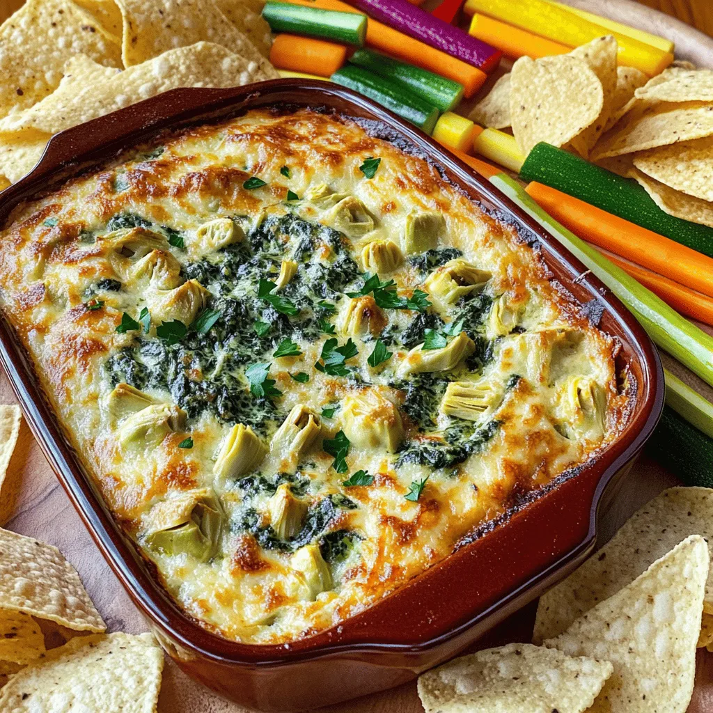 To make this tasty dip, you need the following ingredients: - 1 cup fresh spinach, chopped - 1 cup canned artichoke hearts, drained and chopped - 1 cup cream cheese, softened - ½ cup sour cream - ½ cup mayonnaise - 1 cup shredded mozzarella cheese - ½ cup grated Parmesan cheese - 2 cloves garlic, minced - 1 teaspoon onion powder - ½ teaspoon red pepper flakes (adjust to taste) - Salt and pepper to taste - Fresh parsley, chopped (for garnish) If you have allergies, you can swap some ingredients. Here are some ideas: - Use dairy-free cream cheese for a vegan option. - Substitute Greek yogurt for sour cream to cut calories. - Replace mayonnaise with avocado for a creamy texture. - Use nutritional yeast instead of Parmesan for a nut-free option. When buying fresh spinach and artichokes, keep these tips in mind: - Spinach: Look for bright green leaves. Avoid any yellow or wilted leaves. - Artichokes: Choose artichokes that feel heavy and have tightly closed leaves. If the leaves are starting to open, they may be past their prime. - Storage: Store spinach in a plastic bag in the fridge to keep it fresh. Use artichokes within a few days for the best taste. For the full recipe, check out the Full Recipe section. To make creamy spinach and artichoke dip, start by gathering your ingredients. You will need fresh spinach, artichoke hearts, cream cheese, sour cream, mayonnaise, mozzarella cheese, Parmesan cheese, garlic, onion powder, and red pepper flakes. 1. Preheat your oven to 350°F (175°C). This ensures even baking. 2. In a medium bowl, mix the softened cream cheese, sour cream, and mayonnaise. Blend until smooth. 3. Next, add chopped spinach, artichoke hearts, minced garlic, onion powder, and red pepper flakes. Stir well to combine. 4. Fold in the mozzarella and Parmesan cheese, saving a bit for later. 5. Season the mixture with salt and pepper. Mix again until everything is even. Now it’s time to bake the dip. 1. Transfer the dip into an oven-safe dish. Spread it evenly for even cooking. 2. Sprinkle the reserved mozzarella and Parmesan on top. This gives a nice, cheesy crust. 3. Bake in the preheated oven for 25-30 minutes. You want it hot, bubbly, and golden. 4. Once done, remove the dish from the oven. Let it cool for a few minutes. Serve your dip warm for the best flavor. - I suggest presenting it with tortilla chips, toasted baguette slices, and fresh veggie sticks. - Arrange these items around the dip for a colorful display. - A sprinkle of fresh parsley on top adds a nice touch and freshness. This creamy spinach and artichoke dip will be a hit at any gathering! For the full recipe, refer to the earlier section. To boost the taste of your creamy spinach and artichoke dip, use fresh garlic instead of powder. Fresh garlic gives a punch that dried garlic cannot match. You can also add a splash of lemon juice for brightness. This simple change makes the dip lively and fresh. For an added depth, try adding a bit of smoked paprika. This spice brings a warm, smoky flavor that will surprise your guests. For a smooth and creamy dip, ensure your cream cheese is very soft. Let it sit out for about 30 minutes before mixing. This helps it blend better. Also, mix the cream cheese, sour cream, and mayonnaise well. This step is key to a lump-free dip. Don't forget to fold in the cheeses gently; this keeps your dip airy and light. Bake it until it's just bubbly, but avoid overcooking. When serving your dip, pair it with a variety of dippers. Tortilla chips add a nice crunch. Sliced baguette is another great choice. Fresh vegetable sticks like carrots, celery, or bell peppers bring color and healthiness. Arrange these dippers around your dip for a fun presentation. It invites guests to dig in and enjoy! For the full recipe, visit the Full Recipe. {{image_2}} You can easily make this dip vegetarian. Simply skip the Parmesan cheese. For a vegan option, replace cream cheese with a plant-based version. Use cashews soaked in water for a creamy texture. Swap sour cream with coconut yogurt or silken tofu. Use vegan mayonnaise to keep the texture rich and creamy. This way, everyone can enjoy this delicious dip. If you love heat, add more red pepper flakes. You can also mix in diced jalapeños for an extra kick. Try adding some hot sauce to the cheese mixture. This will give your dip a fiery twist. You can also use pepper jack cheese instead of mozzarella. This change adds creaminess and spice. Want a lighter dip? Use low-fat cream cheese and sour cream. You can also swap mayonnaise with Greek yogurt. This keeps the dip creamy but cuts calories. Use less cheese or switch to part-skim mozzarella. These swaps make a healthier version without losing flavor. For extra nutrition, toss in some chopped kale or broccoli. This will add color and health benefits. Check the full recipe for more ideas on how to make this dip your own. To keep your creamy spinach and artichoke dip fresh, store it in an airtight container. Make sure it cools first before sealing. Refrigerate leftovers within two hours after baking. This dip stays good for about three days. If you plan to eat it later, don’t forget to label the container with the date. When you want to enjoy the dip again, reheat it gently. Preheat your oven to 350°F (175°C). Place the dip in an oven-safe dish, and cover it with foil. Heat for about 15-20 minutes or until warm. This method keeps the dip creamy and prevents it from drying out. You can also microwave it in short bursts. Stir in between to ensure even heating. You can freeze this dip for long-term storage. Before freezing, let it cool completely. Transfer it to a freezer-safe container, leaving some space at the top for expansion. Seal it tightly and label it with the date. It will stay fresh in the freezer for about two months. When ready to eat, thaw it in the fridge overnight. Reheat as mentioned to restore its creamy texture. For the full recipe, check out the details above. You can serve this dip with many tasty options. Try tortilla chips for crunch. Toasted baguette slices are also great. Fresh vegetable sticks like carrots and celery add color and health. Pita chips offer a fun twist. You can even use crackers for a different flavor. These choices make your dip fun and inviting. Making this dip ahead is easy. Prepare it as per the recipe and place it in a baking dish. Cover it well with plastic wrap. Store it in the fridge for up to two days. When ready to serve, just bake it straight from the fridge. You may need to add a few extra minutes to the baking time. This way, you save time and still enjoy a warm dip. Yes, you can use frozen spinach! Just make sure to thaw it first. Squeeze out any extra water before adding it to the mix. This keeps your dip from being too watery. Frozen spinach is very convenient and still tastes great in the dip. You won’t lose any flavor this way. In this article, we explored how to make a creamy spinach and artichoke dip. I shared the best ingredients and tips for selecting fresh veggies. You learned step-by-step instructions to achieve the right texture and taste. Plus, we discussed storage ideas and delicious variations. Remember, you can switch ingredients to suit your needs. This dip is versatile and easy to make. Enjoy it with your favorite dippers, and have fun experimenting!