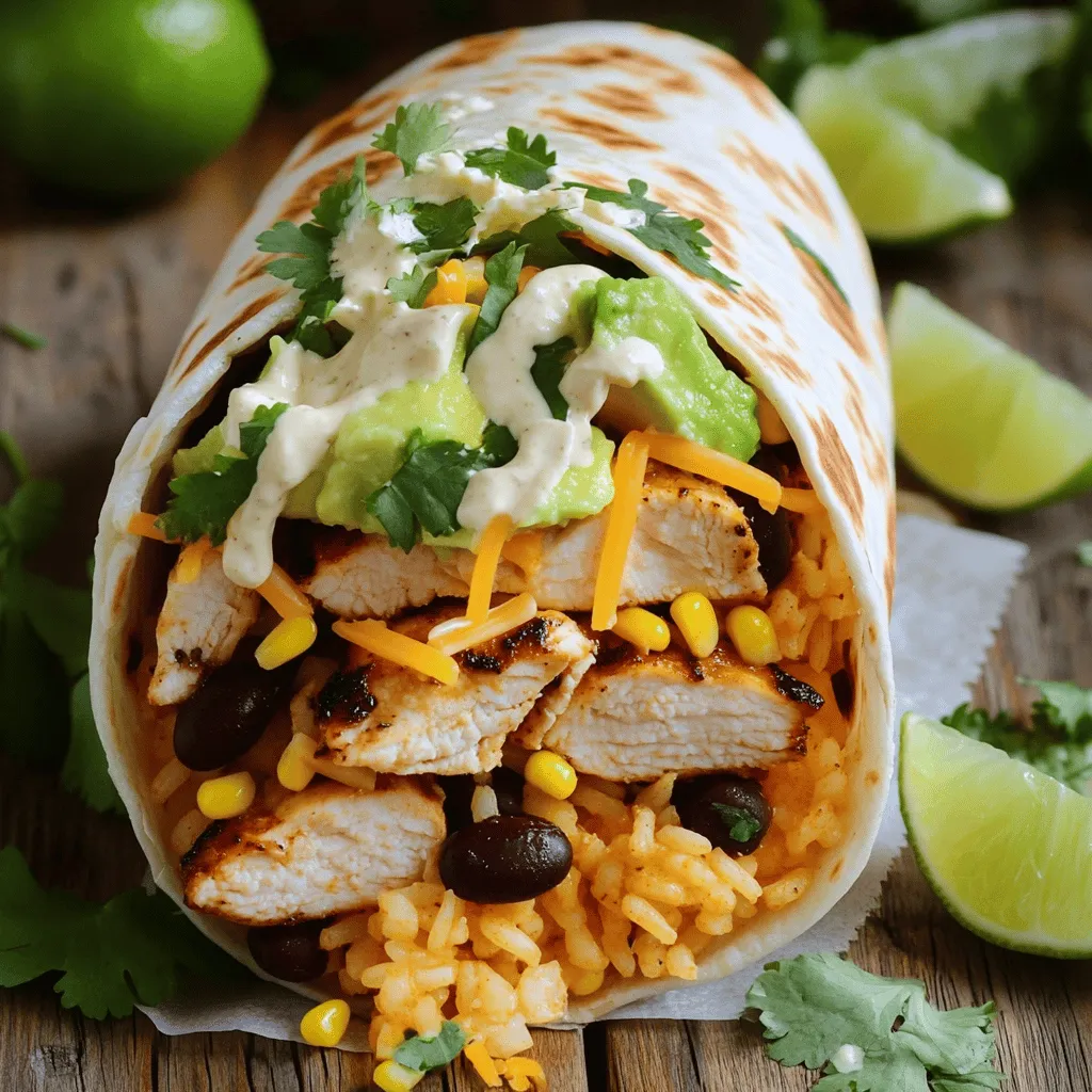 To make this tasty burrito, you need simple, fresh items. Here’s what you’ll need: - 2 boneless, skinless chicken breasts - 1 tablespoon olive oil - ½ cup chipotle ranch dressing - 1 cup cooked rice - 1 cup black beans, drained and rinsed - 1 cup corn - 1 cup shredded cheddar cheese - 1 avocado, sliced - ½ cup fresh cilantro, chopped - 4 large flour tortillas - Lime wedges for serving