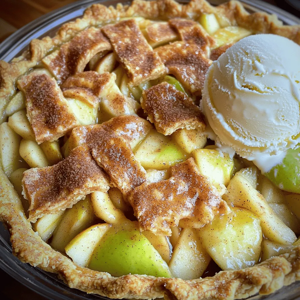 To make Snickerdoodle Cream Cheese Apple Pie, gather the following ingredients: - 2 cups all-purpose flour - 1/2 teaspoon baking soda - 1 teaspoon cream of tartar - 1/4 teaspoon salt - 1/2 cup unsalted butter, softened - 1/2 cup granulated sugar - 1/2 cup packed brown sugar - 1 large egg - 1 teaspoon vanilla extract - 4 cups Granny Smith apples, peeled, cored, and thinly sliced - 1 tablespoon lemon juice - 1 teaspoon ground cinnamon - 1/2 cup cream cheese, softened - 1/4 cup powdered sugar - 1/2 teaspoon vanilla extract (for cream cheese filling) - 1 tablespoon cinnamon sugar mix (1 tablespoon sugar mixed with 1 teaspoon cinnamon) If you need swaps, here are some ideas: - All-purpose flour: Use whole wheat flour for a nuttier flavor. - Unsalted butter: Substitute with coconut oil for a dairy-free option. - Granulated sugar: You can use honey or maple syrup, but adjust the liquid. - Granny Smith apples: Honeycrisp or Fuji apples work well too for sweetness. - Cream cheese: Try mascarpone or a vegan cream cheese for a different twist. Using fresh ingredients makes a big difference. Fresh apples add crispness and natural sweetness. Softened cream cheese blends smoothly and gives a rich flavor. Fresh spices, like cinnamon, bring out warmth and depth. Always check your ingredients for the best taste. When you use fresh items, you ensure your pie is flavorful and delightful. Trust me; your taste buds will thank you! For the complete recipe, check the Full Recipe section. To start, gather your ingredients for the crust. In a big bowl, mix these dry items: - 2 cups all-purpose flour - 1/2 teaspoon baking soda - 1 teaspoon cream of tartar - 1/4 teaspoon salt In another bowl, cream together: - 1/2 cup unsalted butter, softened - 1/2 cup granulated sugar - 1/2 cup packed brown sugar Beat until the mixture looks light and fluffy. Next, add: - 1 large egg - 1 teaspoon vanilla extract Mix until everything is smooth. Now, slowly add the dry mix to the wet mix until you form a soft dough. Wrap the dough in plastic wrap and chill it in the fridge for about 30 minutes. Cooling the dough helps it hold its shape better. While the dough chills, prepare the apple filling. In a large bowl, toss: - 4 cups Granny Smith apples, peeled, cored, and thinly sliced - 1 tablespoon lemon juice - 1 teaspoon ground cinnamon - 1 tablespoon cinnamon sugar mix Let the apples sit for a bit. This helps them soak up the flavors. Next, make the cream cheese filling. In a separate bowl, beat: - 1/2 cup cream cheese, softened - 1/4 cup powdered sugar - 1/2 teaspoon vanilla extract Mix until this filling is smooth and creamy. Preheat your oven to 350°F (175°C). Once the dough has chilled, take it out. Set aside 1 cup of the dough. Roll out the rest on a floured surface into a 12-inch circle. Fit this into a 9-inch pie plate. Spread the cream cheese filling over the bottom of the crust. Then, layer the apple mixture evenly on top. Crumble the reserved dough over the apple filling to create a rustic topping. Bake the pie for 40-45 minutes. Look for tender apples and a golden crust. After baking, let the pie cool for at least 30 minutes before slicing. This helps the filling set nicely. For the full recipe, check out the details above. Serve warm, and enjoy every bite! To get a flaky crust, keep your butter cold. Use cold butter when mixing it into the flour. This helps create layers as the dough bakes. Also, do not overwork the dough. Mix just until combined. Chilling the dough is key. It relaxes gluten and helps avoid tough crusts. I love homemade cream cheese for its fresh taste. It adds a rich flavor to your pie. However, store-bought cream cheese works well too. If you choose store-bought, look for full-fat options. They provide the best creamy texture. Both options will give a delightful taste to your pie. When slicing apples, use a sharp knife for clean cuts. Thin slices cook evenly and blend well with other flavors. Remove the seeds and core first. This makes eating the pie easier. Toss the slices in lemon juice to keep them fresh and prevent browning. You want your apples to taste crisp and bright in your Snickerdoodle Cream Cheese Apple Pie. For more details on the recipe, check the Full Recipe. {{image_2}} You can enhance your pie by adding nuts or caramel. Walnuts or pecans add a nice crunch. Chop them finely and mix them into the apple filling. If you love caramel, drizzle some over the apples. This gives a sweet, gooey touch that pairs well with the cream cheese. Just be careful not to overdo it; you want to keep the balance of flavors. Granny Smith apples are tart and great for pie, but you can mix it up! Try Honeycrisp for sweetness or Fuji for a juicy bite. Each apple type brings its own flavor and texture. Mixing different apples can create a more complex taste. Experiment with what you like best. To make a gluten-free pie, swap out the all-purpose flour. Use a gluten-free flour blend instead. Many blends work well in recipes. Just ensure it has a good mix of starches and proteins. This keeps the texture light and flaky. The rest of the recipe stays the same, so you can enjoy your Snickerdoodle Cream Cheese Apple Pie without worry. For the full recipe, check the earlier section. After you enjoy your Snickerdoodle Cream Cheese Apple Pie, store leftovers properly. Place slices in an airtight container. Keep the pie in the fridge for up to three days. This will help the pie stay fresh and tasty. If you want to save some pie for later, freezing works great. Wrap the whole pie or slices tightly in plastic wrap. Then, place it in a freezer-safe bag or container. You can freeze the pie for up to three months. When you're ready to eat it, let it thaw in the fridge overnight. To enjoy your pie warm, reheating is simple. Preheat your oven to 350°F (175°C). Place the pie or a slice in the oven for about 10-15 minutes. This will warm it through and make the crust crispy again. If you prefer, you can also use the microwave. Heat a slice for about 30-40 seconds. Just be careful not to overheat it. Enjoy your delicious pie! For the full recipe, check out the Snickerdoodle Cream Cheese Apple Pie details above. Yes, you can make this pie ahead of time. I often prepare it the day before. Bake the pie, let it cool, and store it in the fridge. When you’re ready to serve, you can reheat it in the oven. This makes it warm and fresh again. Just cover it with foil to keep it from browning too much. Serve this pie warm or at room temperature. It pairs well with vanilla ice cream. A dollop of whipped cream also adds a nice touch. For a fun twist, try a drizzle of caramel sauce on top. You can even sprinkle extra cinnamon sugar for added flavor. To adjust the sweetness, you can reduce the amount of sugar in the crust. Use less granulated and brown sugar. For the filling, taste the apples before mixing in the sugar. If they are sweet enough, skip the extra sugar. You can also add more lemon juice to balance the sweetness. This blog post covered a tasty apple pie with a snickerdoodle crust. You learned about key ingredients, easy steps, and helpful tips. I shared ways to add fun twists like nuts and caramel. It’s important to use fresh ingredients for the best flavor. Don’t forget how to store leftovers or freeze the pie for later treats. With these tips, you can make a delicious dessert that everyone will love. Get ready to impress your friends and family with your baking skills!