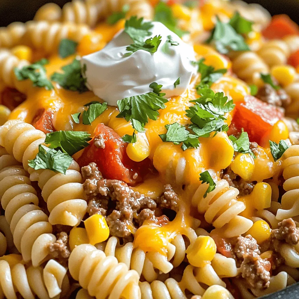 - 8 ounces rotini pasta - 1 pound ground beef or turkey - 1 small onion, diced - 2 cloves garlic, minced - 1 packet taco seasoning - 1 can (14.5 ounces) diced tomatoes (with juices) - 2 cups beef broth - 1 cup black beans, rinsed and drained - 1 cup frozen corn - 1 cup cheddar cheese, shredded - 1 cup pepper jack cheese, shredded - Salt and pepper to taste - Fresh cilantro, chopped (for garnish) - Sour cream (for serving, optional)