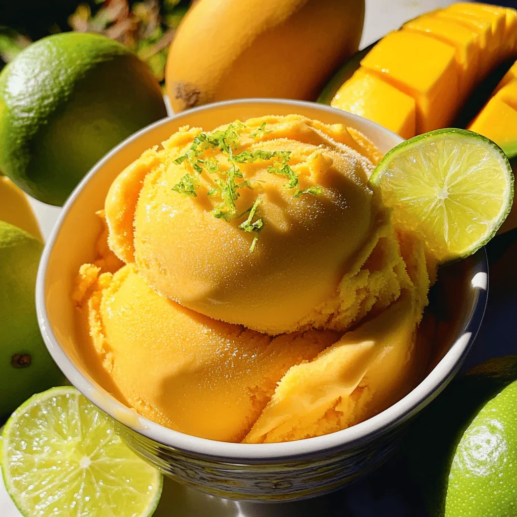 To make the best mango sorbet, you need a few key ingredients: - 3 ripe mangoes, peeled and diced - 1/2 cup granulated sugar - 1/4 cup fresh lime juice - 1 cup coconut water - 1 teaspoon vanilla extract - Pinch of salt Ripe mangoes are essential. They provide natural sweetness and a creamy texture. Granulated sugar enhances this flavor, while fresh lime juice adds a tangy kick. Coconut water keeps the sorbet light and refreshing. A touch of vanilla extract gives it warmth, and salt balances the sweetness. If you're looking to mix things up, consider these options: - Alternative sweeteners like honey or agave - Other fruit variations such as pineapple or berries - Dairy-free options using nut milk instead of coconut water These add-ins can give your mango sorbet a unique twist. Using different sweeteners can change the taste and health profile. You can also try mixing in other fruits for added flavor. For a creamier texture, dairy-free options work well. You can find the full recipe in the section above. Enjoy making your mango sorbet! To start, you need ripe mangoes. Choose mangoes that feel soft but not mushy. Peel each mango, using a knife to remove the skin. After peeling, cut the mangoes into small pieces. Aim for bite-sized chunks. This makes blending easier. Next, get your blender ready. Make sure it is clean and dry. Place the diced mangoes in the blender. Now it's time to add the other ingredients. You will need: - 3 ripe mangoes, peeled and diced - 1/2 cup granulated sugar - 1/4 cup fresh lime juice - 1 cup coconut water - 1 teaspoon vanilla extract - Pinch of salt Add all these items into the blender. Blend until the mixture is smooth and creamy. This might take a minute or two. After blending, taste the mixture. If it needs more sweetness, add some sugar. Blend again to mix. Pour the mango mixture into a shallow dish or a freezer-safe container. Spread it evenly for quicker freezing. Place the container in the freezer for about 1-2 hours. After one hour, take it out. Use a fork to scrape and stir the mixture. This helps break up ice crystals. Return it to the freezer. Repeat this scraping every 30 minutes. Keep freezing until the sorbet is firm but still scoopable. Before serving, let it sit at room temperature for 5-10 minutes. This makes scooping easier. Now you’re ready to enjoy your refreshing Mango Tango Sorbet! For the complete recipe, check the Full Recipe section. To make a creamy mango sorbet, avoid ice crystals. Ice crystals form when the mixture freezes too fast. To prevent this, stir the sorbet every hour while it freezes. Use a fork to break up any lumps. This keeps your sorbet smooth and soft. Choose the right container for freezing. A shallow dish helps the sorbet freeze evenly. A freezer-safe container with a lid also works well. Make sure it’s airtight to keep out moisture. Balancing sweetness is key. Use ripe mangoes, as they are naturally sweet. Taste your mixture before freezing. If it needs more sweetness, add sugar in small amounts. Blend well after each addition to mix evenly. You can enhance the flavor with herbs or spices. Fresh mint or basil can add a nice twist. A pinch of chili powder gives a fun kick. Just a bit of each can brighten your sorbet. Garnish your mango sorbet for a beautiful presentation. Fresh mint leaves work well on top. You can also add lime zest for a pop of color and flavor. Pair your sorbet with other dishes. It goes great with grilled fish or spicy tacos. Serve it alongside a rich chocolate dessert for a tasty contrast. For the full recipe, check the instructions above. Enjoy making your refreshing mango sorbet! {{image_2}} You can mix mango with other fruits for fun flavors. Try blending mango with pineapple for a tropical twist. This combo brings a sunny feel to your sorbet. You can also make a berry mango sorbet. Use strawberries or blueberries with mango for a sweet treat. The berries add a nice color and taste. Want to spice things up? Infuse your mango sorbet with coconut or mint. Adding coconut gives a creamy touch that pairs well with mango. Mint adds a refreshing kick that wakes up your taste buds. You can also experiment with citrus fruits like orange or lemon. They brighten the flavor and make it more vibrant. Each variation brings a new taste and makes your sorbet special. Check out the Full Recipe for tips on how to make these fun combinations! To keep your mango sorbet fresh, use airtight containers. Glass or plastic containers work well. Make sure they seal tight to keep air out. This helps prevent ice crystals from forming. If you use a shallow dish, cover it with plastic wrap. Your sorbet lasts about two weeks in the freezer. After that, it may lose flavor or texture. To enjoy it at its best, eat within that time. When it's time to serve, thaw the sorbet for about 5 to 10 minutes. This helps soften it for easy scooping. You can also place it in the fridge for a quicker thaw. Avoid using the microwave, as it may melt the sorbet unevenly. Serve your mango sorbet right after thawing. It tastes best fresh and cold. Enjoy it on hot days or as a light dessert. For the full recipe, check out the details above! Yes, you can use frozen mangoes for this recipe. Frozen mangoes are often picked at peak ripeness and then frozen. This keeps their flavor and nutrients intact. They are convenient and save prep time. Just make sure to let them thaw slightly before blending for the best texture. Using frozen mangoes can also give your sorbet a nice, icy texture. Yes, this recipe is vegan-friendly. It contains no animal products. Each ingredient is plant-based, making it perfect for anyone following a vegan diet. Always check for allergen alerts, especially if you have food sensitivities. For example, some brands of coconut water may have added sugars or preservatives. Choose a brand that fits your dietary needs. To make this recipe less sweet, you can adjust the sugar levels. Start with less sugar than the recipe calls for. Taste the mango mixture as you blend. If it needs more sweetness, you can always add more sugar later. You can also use ripe mangoes, which can be sweeter naturally. This way, you can keep the flavor while reducing added sugar. You learned how to make mango sorbet using simple, fresh ingredients. Ripe mangoes, sugar, lime juice, and coconut water create a vibrant flavor. I shared tips for texture, flavor, and serving. You can even explore fun variations with different fruits or herbs. Remember to store your sorbet properly for the best taste later. This refreshing treat is easy to make and perfect for hot days. Enjoy your homemade mango sorbet and impress your friends with your new skills!