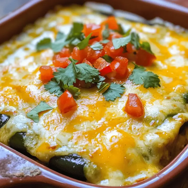 - 4 large poblano peppers - 1 cup shredded Monterey Jack cheese - 1 cup shredded cheddar cheese - 1 medium onion - 3 cloves garlic - 6 large eggs - 1 cup milk - 1 teaspoon ground cumin - 1 teaspoon baking powder - Salt and pepper - 1 cup diced tomatoes - Fresh cilantro
