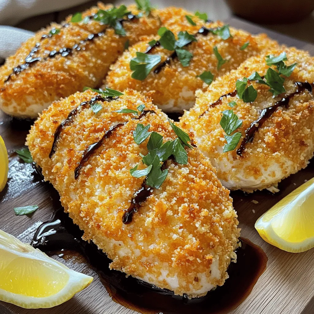 - 2 boneless, skinless chicken breasts - 1 cup grated Parmesan cheese - 1 cup panko breadcrumbs