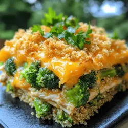 - 2 cups cooked chicken, shredded - 4 cups broccoli florets, blanched - 1 cup cooked quinoa or rice - 1 cup shredded cheddar cheese - 1 cup cream of mushroom soup (or homemade) - ½ cup sour cream - ½ cup milk - 1 teaspoon garlic powder - 1 teaspoon onion powder - Salt and pepper to taste - ½ cup bread crumbs - 2 tablespoons melted butter - Salt and pepper When I make a Cheesy Broccoli Chicken Casserole, I love to pick fresh and tasty ingredients. Start with cooked chicken that you can shred easily. You can use leftover chicken or any rotisserie chicken you have. It saves time and adds great flavor. Next, I always use vibrant broccoli florets. Blanch them first, and they will stay bright green and crisp. They add a nice texture to the dish. You can use quinoa or rice, both work well. Quinoa gives extra protein, while rice adds a comforting feel. For the creamy base, I mix the cream of mushroom soup with sour cream and milk. This mix creates a rich flavor and smooth texture. I also add garlic and onion powders for a bit of zing. Don’t forget to season with salt and pepper. Lastly, I top the casserole with shredded cheddar cheese. It melts beautifully and adds that cheesy goodness we all love. Then I finish it with bread crumbs mixed with melted butter for crunch. This topping makes every bite exciting. You can find the full recipe to get all the steps and details. Enjoy making this easy comfort meal! - Preheat oven to 350°F (175°C). - Grease a 9x13-inch baking dish with butter or cooking spray. - In a large bowl, mix 2 cups of cooked chicken, 4 cups of blanched broccoli, and 1 cup of cooked quinoa or rice. This gives your dish a nice base. - In another bowl, whisk together 1 cup of cream of mushroom soup, ½ cup of sour cream, ½ cup of milk, 1 teaspoon of garlic powder, 1 teaspoon of onion powder, and add salt and pepper to taste. This creamy mixture adds great flavor. - Pour the creamy mixture over the chicken and veggies. Gently fold until well combined. - Transfer everything into the greased baking dish and spread it evenly. - Sprinkle 1 cup of shredded cheddar cheese on top for that melty goodness. - In a small bowl, mix ½ cup of bread crumbs with 2 tablespoons of melted butter. Spread the bread crumbs over the cheese layer for extra crunch. - Bake in the preheated oven for 30-35 minutes. Look for a bubbly, golden top. - Remove from the oven and let it sit for a few minutes. This helps it set nicely. For the full recipe, check out the details above. To make the best Cheesy Broccoli Chicken Casserole, focus on your broccoli. Blanching it first keeps the bright green color and perfect texture. Boil the florets for about two minutes, then transfer them to ice water. This step stops the cooking process and keeps them crisp. For chicken, use cooked chicken that’s tender and juicy. Rotisserie chicken works great. It saves time and adds flavor. If you prefer, bake or grill your chicken with simple spices. This gives you control over the taste and keeps it fresh. When serving this dish, pair it with a light salad. A fresh green salad adds a nice crunch. You can also add roasted vegetables for more flavor. For garnish, sprinkle fresh parsley on top. It adds color and a hint of freshness. A dollop of sour cream on the side can enhance the meal too. Sometimes, you may need to tweak the recipe. For a different protein, try turkey or tofu. Both options work well and taste great. If you want a creamy mixture without dairy, use coconut milk or cashew cream. These options still keep the dish rich and smooth. {{image_2}} You can change the taste of your casserole easily. Adding spices or herbs can make a big difference. Try adding paprika for a smoky flavor. You might also use thyme or basil for a fresh taste. If you want a kick, add a pinch of cayenne pepper. Different cheese types can also change the dish. You can use mozzarella for a milder flavor. Gouda adds a rich, buttery finish. Mixing cheeses can create a fun flavor blend. Try combining cheddar and pepper jack for a spicy twist. You can make this casserole without meat. Use veggies like mushrooms and bell peppers instead of chicken. For a vegan version, swap sour cream with coconut cream and use a plant-based cheese. You can also replace cream of mushroom soup with a vegan soup. If you need gluten-free options, use gluten-free bread crumbs. Make sure your soup and cheese are also gluten-free. Quinoa is a great choice for grains, as it is naturally gluten-free. Prepping ahead can save time. You can mix the ingredients the night before. Just store it in the fridge until you're ready to bake. This makes dinner easy after a long day. You can also freeze the casserole. Prepare it completely but do not bake it. Cover it tightly with foil or plastic wrap. When you’re ready, just bake it from frozen. This works well for leftovers too. Just ensure to thaw it in the fridge overnight before baking. For the full recipe, refer to the details above. Store leftover Cheesy Broccoli Chicken Casserole in an airtight container. Place it in the fridge. It keeps well for about three to four days. When reheating, use the oven or microwave. If using the oven, cover the dish with foil to keep it moist. Heat at 350°F (175°C) for 20 minutes. Stir halfway through to warm it evenly. You can freeze the casserole before or after baking. If freezing before cooking, assemble it in a freezer-safe dish. Cover it tightly with plastic wrap. To freeze after cooking, let it cool completely first. Then, wrap it well and place it in the freezer. It can last for up to three months. When you’re ready to eat, thaw it overnight in the fridge. Bake it at 350°F (175°C) until heated through, about 30 to 40 minutes. In the fridge, the casserole stays fresh for three to four days. If you see any mold or bad smells, it’s time to toss it. Always check for signs of spoilage. If it looks or smells off, don’t eat it. Enjoy your Cheesy Broccoli Chicken Casserole while it’s fresh and tasty! For the full recipe, check the previous sections. You can freeze Cheesy Broccoli Chicken Casserole for up to three months. To freeze, let it cool completely. Then, wrap it tightly in plastic wrap and foil. This helps keep it fresh and prevents freezer burn. When you’re ready to eat, thaw it in the fridge overnight before baking. Yes, you can prepare this casserole ahead of time. Mix all the ingredients as per the recipe. Then, cover the dish with plastic wrap and store it in the fridge for up to 24 hours. When you are ready to cook, just remove the wrap and bake as directed. This makes meal prep easy on busy days. Absolutely! To make Cheesy Broccoli Chicken Casserole gluten-free, choose gluten-free bread crumbs. You can also use gluten-free cream of mushroom soup. Check the labels on your chicken broth and spices to ensure they are gluten-free. This way, everyone can enjoy this tasty dish. This casserole goes well with many sides. Here are a few ideas: - A fresh green salad - Steamed carrots or green beans - Garlic bread for dipping - A light fruit salad These sides will complement the flavors and make a full meal. Enjoy your cooking! In this blog post, we explored the tasty Cheesy Broccoli Chicken Casserole. We covered the main and extra ingredients you'll need. I shared simple instructions for prep, assembly, and baking. You also learned helpful tips, variations, and storage info. Making this dish is easy and fun. It’s perfect for meals any day. Enjoy it hot from the oven or as leftovers. The flavors will please everyone at the table. Happy cooking!