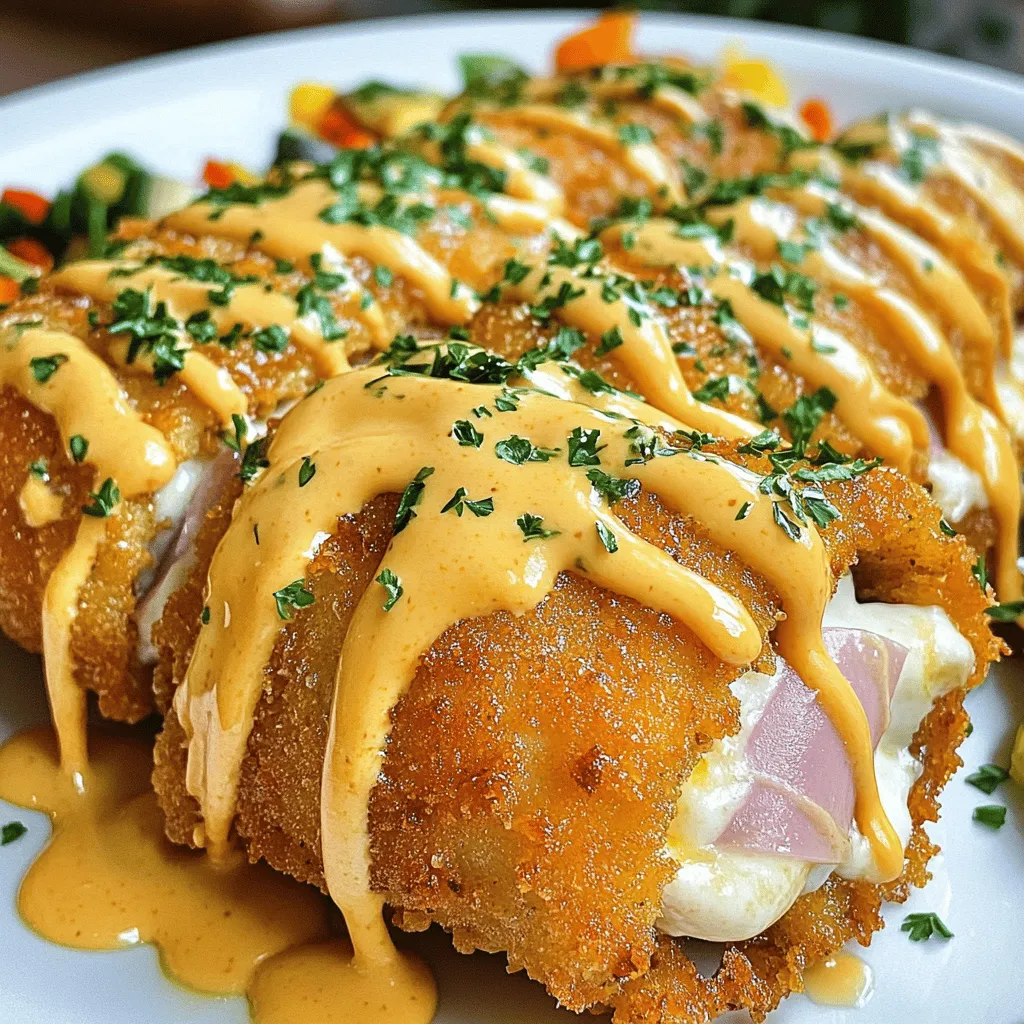 - 4 boneless, skinless chicken breasts - 8 slices of thinly sliced ham - 8 slices of Swiss cheese - 1 cup all-purpose flour - 2 large eggs, beaten - 2 cups panko breadcrumbs - 1 teaspoon garlic powder - 1 teaspoon onion powder - 1 teaspoon paprika - Salt and pepper to taste - 1/4 cup olive oil, for frying - 1/2 cup heavy cream - 1/4 cup chicken broth - 2 tablespoons Dijon mustard - 1 tablespoon fresh parsley, chopped for garnish