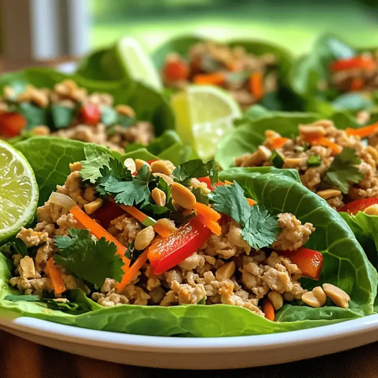 To make Spicy Thai Chicken Lettuce Wraps, you'll need simple and fresh ingredients. Here’s what you will need: - 1 lb ground chicken - 1 tablespoon vegetable oil - 2 cloves garlic, minced - 1 tablespoon ginger, minced - 1 red bell pepper, finely diced - 1 carrot, shredded - 3 green onions, sliced - 1/4 cup soy sauce (or tamari for gluten-free) - 1 tablespoon brown sugar - 1 tablespoon lime juice - 1 teaspoon sriracha (adjust to your spice preference) - 1 head of butter lettuce or romaine lettuce, leaves separated - Fresh cilantro, for garnish - Chopped peanuts, for garnish These ingredients blend well to create a burst of flavors. The ground chicken provides protein, while garlic and ginger add warmth. The red bell pepper and carrot bring sweetness and crunch. You can adjust the sriracha to make it more or less spicy. You might want to try these optional add-ins for extra flavor and texture: - Veggies to include: shredded cabbage, sliced cucumbers - Additional proteins: ground turkey or tofu - Gluten-free alternatives: coconut aminos Feel free to mix and match these options to suit your taste! For the full recipe, check out the cooking instructions. - Heat 1 tablespoon of vegetable oil in a large skillet over medium heat. - Add 2 cloves of minced garlic and 1 tablespoon of minced ginger. Sauté for 30 seconds until fragrant. - Increase the heat to medium-high and add 1 pound of ground chicken. Cook until it browns, about 5 to 7 minutes. - Add 1 finely diced red bell pepper and 1 shredded carrot. Cook until tender, about 3 to 4 minutes. - In a small bowl, mix together 1/4 cup of soy sauce, 1 tablespoon of brown sugar, 1 tablespoon of lime juice, and 1 teaspoon of sriracha. Pour this sauce over the chicken. Stir well to combine. Cook for 2 to 3 minutes to meld flavors. - Take a lettuce leaf and spoon a generous amount of the chicken mixture into it. - Garnish with fresh cilantro and chopped peanuts for added flavor and crunch. You can find the Full Recipe for more details and tips. Enjoy this fun and tasty dish! To make these wraps fit your taste, adjust the sriracha. Start with one teaspoon. If you want more heat, add more sriracha slowly. You can also sprinkle in some chili flakes. This extra kick can bring more flavor and fire to your dish. Store your lettuce in the fridge. Wrap it in a damp paper towel and place it in a plastic bag. This keeps it fresh and crisp. Before serving, rinse the leaves in cold water. Pat them dry with a clean towel. This helps them stay crunchy for your wraps. For a beautiful look, arrange the filled lettuce wraps on a large platter. Garnish with lime wedges and fresh cilantro. This adds color and makes it more appealing. You can also serve extra dips, like peanut sauce or sriracha on the side. These sauces enhance the flavor and let everyone customize their wraps. For the full recipe, check out the instructions above. Enjoy making your wraps! {{image_2}} You can use different proteins in your spicy Thai chicken lettuce wraps. Ground turkey works well if you want a leaner choice. For a plant-based option, try crumbled tofu or tempeh. These options still give you great taste and texture. If you love seafood, adding shrimp can elevate your dish. Cook the shrimp until they're pink and tender, then mix them with the same sauce. This adds a fresh twist. The flavor in these wraps can change easily. You can swap the soy sauce for hoisin or teriyaki sauce. Both add a sweet and savory taste. If you want a brighter flavor, try adding fresh herbs like mint or basil. These herbs bring a burst of freshness that pairs well with the spicy chicken. You can even mix in some chili paste for an extra kick if you like more heat. If you're looking for dietary options, you can make this dish paleo-friendly. Just replace the soy sauce with coconut aminos. This swap keeps the flavor while being compliant with paleo diets. For those on a low-carb or keto diet, use lettuce wraps instead of tortillas. You can also reduce the amount of sugar in the sauce. These small changes can help you enjoy this dish while sticking to your diet plan. To keep your spicy Thai chicken lettuce wraps fresh, store the filling and lettuce separately. - Place the chicken filling in an airtight container. - Refrigerate it right away. - Use within 3-4 days for best taste. If you want to freeze the filling: - Let it cool completely. - Transfer it to a freezer-safe bag. - Squeeze out the air to prevent freezer burn. - It can last up to three months in the freezer. When you are ready to eat the leftover chicken filling: - Reheat it in a skillet over medium heat. - Stir it well to heat evenly. - You can add a splash of water or broth to keep it moist. To keep the lettuce crisp: - Do not reheat the lettuce. - Serve fresh leaves with the warm filling. For freshness, follow these timeframes: - Refrigerated chicken filling lasts 3-4 days. - Frozen filling is best used within three months. Watch for signs of spoilage: - A sour smell or change in color hints that it is bad. - If the texture feels slimy, throw it away. For the full recipe, check the provided details to enjoy this dish fresh and flavorful! You can use turkey instead of ground chicken. Turkey has a similar texture and flavor. If you prefer a plant-based option, try tofu. Crumble the tofu for a good texture. Both options work well in this recipe. To lower the spice level, use less sriracha in the sauce. You can also add a bit of honey or sugar to balance the heat. If you want more flavor without spice, skip the sriracha. Adding more veggies can also help tone down the heat. Yes, you can prep this recipe ahead of time. Cook the chicken mixture and store it in the fridge for up to three days. Keep the lettuce leaves separate to stay crisp. You can also freeze the chicken filling for up to a month. Just thaw before you eat. For easy serving, heat the filling before using it in the lettuce wraps. Check the [Full Recipe] for more details! This blog post walks you through a tasty ground chicken lettuce wrap recipe. You learned about essential ingredients, preparation steps, and cooking methods. I shared tips for achieving the best flavor and keeping your lettuce fresh. Remember, you can customize the dish with different proteins or sauces. Store leftovers properly to enjoy them later. With these ideas, you can make a healthy meal that suits your tastes and dietary needs. Enjoy creating this delicious dish!