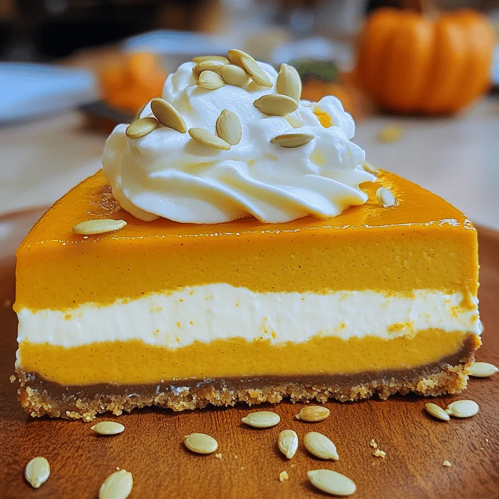 To make the best pumpkin cheesecake, gather these ingredients: - 1 ½ cups crushed graham crackers - ½ cup unsalted butter, melted - 2 tablespoons granulated sugar - 24 oz cream cheese, softened - 1 cup granulated sugar - 1 cup canned pumpkin puree - 3 large eggs - 1 teaspoon vanilla extract - 1 teaspoon ground cinnamon - ½ teaspoon ground nutmeg - ½ teaspoon ground ginger - ¼ teaspoon salt - 1 cup sour cream - Whipped cream (for topping) - Pumpkin seeds (for garnish) To ensure quality, use fresh, high-fat cream cheese. Look for canned pumpkin that contains only pumpkin. Avoid brands with added sugar or preservatives. Your graham crackers should be crisp, not stale. This choice enhances the crust's texture. If you have dietary needs, here are some great substitutes: - Gluten-Free: Use gluten-free graham crackers or almond flour for the crust. - Dairy-Free: Try vegan cream cheese and coconut cream instead of sour cream. - Low Sugar: Use a sugar substitute like erythritol or monk fruit sweetener. For the best brands, look for Daiya for dairy-free options and Bob's Red Mill for gluten-free products. These brands offer quality that fits your recipe needs. This recipe gives you a chance to enjoy a delicious dessert while catering to different diets. Remember, you can always adapt it to fit your needs! For the complete recipe, check out the [Full Recipe]. First, preheat your oven to 350°F (175°C). Grab a medium bowl and mix the crushed graham crackers, melted butter, and 2 tablespoons of sugar. You want to blend these well. Next, press the mixture evenly into the bottom of a 9-inch springform pan. This forms your crust. Bake it for 8-10 minutes until it turns lightly golden. Once baked, remove it from the oven and let it cool. In a large mixing bowl, beat 24 oz of softened cream cheese with an electric mixer on medium speed. You want it creamy and smooth. Slowly add 1 cup of granulated sugar while mixing until everything blends well. Now, mix in 1 cup of canned pumpkin puree, 1 teaspoon of vanilla extract, and spices like cinnamon, nutmeg, and ginger. Add ½ teaspoon of salt too. When it comes to the eggs, add them one at a time. Mix on low speed just until blended after each addition. Be careful not to overmix. This keeps your cheesecake light and fluffy. Pour the cheesecake filling into your cooled crust. Bake it in the preheated oven for 55-65 minutes. Look for the edges to set while the center is still slightly jiggly. Once baked, turn off the oven and crack the door open. Let the cheesecake cool inside for about 1 hour. This gradual cooling helps with the texture. After that, take it out and let it cool completely at room temperature. Refrigerate it for at least 4 hours, but overnight is best. This chilling time allows the flavors to meld perfectly. Overmixing and Its Effects Overmixing can ruin your cheesecake. It adds too much air. This can cause cracks during baking. Mix just until smooth. When adding eggs, mix gently. This keeps your cheesecake dense and creamy. Utilizing a Water Bath for Even Baking Using a water bath is smart. It helps the cheesecake bake evenly. To create a water bath, wrap your pan in foil. Place it in a larger pan filled with water. This method adds moisture and prevents over-baking. Visual Cues for Checking the Center Consistency Look for the edges to be firm. The center should still jiggle slightly. This means it's done but not overcooked. A slight shake of the pan can help check this. Importance of Chilling Time for Flavor Development Chilling time is vital for your cheesecake. Refrigerate it for at least four hours. Overnight chilling is best. This allows flavors to deepen. It also helps the texture to set perfectly. For a perfect pumpkin cheesecake, remember these tips and tricks. They will help ensure your dessert turns out simple and delicious. For the complete method, refer to the Full Recipe. {{image_2}} For a no-bake version, use these simple steps. Ingredients: - 1 ½ cups crushed graham crackers - ½ cup unsalted butter, melted - 2 tablespoons granulated sugar - 24 oz cream cheese, softened - 1 cup granulated sugar - 1 cup canned pumpkin puree - 1 teaspoon vanilla extract - 1 teaspoon ground cinnamon - ½ teaspoon ground nutmeg - ½ teaspoon ground ginger - ¼ teaspoon salt - 1 cup whipped cream Instructions: 1. Prepare the crust by mixing the graham crackers, melted butter, and sugar in a bowl. Press this mixture into the bottom of a 9-inch springform pan and chill in the fridge for 30 minutes. 2. In another bowl, whip the cream cheese until smooth. Gradually add the sugar and beat until well combined. 3. Mix in the pumpkin puree, vanilla, cinnamon, nutmeg, ginger, and salt. Blend well. 4. Gently fold in the whipped cream until it’s fully mixed in. 5. Pour the filling over the chilled crust. Smooth the top and refrigerate for at least 4 hours or overnight. To get a firm texture without baking, make sure to chill the cheesecake well. The whipped cream adds lightness, while the cream cheese gives it body. If you need a gluten-free option, swap the graham crackers for gluten-free cookies or almond flour. Ingredients Substitutions: - Use gluten-free graham crackers or almond flour for the crust. - Ensure all other ingredients are gluten-free, especially the sugar. Additional Baking Tips: When using almond flour, mix it with melted butter and a bit of sugar. This helps create a nice base. Bake it for about 10 minutes to firm it up before adding the filling. Monitor closely to avoid overbaking. Enhancing your pumpkin cheesecake can make it even more special. Here are some fun ideas. - Drizzle caramel sauce on top for a sweet touch. - Dust with cinnamon for added flavor. - Add a dollop of whipped cream for a classic look. - Top with crushed candy corn for a fun, festive flair. - Use seasonal fruits like pomegranate seeds for a pop of color. These toppings not only enhance the look but also add different flavors and textures. Feel free to mix and match your favorites! For the full recipe, check out the Heavenly Pumpkin Cheesecake Delight. To keep your pumpkin cheesecake fresh, follow these tips: - Refrigerating Leftovers: Once your cheesecake cools, cover it with plastic wrap. This helps keep moisture in and prevents it from absorbing other smells in the fridge. Store it in the refrigerator for up to five days. - Freezing Instructions: If you want to save some for later, you can freeze it. Wrap the cheesecake tightly in plastic wrap, then in aluminum foil. This protects it from freezer burn. It can last up to three months in the freezer. - Thawing Tips: When you're ready to eat it, take it out of the freezer. Place it in the fridge to thaw overnight. This slow method helps keep the texture smooth. Knowing how long your cheesecake lasts is key: - In the Fridge: Your pumpkin cheesecake will stay fresh for about five days if stored properly. - In the Freezer: If you freeze it, it can last up to three months. - Signs of Spoilage: Always check for signs of spoilage. Look for any mold or off smells. If it feels slimy or has a strange color, it’s best to toss it. With these tips, you can enjoy your pumpkin cheesecake at its best! For the full recipe, check out the recipe section. Yes, you can make pumpkin cheesecake ahead. It stores well in the fridge. I suggest making it a day or two before you need it. This allows the flavors to blend. After baking, cool the cheesecake to room temperature. Then, cover it tightly with plastic wrap. Store it in the fridge for up to five days. If you want to freeze it, wrap it well in foil. It can last for about three months in the freezer. When ready, thaw it overnight in the fridge. Yes, you can use fresh pumpkin. Just be sure to cook it first. Cut the pumpkin into pieces and remove the seeds. Boil or roast the pieces until soft. Let them cool, then scoop out the flesh. Blend it until smooth. This will give you about the same amount as canned pumpkin. Fresh pumpkin has a lighter flavor, which is nice. However, canned pumpkin is more consistent. Both options work well, so choose what you prefer. Serve pumpkin cheesecake chilled. It tastes best when it’s cold. You can add a dollop of whipped cream on top. This adds a nice touch of sweetness. Pair it with a sprinkle of cinnamon or nutmeg. For extra flavor, try serving it with caramel sauce. It's a delightful combo. You can also add pumpkin seeds for crunch. Present it on a pretty plate to impress your guests. Enjoy each slice of your delicious creation! You now know how to make a delicious pumpkin cheesecake. We covered essential ingredients, tips for substitutes, and step-by-step instructions. I shared common mistakes to avoid and how to know when it’s done. You learned variations for different diets and creative toppings. Lastly, I explained how to store your cheesecake for freshness. With this guide, you can impress your friends and family with a tasty dessert. Enjoy making your pumpkin cheesecake and exploring your own twists!