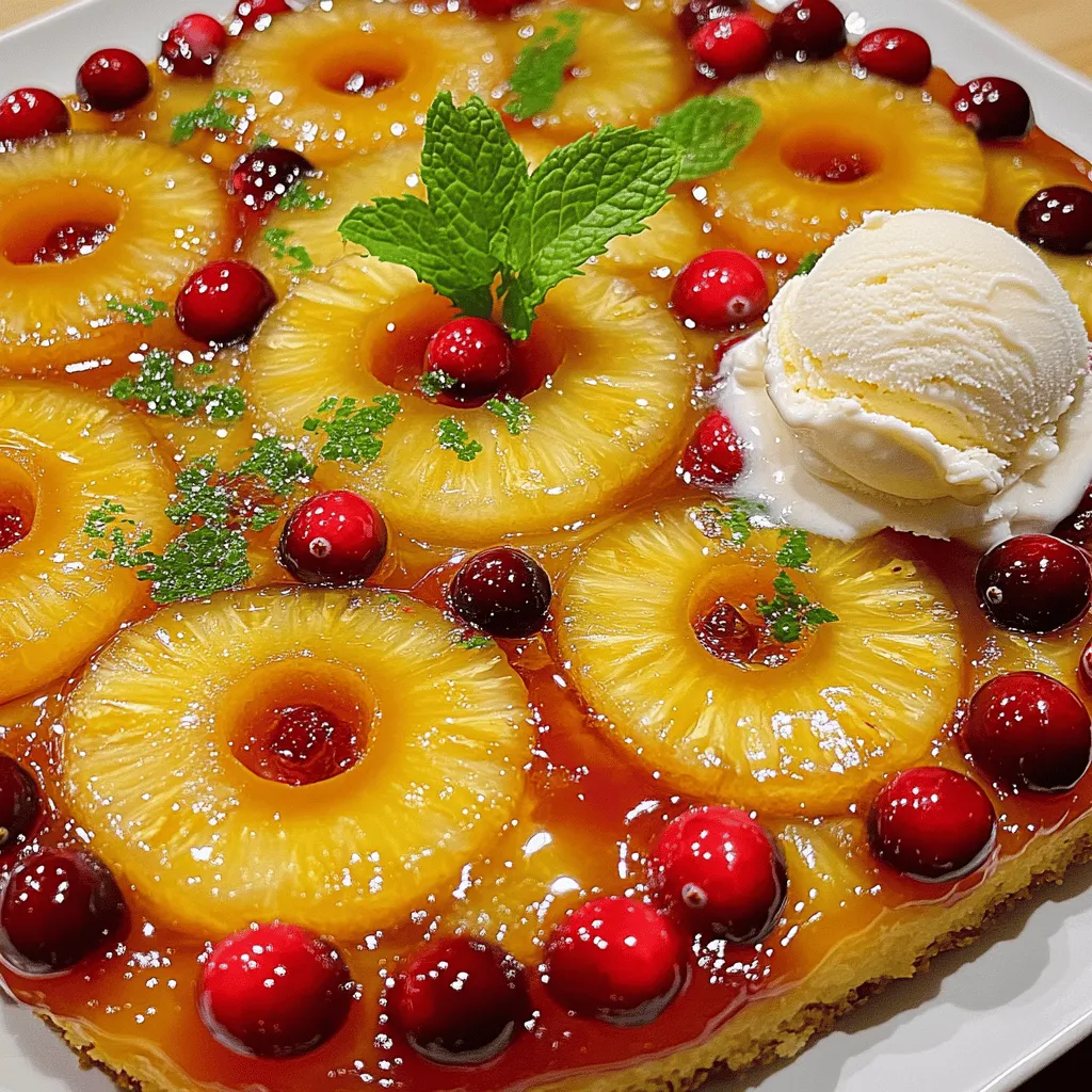 This Cranberry Pineapple Upside-Down Cake is a sweet treat. It combines juicy pineapples and tart cranberries for a burst of flavor. You can find the full recipe above.