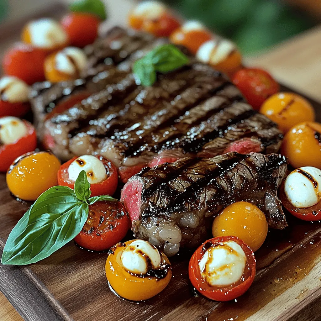 - 2 ribeye steaks (about 1 inch thick) - 1 cup cherry tomatoes, halved - 1 cup fresh mozzarella balls - 1 cup fresh basil leaves - 1/4 cup balsamic vinegar - 2 tablespoons olive oil - 2 cloves garlic, minced - Salt and pepper to taste - Optional: Crushed red pepper flakes for a spicy kick