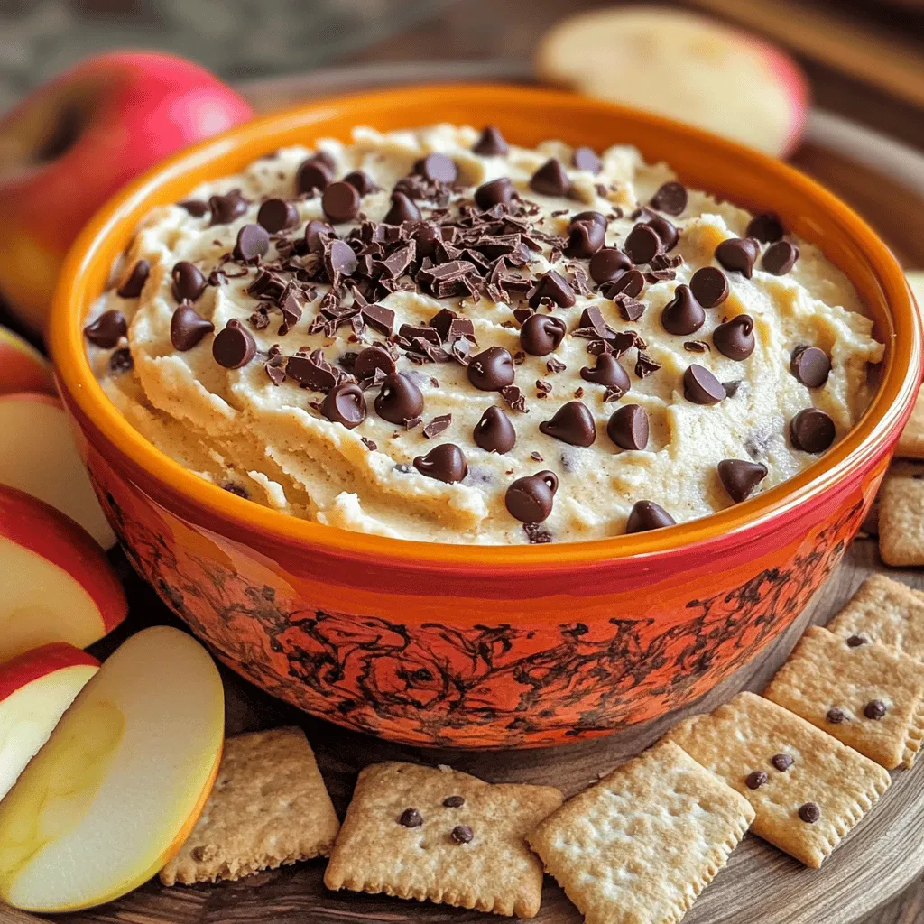 - 1 cup all-purpose flour - ½ cup unsalted butter - ½ cup brown sugar - ¼ cup granulated sugar - 1 (8 oz) package cream cheese - ½ cup mini chocolate chips To make this dip, you need some key ingredients. First, the all-purpose flour gives it a nice texture. Use unsalted butter for a rich taste. Brown sugar adds a delightful caramel flavor, while granulated sugar keeps it sweet. Cream cheese makes the dip creamy and smooth. Finally, mini chocolate chips provide that classic chocolate chip cookie flavor. - ⅓ cup chopped nuts - Assorted dippers (graham crackers, pretzels, apple slices, mini cookies) You can add chopped nuts for crunch. They pair well with the soft dip. For dipping, try graham crackers, pretzels, or apple slices. Mini cookies also make great dippers. These choices add fun and flavor. - Consider using heat-treated flour for safety - How to soften cream cheese effectively Using heat-treated flour is important. It helps kill any bacteria. To soften cream cheese, take it out of the fridge ahead of time. You can also microwave it for a few seconds. Just be careful not to melt it. Soft cream cheese mixes in better, making your dip smooth. - Heating the flour safely: Start by placing the all-purpose flour in a microwave-safe bowl. Heat it on high for 1 minute. This step kills any harmful bacteria. Let it cool slightly before using it. - Mixing the butter and sugars: In a large mixing bowl, add the softened butter, brown sugar, and granulated sugar. Beat these together until the mix is creamy and smooth. This helps create a rich base for your dip. - How to incorporate cream cheese: Next, add the softened cream cheese to the butter and sugar mix. Beat it well until everything is smooth. This gives the dip its creamy texture. - Mixing in key flavors: Stir in the vanilla extract and salt. Mix until fully combined. These flavors enhance the overall taste of your dip. - Folding in chocolate chips and nuts: Gently fold in the mini chocolate chips and chopped nuts, if you are using them. This adds a nice crunch and sweetness to the dip. - Tips for refrigerating the dip: Once everything is mixed, transfer the dip to a serving bowl. If you want it firmer, refrigerate for about 30 minutes. This step makes it easier to scoop with dippers. For the complete recipe, check out the Full Recipe section. For a great texture, start with your ingredients at room temperature. This helps everything mix well. Softened butter and cream cheese blend easily, giving you a smooth dip. Use a hand mixer for the best results. Beat the butter and sugars until fluffy. This step adds air, making the dip light and creamy. You can play with flavors to make the dip your own. Try adding a splash of almond extract for a twist. If you love spices, a pinch of cinnamon works wonders. Using different types of chocolate also adds depth. Dark chocolate chips offer rich flavor, while white chocolate gives sweetness. Mix and match to find your favorite! Presentation makes a big difference. Serve the dip in a bright bowl. Surround it with fun dippers like graham crackers, pretzels, and apple slices. You can even use mini cookies for a double treat! For a special touch, sprinkle some extra chocolate chips on top. This dip is perfect for parties or movie nights. For the full recipe, check out the details above! {{image_2}} You can make this dip healthier. One way is to use Greek yogurt instead of cream cheese. Greek yogurt adds protein and creaminess. It also cuts down on fat. Another tip is to reduce the sugar content. You can use less brown sugar and granulated sugar. This keeps the dip sweet without too many calories. Want to mix it up? Try adding peppermint for a festive twist. It gives a fresh taste that’s perfect for holidays. You can also infuse the dip with different extracts. Almond or coconut extracts work well too. These flavors can make your dip unique and fun. This dip is not just for dipping! You can turn it into a spread for sandwiches. It adds a sweet touch to your lunch. You can also use it in desserts. Try using it as a filling for cupcakes or brownies. The possibilities are endless! For the full recipe of Chocolate Chip Cookie Dough Dip, check it out and start creating. This chocolate chip cookie dough dip lasts about 4 to 5 days in the fridge. To keep it fresh, store it in an airtight container. This helps prevent any odors from the fridge from getting in. You can freeze the dip for up to 3 months. To freeze, place it in a freezer-safe container. Leave some space at the top since it may expand. When you’re ready to enjoy it, move the dip to the fridge to thaw overnight. This keeps its creamy texture intact. Don’t let leftovers go to waste! You can spread the dip on toast or add it to pancakes. It also works great as a filling for desserts like cupcakes or pastries. Think of it as a sweet treat that can add fun to any meal! For the full recipe, check back to make your own delicious dip. No, you should not eat raw flour. Raw flour can contain harmful bacteria. To make it safe, heat-treat the flour. I recommend microwaving it for one minute. This step kills any bacteria and makes it safe to use. Always let it cool before mixing it into your dip. You have many options for dippers. Try these favorites: - Graham crackers - Pretzels - Apple slices - Mini cookies Each of these dippers brings a different taste and texture. The sweet dip pairs well with salty pretzels. Apple slices add a fresh crunch. Mix and match to find your favorite combo. To make this dip vegan, substitute a few key ingredients. Use plant-based butter instead of regular butter. Replace cream cheese with vegan cream cheese. You can also use maple syrup in place of brown sugar. This keeps the flavor rich and creamy while remaining vegan. This dip is quick and easy! The prep time is about 15 minutes. If you chill it, total time is around 45 minutes. So, you can enjoy this tasty treat in no time! This blog post covered simple steps to make a tasty chocolate chip cookie dip. We discussed essential and optional ingredients, plus tips to enhance flavor and texture. You learned about storage, freezing, and how to use leftovers. Don’t forget to experiment with variations, like using Greek yogurt or different extracts. Making this dip is fun and easy. Enjoy it with friends or family as a tasty treat!