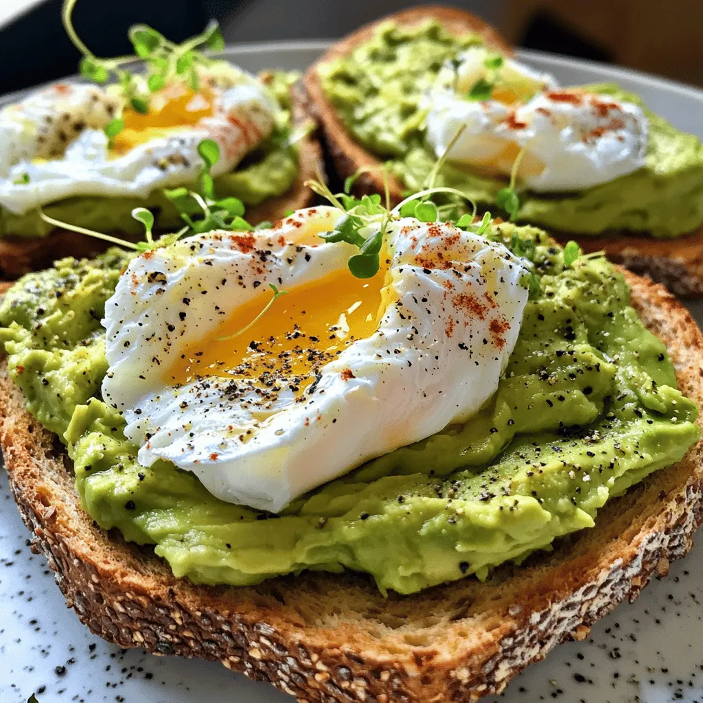 - 2 slices of whole grain or sourdough bread - 1 ripe avocado - 2 large eggs - 1 tablespoon of lemon juice - Salt, to taste - Freshly cracked black pepper, to taste - Red pepper flakes, for garnish (optional) - Microgreens or fresh herbs (such as cilantro or parsley) for topping Avocado toast with a poached egg needs fresh, quality ingredients. I always choose ripe avocados. They should feel soft but not mushy when you press them. Whole grain or sourdough bread gives the best flavor. I recommend toasting it until golden brown. The crunch adds a nice texture. For seasoning, salt and black pepper enhance the dish's taste. A sprinkle of red pepper flakes adds a bit of heat. I like to finish with microgreens or fresh herbs. They bring freshness and color to the plate. For a deeper flavor, lemon juice is key. It brightens the avocado and keeps it from browning. You can use it to mash the avocado. This gives a creamy texture that pairs well with the poached egg. Remember, the right balance of ingredients is crucial. This ensures you get a delicious bite every time! You can find the full recipe to make this delightful dish at home. To start, you need to toast the bread. I like using whole grain or sourdough for the best flavor. Use a toaster or a skillet. Toast until golden brown and crispy. This gives you a strong base for your toppings. Don't rush this step. A good toast holds everything well. Next, let's prepare the avocado. Take a ripe avocado, and cut it in half. Remove the pit. Scoop the flesh into a bowl. Mash it gently with a fork. You want some chunks for texture. Add one tablespoon of lemon juice for brightness. This keeps the avocado fresh and tasty. Season with salt and pepper to enhance the flavor. Mix it all together, but don’t overdo it. Now, it’s time to poach the eggs. Fill a small pot with water and bring it to a gentle simmer. Adding a splash of vinegar helps the egg whites stay together. Crack each egg into a small bowl first. Then, slide the egg into the water. Poach for about 3-4 minutes for a nice runny yolk. If you want it firmer, cook a bit longer. Use a slotted spoon to take the eggs out and let them drain. Let’s put it all together. Take your toasted bread and spread a layer of mashed avocado evenly on each slice. This is where the fun begins. Place a poached egg on top of the avocado on each slice. For the final touch, sprinkle salt, pepper, and red pepper flakes to taste. Add microgreens or fresh herbs for a pop of color and flavor. Your avocado toast is now ready to enjoy! For the full recipe, check the details above. To get the best poached eggs, avoid using water that is at a hard boil. This can break the egg apart. Instead, keep the water at a gentle simmer. It’s best to add a small splash of vinegar to the water. This helps the egg whites stay together. You can use white vinegar or apple cider vinegar for good results. To make your avocado toast even better, try adding extra seasoning. A pinch of garlic powder or paprika can add nice flavor. You could also sprinkle some smoked sea salt for a unique taste. For garnish, microgreens like radish or arugula work well. Fresh herbs like cilantro or parsley will brighten up the dish too. For the bread, you can use many options. Whole grain, sourdough, or even rye can work great. If you want your toast crispy, use a higher heat setting on your toaster. You can also toast it in a skillet for a nice crust. Just keep an eye on it to avoid burning. {{image_2}} To make your avocado toast even better, try adding toppings. Feta cheese adds a creamy, salty flavor. Smoked salmon gives your toast a rich taste. You can also boost flavor with fresh tomatoes. Thinly sliced radishes add crunch and spice. For a vegan option, use tofu or a chickpea mash instead of eggs. Tofu can be crumbled and seasoned to mimic eggs. Chickpeas can be mashed and mixed with lemon juice for a hearty spread. If you're gluten-free, choose bread made from almond flour or rice flour. These options still taste great. Using seasonal ingredients can make your toast fresh and exciting. In spring, add fresh herbs like dill or chives. In fall, roasted pumpkin or squash can add warmth. For the holidays, top your toast with cranberry sauce for a festive twist. These changes keep your meals fun and interesting. For the full recipe, check out the delicious avocado toast with poached egg. To keep your avocado fresh, follow these simple tips: - Use lemon juice: This helps slow browning. - Cover tightly: Store in an airtight container. - Seal with plastic wrap: Press it against the surface of the mash. If you have prepared avocado mash, store it in the fridge. Use it within one day for best taste. For leftover toast, use these methods: - Wrap in foil: This keeps it fresh. - Store in a sealed bag: This also helps. To reheat, pop it back in the toaster for crispness. For poached eggs, store them in a covered dish. Reheat by placing them in warm water for a few minutes. This keeps the yolk runny. To save time, prep components ahead: - Mash the avocado: Store it as mentioned above. - Toast bread in batches: This saves time during the week. Combine flavors for future meals. For example, mix herbs into the avocado mash for a flavor boost. This way, you can enjoy gourmet meals fast! Check out the Full Recipe for more tips. The best bread for avocado toast is whole grain or sourdough. These breads are sturdy and hold the toppings well. Whole grain adds fiber, while sourdough gives a tangy taste. You can also try rye or gluten-free options for variety. You can prepare some parts of avocado toast ahead, but it’s best to assemble it fresh. Toasting the bread and poaching the eggs should be done just before serving. You can mash the avocado and store it in an airtight container with lemon juice added to prevent browning. To store leftovers, place the uneaten toast in an airtight container. Keep the avocado mash and poached eggs separate. Store the avocado mash for up to one day in the fridge. Use it quickly to avoid browning. Reheat the toast in a toaster or oven. For a vegan option, try using mashed tofu or chickpea mash. You can season these with salt, pepper, and herbs for extra flavor. Another great alternative is to use avocado slices or a sprinkle of nutritional yeast for a cheesy taste. To make your toast crunchier, toast the bread longer until it is golden brown. You can also try using a broiler for a few seconds for an extra crispy finish. Another tip is to use thicker slices of bread for more crunch. Avocado toast is a simple yet delicious meal. The main ingredients are whole grain bread, ripe avocado, and eggs. Mastering the toast, perfecting the poached eggs, and adding your favorite seasonings can elevate this dish. Experiment with toppings and storage methods to keep it fresh and enjoyable. Lastly, don't forget the fun variations based on seasons and diets! Enjoy making your own unique avocado toast creations. It’s easy, tasty, and sure to impress anyone at your table.