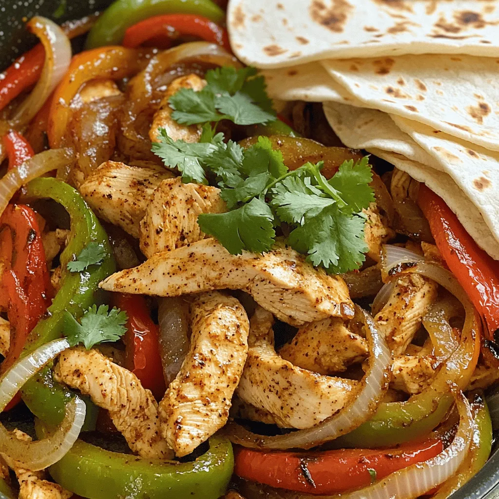 - 2 boneless, skinless chicken breasts, sliced into thin strips - 1 red bell pepper, sliced - 1 green bell pepper, sliced - 1 medium onion, sliced - 3 cloves garlic, minced The main ingredients form the base of your fajitas. The chicken gives protein, while the bell peppers and onion add crunch and sweetness. Garlic enhances the flavor, making each bite tasty. - 2 teaspoons ground cumin - 1 teaspoon smoked paprika - 1 teaspoon chili powder - Salt and pepper to taste The spices add warmth and depth to your dish. Cumin provides an earthy taste. Smoked paprika adds a hint of smokiness. Chili powder brings a gentle heat. Salt and pepper balance everything out. - 2 tablespoons olive oil - Juice of 1 lime - Fresh cilantro for garnish - Flour tortillas for serving Olive oil helps in cooking and adds richness. Lime juice brightens the flavors and gives a fresh kick. Fresh cilantro adds a pop of color and fresh taste. Finally, flour tortillas are essential for wrapping all the goodness. You can find the complete recipe in the Full Recipe section. Enjoy your cooking adventure! First, you need to marinate the chicken. In a big bowl, mix the sliced chicken with olive oil, minced garlic, cumin, smoked paprika, chili powder, salt, and pepper. Make sure every piece gets coated well. This helps the chicken absorb the flavors. Let it sit for at least 15 minutes. This step improves taste. Next, take a large skillet and heat it over medium-high heat. Add the marinated chicken along with the sliced onions and bell peppers. Spread them evenly in the pan. Avoid crowding the pan to ensure even cooking. Cook for about 8-10 minutes. Stir occasionally. The chicken should be cooked through, and the veggies should be tender and a bit charred. Once cooked, squeeze fresh lime juice over the chicken and veggies. This adds a bright flavor that enhances the dish. Stir the mix to combine and cook for one more minute. Remove the pan from heat and let it rest for a couple of minutes. Garnish with freshly chopped cilantro. Serve the fajitas with warm flour tortillas. This allows everyone to build their own tasty meal. For the full recipe, check out the details above. To avoid overcrowding the pan, use a large skillet. If you pack too much food in one spot, it steams instead of browning. This can make your chicken and veggies soggy. Cook in batches if needed, especially if you're feeding a crowd. Spread everything out for even cooking. This gives you that nice char and flavor you want in fajitas. For the best taste, marinate your chicken for at least 15 minutes. If you have more time, let it sit longer. This helps the spices soak in. You can also adjust the seasoning to your liking. Add more chili powder for heat or more cumin for earthiness. Taste as you go, and make it yours! When it comes to toppings, fresh is best. I love adding sliced avocado, pico de gallo, or sour cream. These toppings brighten the dish and add coolness. Serve with warm flour tortillas for a soft, chewy wrap. You can also add sides like black beans or Mexican rice. This makes for a fun and filling meal. Check out the Full Recipe for more details! {{image_2}} You can easily change up this recipe. Try different proteins like shrimp, beef, or tofu. Each brings its own taste and texture. You can also swap the bell peppers for zucchini, mushrooms, or even corn. These swaps keep the meal fresh and fun. You can mix and match ingredients based on what you have at home. This flexibility makes cooking more enjoyable and creative. If you're looking for gluten-free options, use corn tortillas instead of flour ones. You can also skip the tortillas and serve the fajitas over rice. For a low-carb meal, use lettuce wraps for a fresh bite. This way, you can enjoy the same great flavors while sticking to your diet. Customizing meals helps everyone enjoy them together. You can cook fajitas in different ways. If you want to grill, just marinate the chicken and veggies first. Then, cook them on a hot grill for a smoky flavor. You can also bake them in the oven. Spread the marinated mix on a baking sheet and roast at 400°F for about 20 minutes. Both methods give you tasty results. Try these options to find your favorite way to enjoy fajitas. For the full recipe, check the link above. To keep your chicken fajitas fresh, store them in an airtight container. Place the fajitas in the fridge. They will stay good for up to three days. Make sure to cool the fajitas before sealing the container. This helps prevent condensation, which can make them soggy. When you want to enjoy your leftovers, the best way to reheat them is in a skillet. Heat the skillet over medium heat. Add a splash of olive oil to keep everything moist. Cook the fajitas for about five minutes, stirring often. This method helps keep the flavors bright and the texture nice. You can also use a microwave, but be careful. Heat them in short bursts to avoid drying them out. If you want to save fajitas for later, freezing is a great option. Place the cooled fajitas in a freezer-safe bag or container. Make sure to remove as much air as possible. This prevents freezer burn and keeps the taste intact. They can last up to three months in the freezer. To thaw, leave them in the fridge overnight before reheating. This way, the flavor stays rich and delicious. For the full recipe, check out the One-Pan Chicken Fajitas section above. To add some heat, try these tips: - Add more chili powder or cayenne pepper. - Use a spicier pepper, like jalapeño. - Include hot sauce in the marinade. - Serve with a spicy salsa or pico de gallo. These changes let you control the spice level. Start with small amounts, then taste. Adjust until it meets your desire for heat. Yes, you can switch out chicken for other meats. Here are some tasty options: - Beef strips give a rich flavor. - Pork works well and stays tender. - Shrimp cooks quickly and adds a nice twist. - Tofu is great for a vegetarian option. Just adjust cooking times based on the meat you choose. Here are some simple side dishes to enjoy with your fajitas: - Mexican rice adds a nice touch. - Refried beans are hearty and filling. - Fresh guacamole adds creaminess and flavor. - Corn on the cob is sweet and crunchy. - A light salad can balance the meal. These sides make your fajitas even more enjoyable. For the full recipe, check the earlier section. This guide covered all you need to make perfect chicken fajitas. You learned about key ingredients, cooking steps, and helpful tips. Remember, marinating the chicken adds great flavor. Don’t forget to use fresh vegetables and spices. For a twist, try different proteins or cooking methods. Storing leftovers correctly will keep them tasty. Fajitas are fun and easy to customize, so get creative! Enjoy making this delicious dish with your loved ones. Happy cooking!