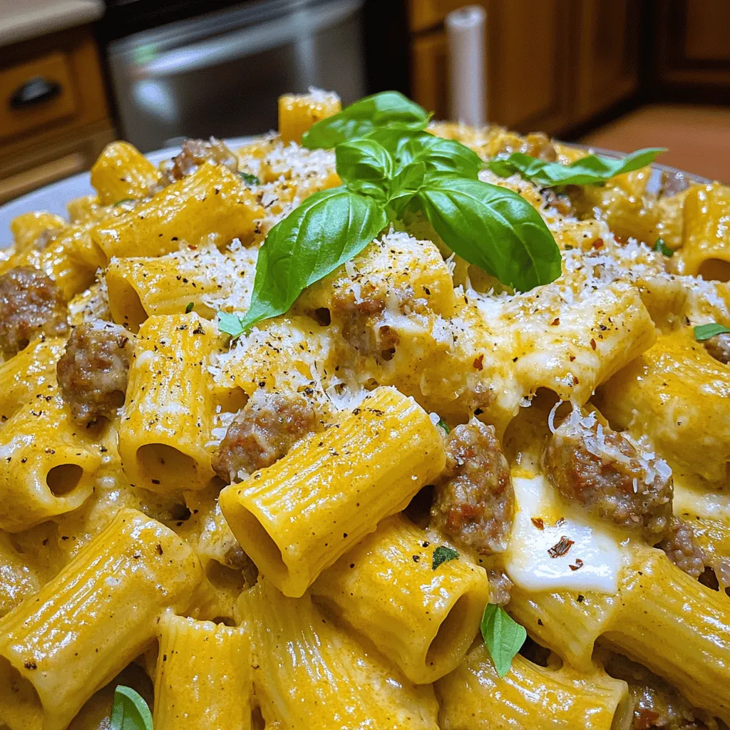 - 12 oz rigatoni pasta - 1 lb Italian sausage (mild or spicy) - 1 medium onion, finely chopped - 3 cloves garlic, minced
