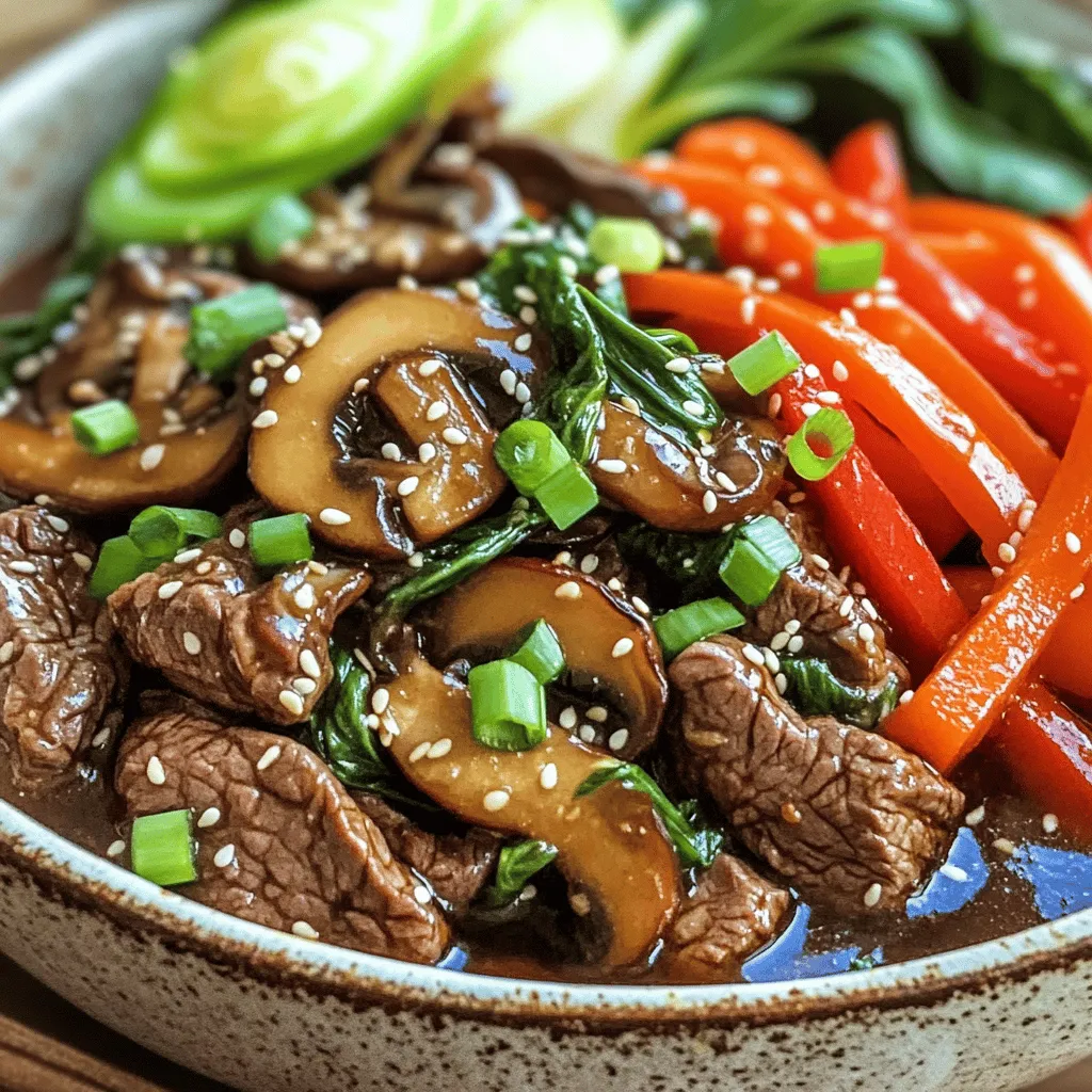 - 500g beef sirloin, thinly sliced - 200g shiitake mushrooms, sliced - 1 red bell pepper, julienned - 2 green onions, chopped - 3 tablespoons soy sauce - 1 tablespoon oyster sauce - 1 tablespoon sesame oil - Salt and pepper to taste - 3 cloves garlic, minced - 1 tablespoon fresh ginger, grated - 1 tablespoon vegetable oil - 1 teaspoon cornstarch mixed with 2 tablespoons water - Sesame seeds for garnish Gathering the right ingredients sets the stage for a great meal. I love using beef sirloin for its rich flavor and tenderness. Shiitake mushrooms add a nice, earthy taste. Red bell pepper brings a pop of color and sweetness. Green onions provide a fresh crunch, perfect for finishing the dish. For the marinade, soy sauce gives depth while oyster sauce adds umami. The sesame oil rounds out the flavors with a nutty touch. I always season with salt and pepper to balance everything. Don’t forget the garlic and ginger! They add a fragrant aroma that makes your kitchen smell amazing. The cornstarch mixed with water helps thicken the sauce, giving it a glossy finish. Lastly, a sprinkle of sesame seeds on top makes everything look beautiful. You can find the full recipe for this dish at [Full Recipe]. Enjoy cooking! To start, you need to marinate the beef. Combine the sliced beef with soy sauce, oyster sauce, and a pinch of black pepper. This will give the beef a savory flavor. Let it marinate for about 15 minutes. This step is key for tender, flavorful meat. Next, heat vegetable oil in a large skillet or wok over medium-high heat. Add the marinated beef to the skillet in a single layer. Cook for 2-3 minutes without stirring until it browns nicely. Flip the beef and cook for another 2 minutes until just cooked through. Once done, remove it from the skillet and set it aside. In the same skillet, add minced garlic and grated ginger. Sauté them for about 30 seconds. This step adds great fragrance. Then, toss in the sliced shiitake mushrooms and red bell pepper. Stir-fry for about 5 minutes or until the mushrooms become tender. After that, return the cooked beef to the skillet. Now, it’s time to thicken the sauce. Add the cornstarch mixture and stir everything together. Cook for another 2-3 minutes. Drizzle sesame oil over the dish for extra flavor. Finally, garnish with chopped green onions and sesame seeds. Serve hot over steamed rice or noodles. This dish is sure to impress! For the detailed recipe, check the [Full Recipe]. To make Asian beef with mushrooms even better, adjust the soy sauce and sesame oil. Each person has a different taste. If you love a salty kick, add more soy sauce. If you want it nutty, increase the sesame oil. Always choose fresh ingredients for maximum flavor. Fresh garlic and ginger boost the dish. Fresh shiitake mushrooms add depth that dried ones can't match. Stir-frying is quick, so use the right heat. Medium-high heat works best to avoid burning. Start with the beef; cook it until browned but not overdone. Remove it from the pan to keep it tender. When you add the garlic and ginger, don’t let them burn. This step adds a lovely aroma that enhances the dish. To round out your meal, serve with steamed rice or noodles. Both options soak up the sauce well. You can also add a colorful side dish like steamed bok choy. For garnish, sprinkle extra green onions and sesame seeds on top. These little touches elevate the presentation. If you want a pop of color, add red bell pepper slices. For the complete guide, refer to the Full Recipe. {{image_2}} You can swap beef for chicken or tofu. Chicken gives a lighter taste, while tofu adds a nice texture. If you use chicken, slice it thinly and marinate just like the beef. For tofu, press it to remove extra water, then cut it into cubes. Both options work well with the flavors in this dish. Try different mushroom types for added flavor. Button mushrooms are mild, while shiitake mushrooms add a rich, earthy taste. You can even mix different mushrooms for a fun twist. For a vegetarian version, replace beef with plant-based meat alternatives. Seitan or tempeh can mimic the texture of beef well. You can also add more veggies for extra flavor and texture. Consider using bell peppers, snap peas, or carrots. They add crunch and color to the dish. Make the dish spicy by adding chili sauce. A tablespoon of sriracha or chili garlic sauce can kick up the heat. If you like it sweet, try adding hoisin sauce or honey. Both will balance the spices and enhance the flavors. Adjust the sauce to suit your taste. You can find the full recipe [here](#). After you finish your meal, let the Asian beef cool down. Transfer it to an airtight container. This keeps the dish fresh. Store it in the fridge for up to three days. If you want to keep it longer, freeze the leftovers. It will stay good for about two months in the freezer. To enjoy your leftovers, you can reheat them easily. If you want to keep the texture, the stovetop is best. Just add a little water or broth to the pan. Heat over medium until warm. Stir to mix flavors back together. You can also use the microwave. Place the beef in a microwave-safe dish. Cover it loosely to keep moisture in. Heat in short bursts, about one minute at a time. Check often to avoid overcooking. To keep your beef tender, slice it thin. Always cut against the grain. This helps break down the muscle fibers. Marinate for at least 15 minutes. Use soy sauce and a bit of sesame oil in your marinade. This adds flavor and moisture. Yes, you can use many types of mushrooms. Button mushrooms work well, too. They have a mild flavor that blends easily. If you want a stronger taste, try portobello or cremini. These mushrooms add depth to your dish. This dish pairs well with rice or noodles. Steamed rice soaks up the sauce nicely. You can also serve it with a fresh salad. A side of bok choy adds color and crunch, too. To serve more people, double the beef and mushrooms. Adjust all other ingredients by the same amount. This keeps the flavor balanced. You can also cook in batches if your skillet is small. To make this dish gluten-free, use tamari instead of soy sauce. Tamari has a similar taste but is gluten-free. Check that your oyster sauce is gluten-free as well. Many brands offer gluten-free options. This article outlined how to make Asian Beef with Mushrooms. We covered the main ingredients, marinade, cooking steps, and tips. Remember, fresh ingredients boost flavor. You can customize the recipe by using chicken or tofu. Store leftovers properly and reheat for the best taste. Whether for a weeknight meal or special occasion, this dish brings joy. Enjoy your cooking adventure and make this recipe your own!